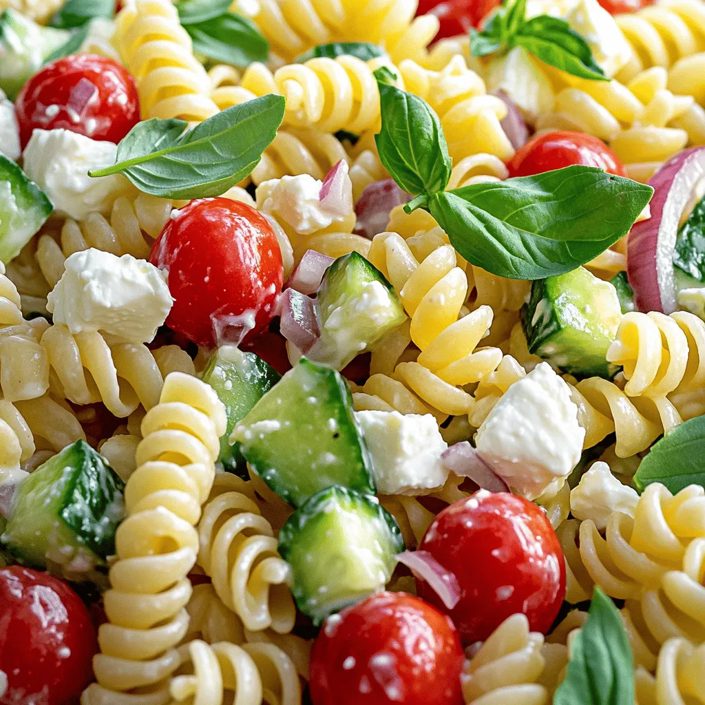 - 8 oz (225 g) fusilli pasta - 1 cup feta cheese, crumbled - 1/2 cup Greek yogurt - 1/4 cup extra virgin olive oil The heart of this creamy feta pasta salad lies in its essential ingredients. Fusilli pasta twists hold the creamy dressing well. I love using crumbled feta cheese for its rich taste. Greek yogurt adds a nice tang. Extra virgin olive oil brings a smooth finish. - 1 cup cherry tomatoes, halved - 1 cucumber, diced - 1/4 red onion, finely chopped Fresh produce makes this dish pop! Cherry tomatoes add sweetness and color. Diced cucumber gives a nice crunch. Finely chopped red onion adds a zesty bite. Together, they create a bright and fresh flavor. - 1 tablespoon fresh lemon juice - 1 teaspoon dried oregano - 1/2 teaspoon garlic powder - Salt and pepper to taste Seasonings bring all the flavors together. Fresh lemon juice brightens the dish. Dried oregano adds a warm, earthy note. Garlic powder gives a hint of savory depth. Don’t forget to add salt and pepper to taste. These small touches make a big difference! For the full recipe, check out the detailed steps to create this delicious salad. To start, bring a large pot of salted water to a boil. This step is key. The salt helps to flavor the pasta as it cooks. Once the water boils, add the fusilli pasta. Cook it according to the package instructions. You want it to be al dente, which means it should still have a bite. This usually takes about 8-10 minutes. After cooking, drain the pasta in a colander. Rinse it under cold water. This stops the cooking and helps cool it down. Set the cooled pasta aside for later. Next, let’s make the creamy dressing. In a medium bowl, add the crumbled feta cheese and Greek yogurt. Use a fork to mash these together until smooth. Then, pour in the extra virgin olive oil and the fresh lemon juice. Add the dried oregano and garlic powder too. Don’t forget a pinch of salt and pepper! Mix everything well. Taste it and adjust the seasoning if needed. This creamy dressing is what makes the salad shine. Now it’s time to combine everything. In a large mixing bowl, add the cooled fusilli pasta. Then, toss in the halved cherry tomatoes, diced cucumber, and finely chopped red onion. Mix these gently so the pasta and veggies blend well. Next, drizzle the creamy feta dressing over the pasta mixture. Use a spatula to toss it all together. Make sure every piece is coated with the dressing. Finally, cover the bowl and chill the salad in the fridge for at least 30 minutes. This allows all the flavors to meld beautifully. Enjoy your creamy feta pasta salad! For the complete recipe, check out the Full Recipe section. - Importance of chilling: Chilling your salad is key. It helps flavors blend. After mixing, cover the bowl and place it in the fridge for at least 30 minutes. This wait makes a big difference. - Adjusting flavors with seasoning: Taste your dressing as you mix. You can add a pinch more salt or lemon juice. These small tweaks can really elevate the dish. - Using high-quality ingredients: Choose fresh pasta and good feta cheese. Quality can change the taste. A rich, creamy feta makes the salad special. - Serving suggestions: Serve the pasta salad in a big bowl for sharing. Or, portion it into smaller bowls for a nice touch. - Garnishing with fresh basil: Fresh basil leaves make a great garnish. They add color and a lovely aroma. Just sprinkle them on top before serving. - Serving in different dishware: Use a colorful plate or a glass bowl. These choices can make your dish pop and look more inviting. - How long it lasts in the fridge: The salad stays fresh for about 3 days when kept in the fridge. Just make sure it’s sealed well. - Reheating tips and reminders: You can enjoy this salad cold or at room temperature. If you heat it, don’t microwave for too long. This keeps the texture nice. {{image_4}} You can boost the protein in your creamy feta pasta salad easily. - Adding grilled chicken: Cook some chicken breast on the grill. Slice it up and toss it in the salad for a hearty meal. The smoky flavor pairs well with the creamy dressing. - Incorporating shrimp or salmon: If you like seafood, shrimp or salmon works great. Cook shrimp until pink and mix it in. For salmon, bake or grill it and flake it into the salad. Both options add a tasty twist. Even if you want to keep it vegetarian, there are fun swaps to try. - Substituting feta with another cheese: If you don’t have feta, try goat cheese or ricotta. Both will give your salad a creamy texture and rich taste. - Adding more veggies like bell peppers: Load up on colorful veggies! Diced bell peppers, zucchini, or even spinach can add crunch and freshness. This makes your salad more vibrant and healthy. Changing up the dressing can really change the dish. - Using lemon vinaigrette: If you want a lighter option, mix olive oil, lemon juice, and a hint of honey. This will give a zesty kick to the salad. - Experimenting with pesto: Pesto is another great choice. It adds a fresh, herbal flavor. Just mix it in with your pasta and veggies for a new taste. For the full recipe, check out the Creamy Feta Pasta Salad instructions above! To keep your creamy feta pasta salad fresh, store it in the fridge. Place the salad in an airtight container. This keeps out moisture and other odors. Make sure to cover it tightly. Your salad will stay good for about three to five days. You can freeze this salad, but be aware it may change texture. If you freeze it, use a freezer-safe container. When you want to eat it, thaw it overnight in the fridge. Avoid refreezing to keep the best taste. Check for signs of spoilage before enjoying your salad. Look for any unusual smells or changes in color. If the salad feels slimy or has visible mold, it’s time to toss it. Typically, the salad lasts three to five days in the fridge. Always use your best judgment. To make this salad, start by cooking fusilli pasta until it is al dente. Drain and cool it under cold water. In a bowl, mix crumbled feta, Greek yogurt, olive oil, lemon juice, oregano, garlic powder, salt, and pepper. Mash these ingredients until creamy. Next, combine the cooled pasta with cherry tomatoes, cucumber, and red onion. Drizzle the creamy dressing over the pasta and toss gently. Chill the salad for at least 30 minutes before serving. This allows the flavors to mix well. You can find the detailed steps in the Full Recipe. Yes, you can use different pasta shapes. I recommend using bowtie or penne pasta for a fun twist. These shapes hold the dressing well and add texture. You can also try whole wheat or gluten-free pasta for a healthier option. Just make sure to adjust cooking times based on the pasta you choose. Absolutely! To make this salad vegan, replace feta with a vegan cheese option. You can also use dairy-free yogurt instead of Greek yogurt. For an extra flavor boost, add some nutritional yeast. This will give a cheesy taste without dairy. Using fresh herbs can also enhance the flavor, keeping it vibrant and fresh. You can store leftovers in the fridge for up to three days. Make sure to cover the salad tightly to keep it fresh. If the salad becomes too dry, add a splash of olive oil or lemon juice before serving. Always check for any signs of spoilage before eating. If it smells off or looks strange, it’s best to toss it out. This blog post covered how to make a Creamy Feta Pasta Salad. We looked at essential ingredients like fusilli pasta, feta, and fresh veggies. Detailed instructions guided you through cooking pasta and preparing a creamy dressing. I shared tips for enhancing flavor and presentation. Variations allow for protein additions or different dressings. Lastly, I provided storage advice to keep your salad fresh. Enjoy making this easy, tasty dish for any gathering or meal!