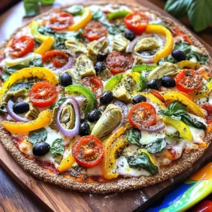 - 1 pre-made whole wheat pizza crust - 1/2 cup rich pizza sauce - 1 cup shredded mozzarella cheese - 1/2 cup assorted bell peppers (red, yellow, and green), thinly sliced - 1/2 cup cherry tomatoes, halved - 1/2 cup red onion, thinly sliced - 1/2 cup fresh spinach leaves - 1/4 cup black olives, sliced - 1/4 cup artichoke hearts, coarsely chopped - 1 tablespoon extra virgin olive oil - 1 teaspoon dried oregano - Salt and freshly cracked pepper to taste Each ingredient adds flavor and nutrition to your pizza. Whole wheat crust gives fiber for good digestion. Pizza sauce offers vitamins from tomatoes and antioxidants. Mozzarella cheese provides protein and calcium for strong bones. Bell peppers are high in vitamins A and C, boosting your immune system. Cherry tomatoes bring lycopene, which may help heart health. Red onions add quercetin, known for its anti-inflammatory properties. Spinach is rich in iron, supporting healthy blood. Black olives offer healthy fats, while artichoke hearts are high in fiber and antioxidants. Olive oil contains healthy fats and may support heart health. Oregano has antioxidants that can help fight bacteria. Salt and pepper enhance flavor but should be used in moderation. You can easily swap ingredients to fit your needs. For a gluten-free option, use a gluten-free crust. If you want a vegan pizza, replace mozzarella with vegan cheese. You can also try different veggies, like zucchini or mushrooms, for a new taste. If you dislike olives, leave them out and add more spinach or artichokes. Want less fat? Use less cheese or skip the olive oil. These simple swaps can create a pizza that suits your taste and dietary needs while still being delicious. For the full recipe, check out the complete guide above. First, set your oven to 475°F (245°C). This heat makes the crust crispy. While it warms up, grab your pre-made whole wheat pizza crust. Lay it flat on a baking sheet or pizza stone. This helps the crust cook evenly. Now it’s time to build your pizza. Start by spreading 1/2 cup of rich pizza sauce on the crust. Use a spatula or a spoon for this. Leave a small edge for the crust. Next, sprinkle 1 cup of shredded mozzarella cheese evenly over the sauce. For a colorful look, arrange 1/2 cup of sliced bell peppers, 1/2 cup of halved cherry tomatoes, and 1/2 cup of thinly sliced red onion in circles on top of the cheese. Then, add 1/2 cup of fresh spinach leaves on top. Finish with 1/4 cup of sliced black olives and 1/4 cup of coarsely chopped artichoke hearts. Drizzle 1 tablespoon of extra virgin olive oil over everything. Sprinkle 1 teaspoon of dried oregano, and season with salt and pepper according to your taste. Carefully place the pizza in your preheated oven. Bake it for 12-15 minutes. Look for bubbly cheese and a golden-brown crust. Once it’s ready, take it out and let it cool for a few minutes. After that, slice it into wedges and enjoy! For the full recipe, you can refer back to the beginning. To get a crispy crust, start with a hot oven. Preheat your oven to 475°F (245°C). This heat will help the crust become nice and crunchy. If you use a pizza stone, heat it as well. Place the crust flat on the stone or a baking sheet. This way, the bottom cooks evenly. Avoid thick crusts; they tend to get soggy. A thinner whole wheat crust is perfect for this recipe. Seasoning makes your pizza extra tasty. Use a drizzle of extra virgin olive oil on top before baking. This adds flavor and helps the veggies cook well. Sprinkle on some dried oregano for that classic Italian taste. Fresh herbs like basil can also add a fresh kick. For a bit of heat, add some crushed red pepper flakes. Remember, salt and pepper are key. Just a pinch of each enhances all the flavors. A beautiful pizza looks great on the table. After baking, slice it into colorful wedges. Use a bright platter to showcase the rainbow of veggies. For an extra touch, add fresh basil leaves on top. A sprinkle of chili flakes can add color and flair. This makes your pizza not just tasty but also pretty. Your family and friends will love the look and taste of your rainbow veggie pizza! {{image_4}} You can mix up the veggies for your Rainbow Veggie Pizza. Try using zucchini, mushrooms, or carrots for a new twist. Cauliflower or broccoli work well too. These options add different flavors and textures. Experiment with seasonal vegetables to enjoy fresh, local produce. A colorful mix makes your pizza even more appealing. If you want a vegan version, skip the mozzarella cheese. Use a vegan cheese alternative or nutritional yeast for a cheesy taste. For gluten-free choices, select a gluten-free pizza crust. Many stores sell these now. You can also make one from cauliflower or chickpea flour. Get creative with your toppings! Add fresh herbs like basil, cilantro, or parsley for added flavor. You can also sprinkle seeds, like sunflower or pumpkin, for a crunch. For a kick, try jalapeños or red pepper flakes. A drizzle of balsamic glaze before serving adds a sweet touch. Check out the Full Recipe for more ideas! To store leftover Rainbow Veggie Pizza, first let it cool. Wrap each slice tightly in plastic wrap. You can also use aluminum foil. Place the wrapped slices in an airtight container. This helps keep the pizza fresh. Store it in the fridge for up to three days. When you’re ready to eat the pizza, reheating it is key. Preheat your oven to 375°F (190°C). Place the slices on a baking sheet. Heat for about 10 minutes. This helps the crust stay crisp. You can also use a skillet. Heat it over medium heat and cover it with a lid. This keeps the cheese gooey and delicious. If you want to save pizza for later, freezing is a great option. Wrap each slice in plastic wrap tightly, then place in a freezer bag. Squeeze out as much air as you can. This prevents freezer burn. You can freeze it for up to two months. To reheat, let it thaw in the fridge overnight. Then, use the oven method to bring back that fresh taste. For all the details, check the Full Recipe. The best pizza crust is a pre-made whole wheat crust. It gives a nice, nutty flavor. Whole wheat crusts are also healthier than white flour crusts. You can also try a thin crust if you want something crispier. For a classic taste, traditional pizza dough works well too. Always choose a crust that you enjoy the most. Yes, you can use frozen vegetables for this pizza. They save time and add great flavor. Just make sure to thaw and drain them first. This step keeps the pizza from getting soggy. Frozen bell peppers and spinach work well. They are easy to use and still healthy. To make the pizza gluten-free, use a gluten-free pizza crust. There are many good options available in stores. You can also make your own crust using gluten-free flour. Just follow your favorite gluten-free recipe. This way, everyone can enjoy the pizza without worry. For a fun twist, try using a cauliflower crust for a veggie-packed base. For the full recipe, check out the Rainbow Veggie Pizza Delight. We covered how to make a tasty Rainbow Veggie Pizza. You learned about the ingredients, their benefits, and substitutions. The step-by-step guide helped you prepare, assemble, and bake your pizza. I shared tips for a crispy crust, seasoning, and serving. You also explored variations and storage tips, plus answered common questions. Now, you can enjoy a delicious pizza that fits your needs and taste! Get cooking!