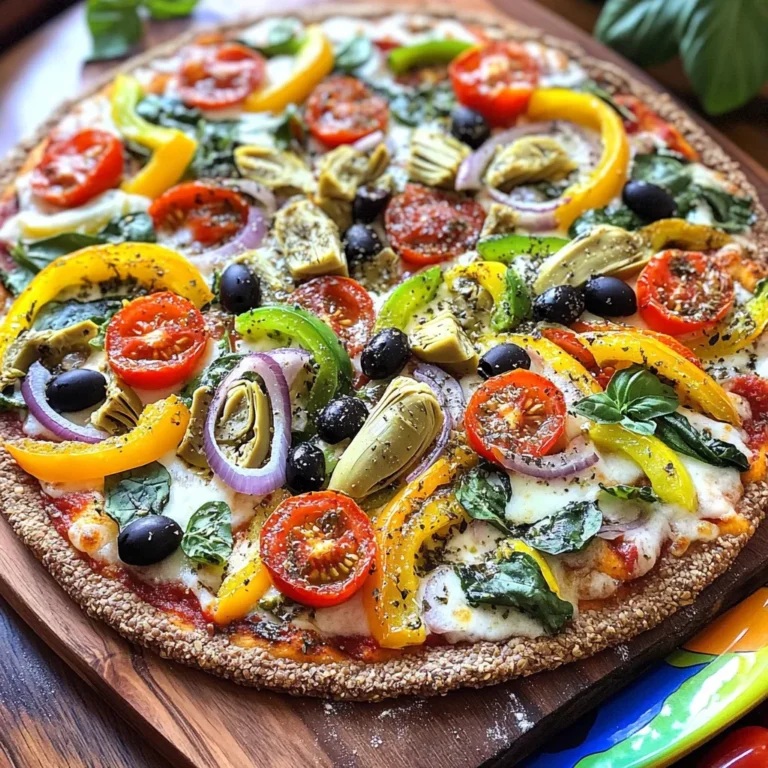 - 1 pre-made whole wheat pizza crust - 1/2 cup rich pizza sauce - 1 cup shredded mozzarella cheese - 1/2 cup assorted bell peppers (red, yellow, and green), thinly sliced - 1/2 cup cherry tomatoes, halved - 1/2 cup red onion, thinly sliced - 1/2 cup fresh spinach leaves - 1/4 cup black olives, sliced - 1/4 cup artichoke hearts, coarsely chopped - 1 tablespoon extra virgin olive oil - 1 teaspoon dried oregano - Salt and freshly cracked pepper to taste Each ingredient adds flavor and nutrition to your pizza. Whole wheat crust gives fiber for good digestion. Pizza sauce offers vitamins from tomatoes and antioxidants. Mozzarella cheese provides protein and calcium for strong bones. Bell peppers are high in vitamins A and C, boosting your immune system. Cherry tomatoes bring lycopene, which may help heart health. Red onions add quercetin, known for its anti-inflammatory properties. Spinach is rich in iron, supporting healthy blood. Black olives offer healthy fats, while artichoke hearts are high in fiber and antioxidants. Olive oil contains healthy fats and may support heart health. Oregano has antioxidants that can help fight bacteria. Salt and pepper enhance flavor but should be used in moderation. You can easily swap ingredients to fit your needs. For a gluten-free option, use a gluten-free crust. If you want a vegan pizza, replace mozzarella with vegan cheese. You can also try different veggies, like zucchini or mushrooms, for a new taste. If you dislike olives, leave them out and add more spinach or artichokes. Want less fat? Use less cheese or skip the olive oil. These simple swaps can create a pizza that suits your taste and dietary needs while still being delicious. For the full recipe, check out the complete guide above. First, set your oven to 475°F (245°C). This heat makes the crust crispy. While it warms up, grab your pre-made whole wheat pizza crust. Lay it flat on a baking sheet or pizza stone. This helps the crust cook evenly. Now it’s time to build your pizza. Start by spreading 1/2 cup of rich pizza sauce on the crust. Use a spatula or a spoon for this. Leave a small edge for the crust. Next, sprinkle 1 cup of shredded mozzarella cheese evenly over the sauce. For a colorful look, arrange 1/2 cup of sliced bell peppers, 1/2 cup of halved cherry tomatoes, and 1/2 cup of thinly sliced red onion in circles on top of the cheese. Then, add 1/2 cup of fresh spinach leaves on top. Finish with 1/4 cup of sliced black olives and 1/4 cup of coarsely chopped artichoke hearts. Drizzle 1 tablespoon of extra virgin olive oil over everything. Sprinkle 1 teaspoon of dried oregano, and season with salt and pepper according to your taste. Carefully place the pizza in your preheated oven. Bake it for 12-15 minutes. Look for bubbly cheese and a golden-brown crust. Once it’s ready, take it out and let it cool for a few minutes. After that, slice it into wedges and enjoy! For the full recipe, you can refer back to the beginning. To get a crispy crust, start with a hot oven. Preheat your oven to 475°F (245°C). This heat will help the crust become nice and crunchy. If you use a pizza stone, heat it as well. Place the crust flat on the stone or a baking sheet. This way, the bottom cooks evenly. Avoid thick crusts; they tend to get soggy. A thinner whole wheat crust is perfect for this recipe. Seasoning makes your pizza extra tasty. Use a drizzle of extra virgin olive oil on top before baking. This adds flavor and helps the veggies cook well. Sprinkle on some dried oregano for that classic Italian taste. Fresh herbs like basil can also add a fresh kick. For a bit of heat, add some crushed red pepper flakes. Remember, salt and pepper are key. Just a pinch of each enhances all the flavors. A beautiful pizza looks great on the table. After baking, slice it into colorful wedges. Use a bright platter to showcase the rainbow of veggies. For an extra touch, add fresh basil leaves on top. A sprinkle of chili flakes can add color and flair. This makes your pizza not just tasty but also pretty. Your family and friends will love the look and taste of your rainbow veggie pizza! {{image_4}} You can mix up the veggies for your Rainbow Veggie Pizza. Try using zucchini, mushrooms, or carrots for a new twist. Cauliflower or broccoli work well too. These options add different flavors and textures. Experiment with seasonal vegetables to enjoy fresh, local produce. A colorful mix makes your pizza even more appealing. If you want a vegan version, skip the mozzarella cheese. Use a vegan cheese alternative or nutritional yeast for a cheesy taste. For gluten-free choices, select a gluten-free pizza crust. Many stores sell these now. You can also make one from cauliflower or chickpea flour. Get creative with your toppings! Add fresh herbs like basil, cilantro, or parsley for added flavor. You can also sprinkle seeds, like sunflower or pumpkin, for a crunch. For a kick, try jalapeños or red pepper flakes. A drizzle of balsamic glaze before serving adds a sweet touch. Check out the Full Recipe for more ideas! To store leftover Rainbow Veggie Pizza, first let it cool. Wrap each slice tightly in plastic wrap. You can also use aluminum foil. Place the wrapped slices in an airtight container. This helps keep the pizza fresh. Store it in the fridge for up to three days. When you’re ready to eat the pizza, reheating it is key. Preheat your oven to 375°F (190°C). Place the slices on a baking sheet. Heat for about 10 minutes. This helps the crust stay crisp. You can also use a skillet. Heat it over medium heat and cover it with a lid. This keeps the cheese gooey and delicious. If you want to save pizza for later, freezing is a great option. Wrap each slice in plastic wrap tightly, then place in a freezer bag. Squeeze out as much air as you can. This prevents freezer burn. You can freeze it for up to two months. To reheat, let it thaw in the fridge overnight. Then, use the oven method to bring back that fresh taste. For all the details, check the Full Recipe. The best pizza crust is a pre-made whole wheat crust. It gives a nice, nutty flavor. Whole wheat crusts are also healthier than white flour crusts. You can also try a thin crust if you want something crispier. For a classic taste, traditional pizza dough works well too. Always choose a crust that you enjoy the most. Yes, you can use frozen vegetables for this pizza. They save time and add great flavor. Just make sure to thaw and drain them first. This step keeps the pizza from getting soggy. Frozen bell peppers and spinach work well. They are easy to use and still healthy. To make the pizza gluten-free, use a gluten-free pizza crust. There are many good options available in stores. You can also make your own crust using gluten-free flour. Just follow your favorite gluten-free recipe. This way, everyone can enjoy the pizza without worry. For a fun twist, try using a cauliflower crust for a veggie-packed base. For the full recipe, check out the Rainbow Veggie Pizza Delight. We covered how to make a tasty Rainbow Veggie Pizza. You learned about the ingredients, their benefits, and substitutions. The step-by-step guide helped you prepare, assemble, and bake your pizza. I shared tips for a crispy crust, seasoning, and serving. You also explored variations and storage tips, plus answered common questions. Now, you can enjoy a delicious pizza that fits your needs and taste! Get cooking!