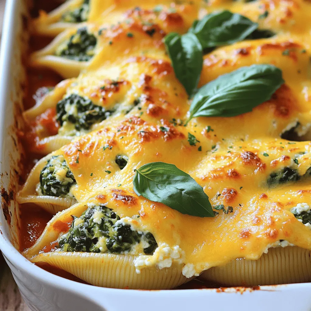 To make delicious spinach ricotta stuffed shells, gather these key ingredients: - 20 jumbo pasta shells - 2 cups fresh spinach, finely chopped - 1 cup creamy ricotta cheese - 1 cup shredded mozzarella cheese, divided - ½ cup grated Parmesan cheese - 1 large egg, lightly beaten - 2 cups marinara sauce, divided - 1 teaspoon garlic powder - 1 teaspoon onion powder - Salt and pepper, to taste - Fresh basil leaves, for garnish These ingredients create a rich and tasty filling. The spinach adds color and nutrition. The ricotta provides creaminess, while the mozzarella and Parmesan give a cheesy, savory flavor. While ricotta is the star, you can try other cheeses too. Here are some tasty options: - Cottage cheese: It’s similar to ricotta but a bit lighter. - Goat cheese: This adds a tangy flavor. - Cream cheese: It gives a rich, creamy texture. Feel free to mix and match! This lets you customize the taste to your liking. A good marinara sauce makes your dish shine. You can use store-bought or homemade. Here are some options: - Classic marinara: A simple, tomato-based sauce for a traditional taste. - Marinara with herbs: Look for added basil or oregano for extra flavor. - Spicy marinara: If you like heat, go for a sauce with red pepper flakes. You can find a perfect sauce that matches your style. The right sauce ties the whole dish together and makes it even more delicious. For the full recipe, check here: [Full Recipe]. Start by preheating your oven to 375°F (190°C). This heat will help cook the stuffed shells just right. Next, take a big pot and fill it with salted water. Bring the water to a boil. Once boiling, gently add the jumbo pasta shells. Cook them for 8-10 minutes until they are al dente. Be careful not to overcook them, or they will break. After cooking, drain the shells and let them cool for a bit. This step is vital for easy handling later. In a large bowl, mix the following ingredients for the filling: - 2 cups fresh spinach, finely chopped - 1 cup creamy ricotta cheese - ½ cup grated Parmesan cheese - 1 large egg, lightly beaten - 1 teaspoon garlic powder - 1 teaspoon onion powder - Salt and pepper, to taste Stir these ingredients until they blend well. The spinach should be evenly mixed with the cheeses and spices. This filling will give your shells a rich taste. Take a spoon and fill each jumbo shell with the spinach-ricotta mixture. Place the filled shells in a greased baking dish. Make sure they sit nicely side by side. After all shells are filled, pour half of the marinara sauce over them. This sauce keeps the shells moist and adds flavor. Next, sprinkle the remaining mozzarella cheese on top. Pour the rest of the marinara sauce over the shells. Cover the dish with aluminum foil to keep moisture in. Bake for 25 minutes. After that, remove the foil and bake for another 10-15 minutes. You want the cheese to be golden brown and bubbly. Let the shells cool a bit before serving. Garnish with fresh basil leaves for a pop of color and flavor. For the full recipe, check it out [Full Recipe]. When making spinach ricotta stuffed shells, some common mistakes can ruin the dish. First, avoid overcooking the pasta shells. They should be al dente, or firm. If you cook them too long, they may break apart when you fill them. Also, do not skimp on seasoning. Salt and pepper in the filling enhance the flavors. Lastly, ensure your filling is well mixed. Uneven filling can lead to bland bites. You can easily make this dish ahead of time. Prepare the stuffed shells as normal, but do not bake them. Instead, cover the dish with plastic wrap and foil. You can freeze them for up to three months. When you are ready to eat, bake them straight from the freezer. Just add an extra 10-15 minutes to the cooking time. This way, you have a delicious meal ready to go! To serve these stuffed shells, try pairing them with a simple salad or garlic bread. A fresh green salad adds a nice crunch. You can also sprinkle extra cheese or crushed red pepper on top for more flavor. For a touch of color, add fresh basil leaves as a garnish. It makes the dish look vibrant and appetizing. These little details make your meal special and enjoyable! For the full recipe, check the section above. {{image_4}} You can easily add meat to your spinach ricotta stuffed shells. Ground beef, turkey, or chicken work well. Just cook the meat in a skillet until it turns brown. Mix it into your filling of spinach and ricotta. This adds flavor and protein. It makes the dish heartier. If you want a vegetarian twist, try using different cheeses. Feta or goat cheese can add a nice tang. You can also mix in more veggies. Chopped mushrooms, bell peppers, or zucchini will enhance the filling. These options keep the dish fresh and exciting while still being meat-free. For gluten-free stuffed shells, look for gluten-free pasta shells. Many brands offer great options made from rice or corn. Cook them according to the package instructions. This way, you can enjoy delicious stuffed shells without gluten. The taste and texture remain satisfying, making it a great choice for everyone. You can find the full recipe [here](#). Store any leftover spinach ricotta stuffed shells in an airtight container. Allow them to cool first. This way, you keep the flavors fresh. You can also wrap them in plastic wrap if you prefer. To reheat, use your oven for the best results. Preheat your oven to 350°F (175°C). Place the stuffed shells in a baking dish. Cover with foil to keep them moist. Bake for about 20 minutes, or until warm. If you want to use a microwave, heat in short bursts. Stir gently between each burst to avoid hot spots. In the fridge, the stuffed shells last about 3-5 days. If you want to keep them longer, freeze them. In the freezer, they can last up to 3 months. To freeze, wrap them tightly in plastic wrap and then foil. This prevents freezer burn. When ready to eat, thaw in the fridge overnight before reheating. For the full recipe, check out the details above. You can use cottage cheese as a substitute for ricotta cheese. Blend it until smooth for a similar texture. Another option is cream cheese mixed with a bit of milk. This mix gives a rich flavor. If you want a dairy-free choice, try tofu blended with lemon juice and nutritional yeast. Each of these options works well in the recipe. You can use both fresh and frozen spinach. Fresh spinach gives you a bright taste. Just wash and chop it finely. Frozen spinach is easy and saves time. Make sure to thaw it and squeeze out the water. Too much water will make your filling soggy. Either choice will work well in your stuffed shells. The stuffed shells are done when the cheese is golden brown and bubbly. Bake them covered for the first 25 minutes. Then, remove the foil and bake for an extra 10-15 minutes. Check the edges of the sauce to see if it’s bubbling. If you see that, your stuffed shells are ready to enjoy. For more details, refer to the Full Recipe. In this post, we covered how to make spinach ricotta stuffed shells. We explored main ingredients, cheese choices, and marinara sauce options. I shared step-by-step instructions for cooking, filling, and baking. You learned tips to avoid mistakes and how to serve and store leftovers. Spinach ricotta stuffed shells are versatile and fun to make. With the right ingredients and techniques, you can enjoy a delicious meal that suits your taste. So, gather your ingredients, and get cooking!