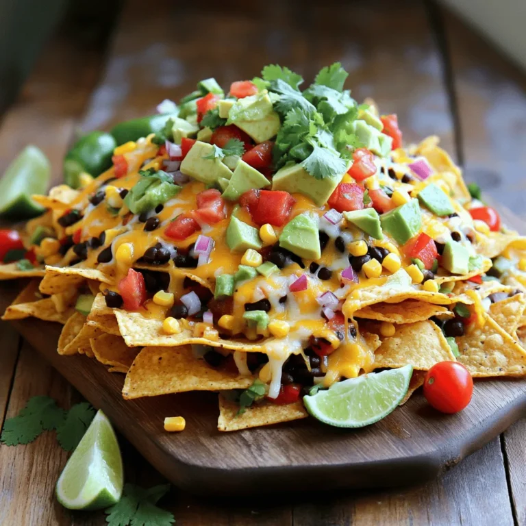 To make loaded veggie nachos, gather these tasty items: - 1 bag (12 oz) tortilla chips - 1 cup black beans, rinsed and drained - 1 cup corn kernels (fresh or frozen) - 1 medium bell pepper, diced - 1 medium red onion, finely chopped - 1 jalapeño, sliced - 1 ripe avocado, diced - 1 cup cherry tomatoes, halved - 1 cup shredded cheese (cheddar or a vegan alternative) These ingredients bring a burst of color and flavor to your nachos. The tortilla chips form a crunchy base. The black beans and corn add protein and sweetness. Fresh veggies like bell peppers and tomatoes brighten the dish. Jalapeños give it a nice kick, while avocado adds creaminess. Now, we need some great seasonings and garnishes: - 1 tablespoon olive oil - 1 teaspoon chili powder - 1 teaspoon ground cumin - Salt and pepper, to taste - Fresh cilantro, chopped, for garnish - Lime wedges, for serving The olive oil helps cook the veggies and adds richness. Chili powder and cumin bring warmth and depth of flavor. Salt and pepper enhance everything. Fresh cilantro adds a pop of freshness, while lime wedges provide a bright, zesty finish. For the full recipe, you can check out the detailed instructions. Enjoy making your loaded veggie nachos! Preheating the oven Start by preheating your oven to 400°F (200°C). This step is key for making your nachos crispy and delicious. Sautéing the vegetables In a large skillet, pour in one tablespoon of olive oil. Set the heat to medium. Add the chopped red onion and diced bell pepper. Sauté them for about 3-4 minutes. Stir often until they begin to soften. Then, mix in the corn, black beans, and sliced jalapeño. Add one teaspoon of chili powder and one teaspoon of ground cumin. Sprinkle some salt and pepper to taste. Cook this mixture for an additional 2-3 minutes. Stir occasionally until it is warm and fragrant. Layering tortilla chips and sautéed veggies Grab a large, rimmed baking sheet. Spread out the tortilla chips evenly. This creates a solid base for your toppings. Then spoon the sautéed veggie mixture over the chips. Make sure every chip gets a taste of those tasty veggies. Adding cheese for meltiness Now, generously sprinkle one cup of shredded cheese on top. I recommend cheddar or a vegan option. This cheese will melt beautifully, giving your nachos that gooey goodness. Baking time and temperature for perfect nachos Slide your loaded nachos into the preheated oven. Bake them for 10-12 minutes. Keep an eye on them as they cook. Tips for checking doneness You'll know your nachos are done when the cheese is melted and bubbly. Look for a light brown color on top. This means they are ready for you to enjoy! For the full recipe, check out the detailed instructions above. To make loaded veggie nachos shine, layer your toppings wisely. Start with a sturdy base of tortilla chips. Spread them evenly on a baking sheet. This helps every chip get the right toppings. For toppings, use a spoon to distribute the veggies. This makes sure each chip gets some black beans, corn, and peppers. Avoid piling too much on one area. This keeps the nachos balanced and tasty. To prevent soggy chips, bake the nachos right away. If you wait too long, moisture from the toppings can soak into the chips. You can also add cheese first before the veggies. This forms a protective layer, keeping chips crisp. Choosing the right cheese is key for nachos. I love using sharp cheddar for its rich taste. Other great choices include Monterey Jack or a vegan cheese. These melt well and taste great. To achieve the perfect melt, shred your cheese yourself. Pre-shredded cheese often has added starch, which can prevent melting. Spread the cheese evenly over the toppings. This ensures every bite has gooey goodness. Bake your nachos until the cheese bubbles and slightly browns. This usually takes about 10-12 minutes at 400°F. Keep an eye on them to avoid burning. When serving loaded veggie nachos, presentation matters. You can use a large platter for sharing. Individual trays also work great for guests. This makes it easy for everyone to enjoy their own portion. For dips, try serving with fresh guacamole or salsa. These add flavor and freshness. You could also include sour cream or a vegan alternative. Lime wedges on the side bring a zesty kick. They make your nachos even more enjoyable! For more tips and ideas, check out the Full Recipe for Loaded Veggie Nachos. {{image_4}} You can change up the veggies for your Loaded Veggie Nachos. Seasonal vegetables add great flavor. Here are some you might try: - Zucchini, diced - Spinach or kale, chopped - Roasted red peppers - Mushrooms, sliced Mixing different veggies keeps the dish fresh. You can also add unique toppings for extra taste. Consider these fun options: - Pickled jalapeños for a tangy kick - Black olives for added saltiness - Fresh pico de gallo for a burst of flavor - Sliced radishes for crunch You can make this dish fit various diets easily. For vegan options, use a plant-based cheese or skip it altogether. You can replace regular tortilla chips with gluten-free ones. This way, everyone can enjoy them! If you want to cut down on calories, try these tips: - Use less cheese or a lighter variety. - Add more veggies to fill up your plate. - Skip the sour cream or use a low-fat version. These tweaks keep your nachos tasty without sacrificing enjoyment. For the full recipe, check out the details above! Store leftover nachos in an airtight container. Layer them neatly to avoid sogginess. Place a paper towel between layers to absorb moisture. Keep them in the fridge for up to three days. For reheating, use an oven or toaster oven. Preheat to 350°F (175°C). Spread the nachos on a baking sheet. Heat for about 10 minutes, until warm and crisp. You can freeze nachos, but it's best to freeze the toppings separately. Freeze the cooked veggies and cheese in airtight bags. This keeps flavors fresh. When ready to enjoy, thaw the toppings in the fridge overnight. Reheat the tortilla chips in the oven until crisp again. Then add your thawed toppings and heat until warm. For the full recipe and steps, refer to the Loaded Veggie Nachos Delight. To make nachos crispy, start with fresh tortilla chips. Choose thick, sturdy chips that can hold up to toppings. Avoid the thin ones, as they get soggy quick. - Bake them: Place chips on a baking sheet. Bake at 350°F for 5-10 minutes for added crunch. - Layer wisely: Don't overload the chips with toppings. Spread them out evenly to let heat circulate. - Serve hot: Serve immediately after baking. The longer they sit, the softer they get. When it comes to cheese, choose types known for their meltiness. Here are some top options: - Cheddar: Classic choice with great flavor. - Monterey Jack: Creamy and melts beautifully. - Pepper Jack: Adds a spicy kick. - Vegan cheese: Look for brands that melt well if needed. Yes, you can prepare components ahead of time. This saves time on busy days. - Prep veggies: Chop and sauté your vegetables earlier in the day. Store them in the fridge. - Assemble later: When ready to eat, layer chips, veggies, and cheese. Bake as usual for hot nachos. Serving nachos for a crowd can be fun. Here are some tips: - Large platters: Use big platters to display nachos. This makes sharing easy. - Individual trays: For a neat option, serve in taco trays. Each person gets their portion. - Garnish well: Add toppings like avocado and cilantro just before serving for freshness. Kids may love nachos when they are made just for them. Here are some ideas: - Milder flavors: Use less jalapeño or none at all. - Fun shapes: Cut veggies into fun shapes to make them appealing. - Dips: Serve with guacamole or mild salsa for extra flavor. Absolutely! You can get creative with toppings. Consider these options: - Olives: Black or green for a briny touch. - Sour cream: Adds creaminess. - Pickled jalapeños: For a tangy kick. - Chopped green onions: Freshness and crunch. For a full recipe of Loaded Veggie Nachos, check the detailed instructions above. Loaded veggie nachos are fun, easy, and tasty. You learned about key ingredients, steps, and tips. I shared different ways to make your nachos unique, even for special diets. Plus, I covered storage and serving ideas to keep them fresh. Now, you can enjoy delicious nachos anytime. Use this guide to impress friends or family. Get creative in the kitchen and savor every bite!