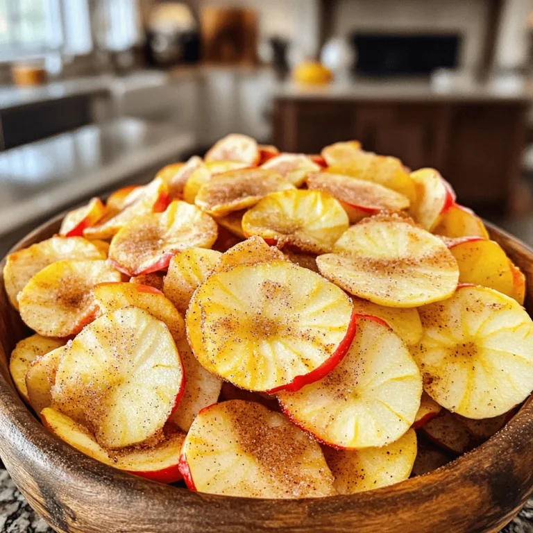 - 3 medium-sized apples (Fuji or Honeycrisp) - 1 tablespoon ground cinnamon - 1 tablespoon sugar (optional) - 1 teaspoon lemon juice - A pinch of salt The base of this recipe is simple but key. I love using Fuji or Honeycrisp apples because they have the right mix of sweetness and crunch. You can also add a bit of lemon juice to keep the apples bright and fresh. If you want more sweetness, sugar is an option, but you can skip it if you prefer less sugar. Just a pinch of salt brings out the apple flavor. - Other spices (like nutmeg or allspice) - Alternative sweeteners (like honey or maple syrup) Feel free to get creative! You can add other spices like nutmeg or allspice for extra flavor. If you want a different sweetener, honey or maple syrup works well too. These choices let you customize your apple chips to match your taste. You can find the full recipe for baked cinnamon apple chips [here](#). First, preheat your oven to 225°F (110°C). This low heat helps the apples dry out slowly. Next, line two baking sheets with parchment paper. This step keeps the chips from sticking. Now it’s time to wash and core the apples. Rinse them well under cold water. Use a sharp knife or a corer to remove the seeds and the core. The best apples for this recipe are Fuji or Honeycrisp. They have a perfect balance of sweet and tart. Slice the apples into thin rounds. Aim for about 1/8 inch thick. A mandoline slicer makes this easy, but a sharp knife works too. Consistent thickness ensures even baking and crispiness. To keep your apple slices from browning, you will need lemon juice. Toss the apple slices in a bowl with one teaspoon of lemon juice. This step adds flavor and helps maintain their color. In a separate bowl, combine one tablespoon of ground cinnamon, one tablespoon of sugar (if you want it sweeter), and a pinch of salt. Mix this well. Now, sprinkle this cinnamon-sugar mixture evenly over the coated apple slices. Toss gently, ensuring each slice is coated without breaking them. Arrange the apple slices in a single layer on your prepared baking sheets. Make sure the slices do not overlap. This spacing allows them to bake evenly and become crispy. Place the baking sheets in the preheated oven. Bake the apple slices for about 1.5 to 2 hours. Halfway through baking, turn the slices. This will help them cook evenly. Keep an eye on them towards the end. You want them to be golden and crisp, not burnt. Once done, remove the sheets from the oven. Let the apple chips cool completely on the sheets. They will get even crispier as they cool. For the full recipe, check out the earlier sections. Enjoy making these tasty baked cinnamon apple chips! To get that perfect crunch in your baked cinnamon apple chips, thickness matters. Slice your apples about 1/8 inch thick. If they're too thick, they won’t crisp well. If they’re too thin, they might burn. Use a sharp knife or a mandoline for even slices. When it comes to baking, spacing is key. Place the apple slices on your baking sheets in a single layer. Make sure they don’t touch or overlap. This allows hot air to circulate and helps them bake evenly. To keep your baked apple chips fresh, store them in an airtight container. A glass jar or a resealable bag works great. Keep them in a cool, dry place. Storing them this way can help them last up to two weeks. Look for signs of freshness. If your chips are still crisp and fragrant, they’re good to snack on. If they start to feel soft or lose their crunch, it's time to toss them. Baked cinnamon apple chips make a great snack on their own. You can also serve them with dips like peanut butter or yogurt. They add a nice crunch to salads or granola bowls too. For a fun twist, try pairing them with cheese. The sweet and savory mix is delightful. You can also serve them alongside other snacks like popcorn or nuts for a tasty snack platter. Whether you enjoy them solo or with friends, these chips never fail to please! {{image_4}} You can have fun with flavors! Try different spices like vanilla or ginger. They add a unique twist to your apple chips. You can also adjust the sweetness. If you want a sweeter chip, add more sugar. For less sweetness, skip the sugar. You can even use honey or maple syrup instead. This way, you create a snack that fits your taste perfectly. Different apples give varied tastes and textures. Fuji and Honeycrisp work great, but don’t stop there! You can try Granny Smith for a tart flavor. Gala apples are sweeter and softer. Each type changes the final result. Experimenting with apple varieties keeps it exciting and tasty. Want a different texture? Dehydrating apples is a great choice. You can use a food dehydrator for an even, dry result. It takes longer, but the crunch is worth it. If you don’t have a dehydrator, your oven works too! Just lower the temperature and keep an eye on them. By adjusting the method, you can find your favorite way to enjoy these apple chips. For the full recipe, check the section above. Apples are a great snack. They are full of vitamins and fiber. One medium apple has about 95 calories and 4 grams of fiber. This helps keep your heart healthy. When you bake apple chips, you keep many of these benefits. Baked apple chips are better than store-bought snacks. Many snacks are full of added sugars and fats. Baked apple chips have no preservatives and you control the ingredients. This makes them a healthier choice for your family. A serving of baked apple chips has about 50-60 calories. This is much lower than many processed snacks. In fact, chips and cookies can have more than double that amount. You can enjoy a tasty snack without feeling guilty. Making your own snacks at home is better. You avoid unhealthy ingredients. You also save money. Homemade baked apple chips cost less than store-bought options. Plus, they taste fresher and crispier. Baked cinnamon apple chips are gluten-free and vegan. This makes them a great choice for many diets. You can enjoy them without worry. If you need to cut sugar, you can skip the optional sugar. You can also use natural sweeteners like honey or agave syrup if you want a sweet touch. Adjusting the recipe is easy to fit your needs. Enjoy these healthy chips any time! To make your apple chips crispy, focus on a few key factors. First, slice the apples very thin, about 1/8 inch thick. This helps them bake evenly. Second, arrange the slices in a single layer on your baking sheet. Avoid overlapping them to allow hot air to circulate. Lastly, bake at a low temperature of 225°F (110°C). This slow baking helps remove moisture, resulting in a perfect crispy texture. Yes, you can use other fruits to make chips. Pears and peaches work well and have great flavors. Bananas can also make tasty chips but will need a bit more care. Slice them thin and watch closely while they bake. You can even mix fruits for a fun variety! Baked apple chips can last up to a week when stored properly. Keep them in an airtight container at room temperature. If you notice any signs of softness, they may not be fresh anymore. For the best crunch, enjoy them sooner rather than later. Using sugar is not necessary for this recipe. If you prefer, you can leave it out. The cinnamon and apple flavors are sweet enough on their own. You might also try alternatives like honey or maple syrup for a different taste. Just remember, these can change the texture a bit. Yes, you can freeze baked apple chips! Place them in a freezer-safe bag or container. When you're ready to eat them, let them thaw at room temperature. You can also re-crisp them in the oven for a few minutes. Enjoy these tasty snacks later without losing their flavor! For the full recipe, check out the previous sections. Baked cinnamon apple chips are easy to make and taste great. You need just a few ingredients, like apples and spices. The step-by-step guide ensures perfect results every time. Don’t forget the tips for storage and serving. You can even try different flavors and apple types. These homemade snacks are healthier than store-bought options. Enjoy them anytime as a delicious treat. Get ready to impress yourself and others with your apple chips! Happy baking!