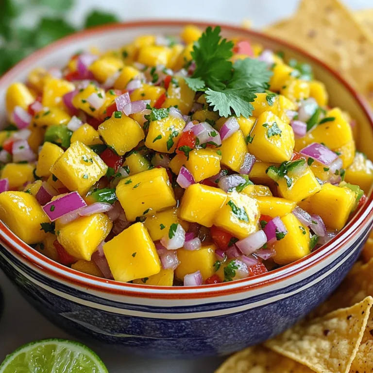 To make sweet and spicy mango salsa, gather these fresh ingredients: - 2 ripe mangoes, peeled, pitted, and diced - 1 small red onion, finely chopped - 1 red bell pepper, finely diced - 1 jalapeño, seeded and minced (adjust according to spice preference) - 1/4 cup fresh cilantro, finely chopped - 2 tablespoons fresh lime juice - 1 tablespoon honey (optional, for a touch of sweetness) - Salt and pepper to taste To prepare this salsa, you will need: - A sharp knife - A cutting board - A medium mixing bowl - A spoon for mixing - Measuring spoons This salsa is not only tasty but also healthy. Each serving contains: - Calories: 80 - Protein: 1g - Fat: 0g - Carbohydrates: 21g - Fiber: 3g - Sugar: 14g This vibrant salsa is packed with vitamins and flavor, making it a great addition to your meals. For the full recipe, check out the earlier section. First, gather all your ingredients. You will need two ripe mangoes, a small red onion, a red bell pepper, a jalapeño, fresh cilantro, lime juice, honey, salt, and pepper. Start by peeling the mangoes. Remove the pits and dice them into small, even pieces. This helps them mix well. Chop the red onion finely. Do the same with the red bell pepper. These add color and crunch. Now, take the jalapeño. Cut it open, remove the seeds, and mince it. If you love spice, add more. If not, use less. Finally, chop the cilantro finely. This adds a fresh taste to the salsa. In a medium-sized bowl, add the diced mangoes, chopped onion, and bell pepper. Stir gently to combine. Next, add the minced jalapeño. Be careful not to mash the mango. You want to keep those lovely chunks. Now, fold in the chopped cilantro. This brightens the dish. Squeeze fresh lime juice over the mix. If you want a touch of sweetness, drizzle in honey. Add a pinch of salt and freshly ground pepper to taste. Toss everything together gently. Let the salsa rest for at least 15 minutes. This step is key! The resting time lets the flavors mix and meld together. You will notice a bright and bold taste when you serve it. Enjoy your sweet and spicy mango salsa with tortilla chips or grilled meats. For the full recipe, refer to the earlier section. You can control the heat in your mango salsa. If you want it mild, skip the jalapeño. For more spice, add more jalapeño. Remember, the seeds have the most heat. Taste as you go to find your perfect balance. To give your salsa a twist, try adding other fruits. Pineapple or kiwi can add extra sweetness. You could also include diced avocado for creaminess. A splash of orange juice brightens the flavor. Just make sure to keep the mix balanced and fresh. Serve your salsa in a bright bowl to catch the eye. A sprig of cilantro on top adds a nice touch. Pair it with crispy tortilla chips for crunch. You can also serve it with grilled chicken or fish for a tasty meal. The colors and flavors make any dish pop! {{image_4}} You can add a tropical vibe to your mango salsa. Try including diced pineapple or kiwi. Both fruits bring a nice sweetness and tang. You can also mix in diced avocado for a creamy texture. This twist makes your salsa even more diverse. If you are avoiding certain foods, there are easy swaps. Use green onions instead of red onion if you want a milder flavor. For a lower sugar option, skip the honey. If you need it spicy, add more jalapeño or a dash of hot sauce. These changes keep the dish tasty for everyone. Using seasonal ingredients makes this salsa fresh and fun. In summer, add fresh peaches or strawberries for a fruity twist. In fall, consider mixing in diced apples for crunch. Each season offers new flavors that can change your salsa. Enjoy experimenting with what's in season! You can find the full recipe above to get started on this delightful dish. To keep your sweet and spicy mango salsa fresh, use an airtight container. This helps prevent air from getting in and keeps flavors strong. Always store it in the fridge if you don’t finish it right away. Store your salsa in the fridge for up to three days. The flavors will blend and deepen over time. If you notice any liquid separation, just stir it before serving. Make sure to check for any signs of spoilage, like an off smell or discoloration. For longer storage, you can freeze the salsa. Use a freezer-safe container or bag. Leave space at the top, as the salsa may expand when frozen. It can last up to three months in the freezer. When you want to use it, thaw it in the fridge overnight. Note that the texture may change after freezing, but the taste will still be great. For the full recipe, check the section above. Mango salsa lasts about 3 to 5 days in the fridge. Keep it in an airtight container. The flavors may change over time, but it will still be safe to eat. If you notice any strange smells or colors, it’s best to throw it away. Yes, you can use frozen mango for this recipe. Just make sure to thaw it first. Drain any excess water after thawing, as it can make your salsa too watery. Fresh mango gives a better texture, but frozen mango works well in a pinch. Sweet and spicy mango salsa pairs well with many dishes. Here are some tasty options: - Grilled chicken or fish - Tacos, especially fish or shrimp - Tortilla chips for dipping - Salads for a fresh kick - Burrito bowls for added flavor Experiment with different pairings and see what you enjoy most! For the full recipe, check out the section above. We covered key ingredients for your mango salsa, along with equipment needed and nutrition facts. I shared easy steps to prepare and mix the salsa, plus ways to infuse flavor. You learned tips to adjust spice levels and enhance taste. Then, we explored fun variations and storage tips. Remember, great salsa can elevate any dish. Play with flavors and ingredients. Make it your own! Enjoy making this delicious treat anytime.