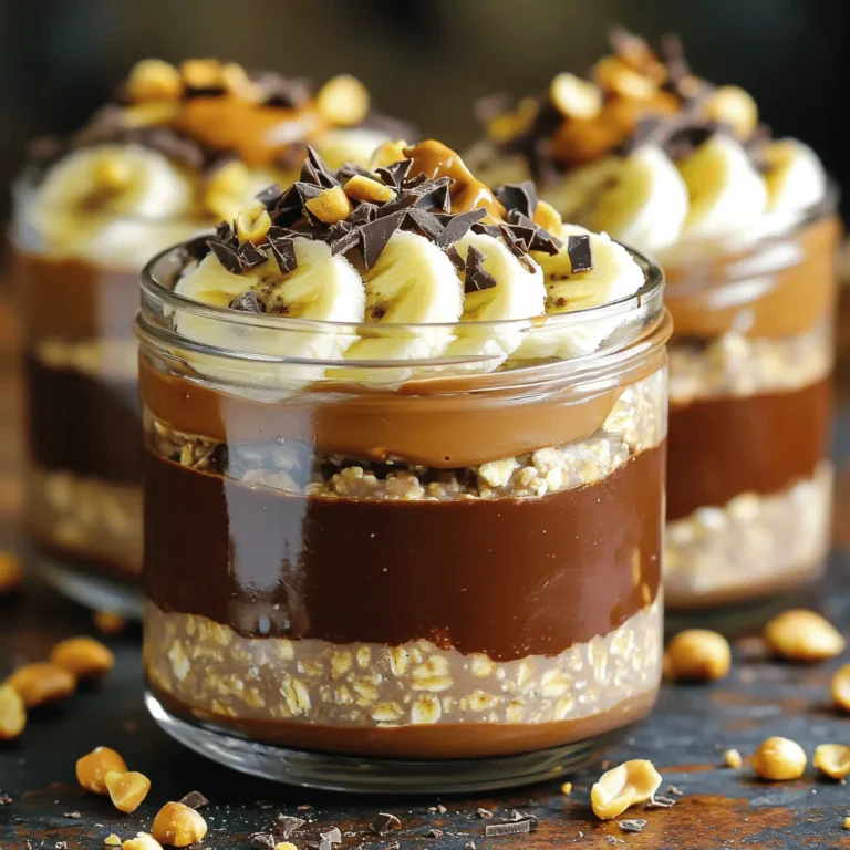 To make Peanut Butter Chocolate Overnight Oats, you will need the following: - 1 cup rolled oats - 2 cups almond milk (or your preferred milk variety) - 2 tablespoons natural creamy peanut butter - 2 tablespoons unsweetened cocoa powder - 2 tablespoons maple syrup (or honey for sweetness) - 1/2 teaspoon pure vanilla extract - A pinch of salt - 1 ripe banana, sliced (for topping) - Chopped peanuts and dark chocolate shavings (for garnish) You can swap some ingredients to fit your taste. If you want a nut-free option, use sunflower seed butter instead of peanut butter. For a dairy-free choice, almond milk is great, but soy or oat milk works well too. You can replace maple syrup with agave nectar or any other sweetener you like. If cocoa powder is not your thing, try carob powder for a different flavor. Each serving of these overnight oats has around 350 calories. They provide a good mix of protein, carbs, and healthy fats. You get about 10 grams of protein and 7 grams of fiber, which helps keep you full. The oats give you energy, while the peanut butter adds creaminess and taste. Plus, the dark chocolate shavings offer a little indulgence without too much guilt. Enjoy every spoonful knowing it’s a balanced meal! First, gather your ingredients. You need rolled oats, almond milk, peanut butter, cocoa powder, maple syrup, vanilla extract, salt, a banana, chopped peanuts, and dark chocolate shavings. Start by measuring out one cup of rolled oats and two cups of almond milk. This forms the base of your overnight oats. In a medium bowl, combine the oats and almond milk. Next, add two tablespoons of peanut butter, two tablespoons of cocoa powder, and two tablespoons of maple syrup. Include half a teaspoon of vanilla extract and a pinch of salt. This mix gives your oats a rich flavor. Using a whisk, mix everything until it’s smooth and well blended. Make sure the peanut butter is fully mixed in. Once your mixture is ready, divide it into two jars or airtight containers. Fill them to your desired level. Seal the jars tightly and place them in the fridge overnight. This helps the oats absorb the liquid and soften. When you wake up, take the jars out of the fridge. Stir the oats to make them creamy. They should be thick and delicious. Top each jar with fresh banana slices. Add chopped peanuts and dark chocolate shavings for a tasty finish. You can enjoy your oats cold or warm them in the microwave for about one minute. For a lovely presentation, serve in clear jars to show off those yummy layers. Check out the Full Recipe for more tips! To get creamy oats, you need to use the right ratio of oats to liquid. I recommend using 1 cup of rolled oats with 2 cups of almond milk. This balance helps the oats soak up the milk overnight. Make sure to mix your ingredients well. If you want even creamier oats, you can add a little extra milk in the morning. Stir it in before you top your oats. This makes them smooth and easy to enjoy. Store-bought overnight oats can be quick, but they often lack fresh taste. Making your own lets you pick the best ingredients. Plus, you can control the sweetness and flavors. If you want to save time, consider making a big batch. You can store them in jars for the week. Homemade oats taste better and you can customize them to fit your needs. You can use many types of milk in this recipe. Almond milk is my go-to, but feel free to try oat milk, soy milk, or even coconut milk. Each type adds a unique flavor. If you choose unsweetened milk, adjust the sweetness with more maple syrup or honey. This way, you can still enjoy that rich taste of peanut butter and chocolate. {{image_4}} You can spice up your Peanut Butter Chocolate Overnight Oats in fun ways. Try adding a dash of cinnamon for warmth. A pinch of nutmeg adds a cozy vibe, too. For a kick, add cayenne pepper. It gives a surprising twist. If you love coffee, mix in a teaspoon of instant coffee. It pairs well with chocolate. Each addition makes the flavor unique and exciting. Toppings can change the whole dish. Fresh fruits are a great choice. Sliced strawberries or blueberries add color and taste. You can also use chopped nuts for crunch. They add healthy fats and protein. Try adding shredded coconut for a tropical flair. A drizzle of honey or maple syrup can sweeten things up. Get creative and mix and match! This recipe is easy to make vegan-friendly. Use almond milk or any plant-based milk. Choose a vegan peanut butter without added sugar. Maple syrup is already a vegan-friendly sweetener. You can skip the honey to keep it plant-based. With these simple swaps, everyone can enjoy this tasty dish. To keep your peanut butter chocolate overnight oats fresh, store them in airtight jars. This helps prevent spills and keeps the oats tasty. Always allow them to cool before sealing. If you plan to eat them later, make sure they are fully chilled. When stored properly, these oats last for up to five days in the fridge. After that, the oats may lose their texture and flavor. For the best taste, enjoy them within three days. Check for any signs of spoilage before eating. You can freeze your oats if you want to save them for later. To do this, place the mixture in freezer-safe containers. Make sure to leave some space at the top for expansion. They can last up to three months in the freezer. When ready to eat, thaw in the fridge overnight before serving. You can also reheat them in the microwave. This is a great way to enjoy a quick breakfast any day. For the full recipe, check out Peanut Butter Chocolate Dream Overnight Oats. Yes, you can make Peanut Butter Chocolate Overnight Oats in advance. In fact, I recommend it! Preparing them a day ahead lets the oats soak up the flavors. This also saves time in the morning. Just mix all your ingredients, store them in jars, and refrigerate overnight. You’ll wake up to a tasty breakfast ready to enjoy. If you need a substitute for peanut butter, there are great options. Almond butter works well and has a nice flavor. Sunflower seed butter is also a good choice for nut-free diets. You can even use tahini for a unique twist. Choose what fits your taste and dietary needs best. To make more servings, simply double or triple the ingredients. For example, if you want four servings, use 2 cups of rolled oats and 4 cups of almond milk. Just keep the proportions the same. This way, each batch stays creamy and delicious! Absolutely! This recipe is great for meal prep. You can make several jars at once and store them in the fridge. They last up to five days, so you can enjoy them throughout the week. Just make sure to top them with fresh fruits and nuts before serving for the best taste. If you want the full recipe, check it out here: [Full Recipe]. This blog post covers all you need to make delicious Peanut Butter Chocolate Overnight Oats. It details key ingredients, step-by-step methods, and handy tips for rich flavor. You learned how to customize your bowl to your taste and the best ways to store leftovers. In the end, making these oats is simple and rewarding. Enjoy experimenting with flavors. Your mornings will feel brighter and better!