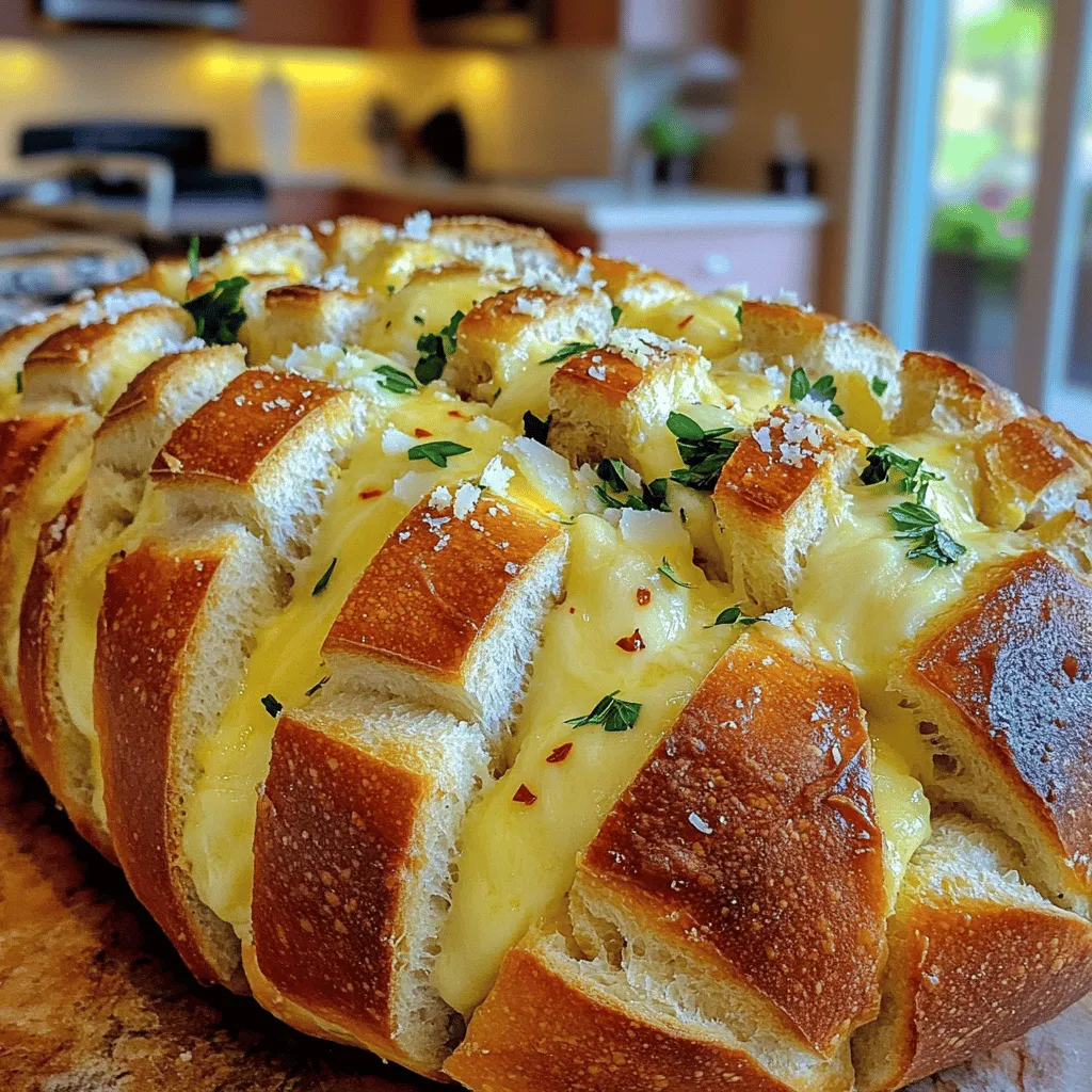 - 1 large loaf of crusty sourdough or Italian bread - 1/2 cup unsalted butter, melted - 4 cloves of garlic, finely minced - 2 cups shredded mozzarella cheese - 1/2 cup freshly grated Parmesan cheese - 1 teaspoon dried oregano - 1 teaspoon dried parsley - 1/2 teaspoon red pepper flakes - Fresh parsley, chopped for garnish - Best pairings with cheesy pull-apart garlic bread Cheesy pull-apart garlic bread starts with a great loaf of bread. I love using sourdough or Italian bread because they have a crusty outside and a soft inside. This helps hold all the gooey cheese and butter. For the rich taste, I use unsalted butter. Melting it makes mixing easy. The garlic is key here. I chop four cloves finely. This gives the bread a strong garlic flavor. If you want a kick, add red pepper flakes. Next, we get cheesy! I use two cups of shredded mozzarella. It melts beautifully and pulls apart well. I also add half a cup of grated Parmesan for depth and tang. You can also mix in dried herbs like oregano and parsley. They boost the bread's flavor. Once baked, I like to sprinkle fresh parsley on top. It adds a nice color and freshness. Now, you have a solid list of ingredients for this delicious recipe. For the full recipe, check out the details above. Enjoy making this tasty treat! - Preheat the oven to 375°F (190°C). - Slice the loaf of bread in a grid pattern without cutting through. First, let’s get that oven nice and warm. Preheating it ensures our bread bakes evenly. Next, grab your loaf of crusty sourdough or Italian bread. Carefully slice it in a grid. Make deep cuts, about one inch apart, but don’t cut all the way through. This step helps the bread pull apart easily later. - Combine melted butter with garlic and herbs. - Prepare the cheese mixture. Now, let’s make the garlic butter. In a bowl, mix the melted butter, minced garlic, oregano, and parsley. If you like heat, add red pepper flakes. Stir well. This mix will give your bread a tasty kick. Next, prepare the cheese. In another bowl, combine shredded mozzarella and grated Parmesan. This cheesy mix will make each bite creamy and delicious. - Drizzle the garlic butter into the cuts. - Stuff the cheese mixture into the cuts. - Bake covered in foil and then uncovered until golden and bubbly. Take your garlic butter and drizzle it into the cuts of your bread. Make sure every part gets coated. Then, stuff the cheese mixture into those same cuts. Be generous! Wrap the stuffed loaf in aluminum foil and place it on a baking sheet. Bake it in the preheated oven for about 15 minutes. This melts the cheese nicely. After 15 minutes, carefully remove the foil. Bake uncovered for an extra 10-15 minutes. Watch for that beautiful golden color and bubbling cheese. Enjoy the aroma filling your kitchen as it bakes! You have just created cheesy pull-apart garlic bread that is sure to impress. For the full recipe, refer to the earlier section. To make cheesy pull-apart garlic bread, start with slicing the bread correctly. Use a serrated knife and cut deep lines without cutting all the way through. Create a grid pattern by cutting both horizontally and vertically, about one inch apart. This helps the garlic butter and cheese seep into every bite. Next, for even butter distribution, pour the garlic butter mix into a small bowl. Use a pastry brush to spread the butter into each cut. Make sure you reach every nook and cranny. This ensures a burst of flavor in every piece. While mozzarella and Parmesan are classic choices, you can try other cheeses too. Cheddar adds a sharp taste, while gouda brings a smoky flavor. Feta offers a crumbly texture and a tangy twist. Mixing different cheeses can make your bread unique and fun. Using various cheeses can change the taste and texture of your bread. Each cheese melts differently, giving you gooey, stretchy bites or a rich, creamy texture. Want to boost the flavor? Add herbs or spices to the garlic butter. Fresh basil or thyme can add a fresh twist. You can also sprinkle in some Italian seasoning for a more robust taste. Don’t forget about veggies or meats. Chopped spinach, sun-dried tomatoes, or even crispy bacon can elevate your cheesy bread. Feel free to experiment and find your favorite combination. For the full recipe, check out the detailed steps above. {{image_4}} You can switch up the flavors for your cheesy pull-apart garlic bread. One fun idea is to add heat. You could turn it into spicy cheese pull-apart bread. Just add more red pepper flakes. This will give your bread a nice kick. Another great twist is the Mediterranean flavor. You can add olives and sun-dried tomatoes. These ingredients bring a burst of flavor and color. The mix of garlic, cheese, and these extras makes every bite exciting. If you need gluten-free options, use gluten-free bread. There are many types available. Look for brands that have good texture and taste. For those who want a plant-based meal, try vegan cheese substitutes. Many brands make great melting cheeses. You can still enjoy that gooey goodness without dairy. Mini pull-apart bread is perfect for parties. You can make small-sized versions. These bite-sized pieces are fun and easy to share. Cheesy pull-apart bread also works as an appetizer. It can be a tasty side dish with your meals. Serve it warm, and watch people enjoy pulling it apart. This dish is always a crowd-pleaser. For a complete guide on how to make it, check the Full Recipe. To store leftover cheesy garlic bread, wrap it tightly in foil or plastic wrap. This helps keep it fresh. Place it in the fridge for up to three days. To reheat, preheat your oven to 350°F (175°C). Unwrap the bread and place it on a baking sheet. Bake for about 10-15 minutes. This method keeps the texture soft and the cheese melty. For long-term storage, you can freeze cheesy pull-apart garlic bread. Wrap it tightly in plastic wrap, then in foil. This prevents freezer burn. It can last up to three months in the freezer. To thaw, move it to the fridge for several hours or overnight. For reheating, preheat your oven to 350°F (175°C) and bake for 20-25 minutes. This keeps the bread warm and cheesy. You can keep cheesy pull-apart garlic bread for about three days in the fridge. If frozen, it lasts for up to three months. Always check for signs of spoilage before eating. If it smells off or looks strange, it's best to toss it. The best bread for cheesy pull-apart garlic bread is a large loaf of crusty sourdough or Italian bread. These breads have a nice crust and soft inside. They hold up well to the butter and cheese. You want a bread that pulls apart easily and soaks in flavor. Yes, you can prepare it ahead of time. Assemble the bread and the filling. Wrap it tightly in plastic wrap or foil. Store it in the fridge for up to 24 hours. When ready to bake, just pop it in the oven. This makes it easy for parties! To avoid soggy garlic bread, make sure to follow these tips: - Use fresh bread, not stale. - Do not soak the bread in butter. - Drizzle the garlic butter; do not drown it. - Bake it uncovered for a nice crisp crust. This will keep your bread light and airy. Absolutely! Adding ingredients like bacon or vegetables can boost flavor. You might add cooked bacon pieces or sautéed spinach. Just be sure to chop them finely. Mix them in with the cheese for a tasty twist. It makes the bread even more fun to eat! Cheesy pull-apart garlic bread pairs well with many dishes. Try serving it with: - Warm marinara sauce for dipping. - A fresh salad for a light meal. - Soups like tomato basil or minestrone. These sides balance the bread's richness and add variety. For the full recipe, check the previous section. Cheesy pull-apart garlic bread is a simple and tasty treat. You learned how to choose the right bread, mix flavors, and bake it perfectly. Options like adding herbs, spices, or different cheeses can make it unique. You can even try new twists and make mini versions for fun. Don’t forget how to store leftovers well for later. Enjoy making this dish as a side or appetizer at your next gathering. Share it with friends, and watch them enjoy every cheesy bite!