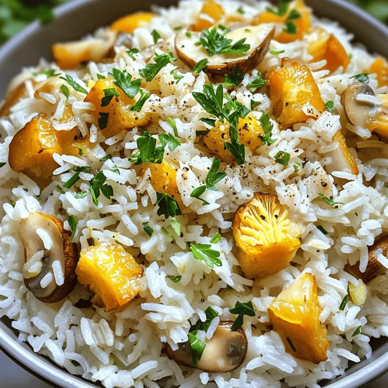 - 1 cup jasmine rice - 2 cups vegetable broth - 2 tablespoons unsalted butter - 1 tablespoon olive oil - 3 cups mushrooms, sliced (cremini or button) - 4 cloves garlic, minced - 1 small onion, diced - 1 teaspoon dried thyme - Salt and pepper to taste - Fresh parsley, chopped (for garnish) To make garlic butter mushroom rice, start with the right ingredients. Jasmine rice gives a lovely aroma and fluffy texture. The vegetable broth adds depth and flavor to the rice. Using unsalted butter and olive oil together creates a rich base for the mushrooms. When it comes to mushrooms, cremini and button are my go-to choices. They soak up flavors well and offer a nice bite. Fresh garlic and onion are key flavor enhancers. The garlic gives a punch, while the onion adds sweetness. Dried thyme rounds out the dish, adding earthy notes. Don't forget the salt and pepper. They help bring out all the flavors. A sprinkle of fresh parsley adds color and a fresh taste to the dish. For the full recipe, check the section above! - Rinse jasmine rice under cold water until clear. - Boil vegetable broth, add rice, and simmer. To start, you must rinse the jasmine rice. This step is key. Rinsing removes excess starch, helping the rice stay fluffy. After rinsing, boil the vegetable broth in a medium pot. Once boiling, add the rice. Give it a quick stir, then reduce the heat. Cover the pot and let it simmer for about 15 minutes. This allows the rice to absorb all the broth. Afterward, remove it from the heat but keep it covered for another 5 minutes to steam. - Heat olive oil and butter in a skillet. - Sauté diced onion until translucent. - Add sliced mushrooms, cooking until golden brown. While the rice cooks, heat a skillet. Add the olive oil and butter together. Wait until they melt over medium heat. Then, add the diced onion. Cook it for about 3 to 4 minutes. You want it soft and translucent. Next, add the sliced mushrooms. Stir well and cook them until they turn golden brown, around 5 to 7 minutes. This step brings out their rich flavor. - Stir in garlic and thyme for flavor. - Fluff rice and combine with mushroom mixture. - Season and garnish before serving. Now, it’s time to mix everything! Add the minced garlic and dried thyme to the skillet. Sauté for about a minute. Be careful not to burn the garlic. Once the rice is ready, fluff it with a fork. This step helps separate the grains. Add the rice to the mushroom mixture and stir gently. Finally, season with salt and pepper to taste. Mix well so every bite is full of flavor. Before serving, garnish with fresh parsley for a pop of color. Enjoy your meal! For more details, check out the Full Recipe. Rinsing the rice is key. It removes extra starch that makes the rice sticky. Rinse until the water runs clear. This step ensures fluffy rice every time. After cooking, let the rice sit covered for a few minutes. This allows steam to finish the cooking process. You can add cheese for a creamy touch. Fresh herbs like thyme or parsley also boost flavor. Cooking the mushrooms correctly is vital. Sauté them until they turn golden brown. This step helps release their natural flavors. Don’t rush this part; it makes a big difference. Serve the rice in a large, shallow bowl. This creates a beautiful display. Garnish with extra parsley and a sprinkle of black pepper. For a special touch, add whole sautéed mushrooms on top. It makes the dish look even more appealing. Enjoy the vibrant colors and delicious flavors! {{image_4}} You can easily adapt garlic butter mushroom rice to fit your diet. If you need a gluten-free option, choose rice like basmati or arborio. Both work well and keep the dish tasty. For a vegan twist, swap unsalted butter with vegan butter or coconut oil. This change keeps the rich flavor while making the dish plant-based. Want to mix it up? You can add fresh spinach or peas for a pop of color and nutrients. Nuts like pine nuts or walnuts add crunch and depth. If you like heat, sprinkle some chili flakes on top. Fresh herbs like basil or cilantro can brighten the dish. Each addition gives this rice a unique taste. You can take this dish in many directions. For an Asian-inspired version, add soy sauce or sesame oil. This gives it a savory twist. Want a Mediterranean flair? Stir in olives or sun-dried tomatoes. These ingredients add a whole new level of flavor and surprise your taste buds! For the full recipe, check out the Garlic Butter Mushroom Rice Delight. To keep your garlic butter mushroom rice fresh, use proper refrigeration techniques. First, let the rice cool to room temperature. Then, transfer it to an airtight container. This helps prevent moisture and air from spoiling the rice. If you want to keep it fresh for longer, store it in the fridge. It can last for about three to four days when stored correctly. When it comes to reheating, you have two main options: microwave or stovetop. For the microwave, place the rice in a bowl. Add a splash of water to keep it moist. Cover the bowl with a microwave-safe lid. Heat in short bursts, stirring in between until hot. On the stovetop, add a bit of olive oil in a skillet. Heat over low until warmed, stirring well. This method helps keep the texture nice and fluffy. You can freeze the cooked rice and mushroom mixture if you have leftovers. Allow the dish to cool completely first. Then, place it in a freezer-safe bag or container. Make sure to remove as much air as possible to avoid freezer burn. When you're ready to eat it, thaw the rice in the fridge overnight. Reheat on the stove or microwave, stirring until fully heated. This method preserves the flavors and textures well. For the full recipe, you can check the main article. Garlic Butter Mushroom Rice stays fresh for about 3 to 4 days in the fridge. Make sure to store it in an airtight container. This keeps it from drying out and helps it stay tasty. Yes, you can use other types of rice. Long-grain rice or basmati rice works well. Keep in mind that these may change the texture and flavor. Jasmine rice gives a nice, fragrant touch that many people love. Garlic Butter Mushroom Rice pairs well with many dishes. You can serve it with grilled chicken, steak, or roasted veggies. It also goes nicely with a fresh salad or a light soup. To keep mushrooms from being soggy, avoid washing them. Instead, wipe them clean with a damp cloth. Cook them over medium heat until they brown and release their juices. This helps to keep them firm and flavorful. In this blog post, we explored how to make delicious Garlic Butter Mushroom Rice. We covered key ingredients like jasmine rice, mushrooms, and seasoning. You learned step-by-step instructions for cooking and flavor tips to enhance your dish. Remember, rinsing the rice is key to fluffiness, and proper storage can keep leftovers fresh. With variations for diets and flavor twists, this recipe is flexible. Enjoy creating this tasty dish that can adapt to many meals. Happy cooking!