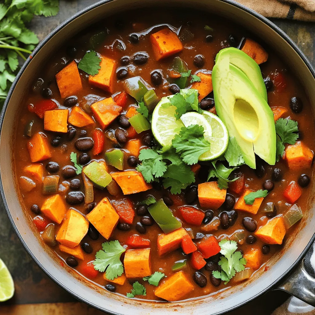 To make Sweet Potato Black Bean Chili, you need these tasty ingredients: - 2 large sweet potatoes, peeled and cut into 1-inch cubes - 1 can (15 oz) black beans, thoroughly drained and rinsed - 1 can (14 oz) diced tomatoes, including their juice - 1 medium onion, finely chopped - 2 cloves garlic, finely minced - 1 red bell pepper, diced - 1 green bell pepper, diced - 2 cups vegetable broth - 2 tablespoons chili powder - 1 tablespoon ground cumin - 1 teaspoon smoked paprika - Salt and freshly ground black pepper, to taste - 1 tablespoon extra virgin olive oil - Optional toppings: sliced avocado, fresh cilantro leaves, lime wedges, shredded cheese Each ingredient adds its own flavor and texture. Sweet potatoes bring a creamy sweetness. Black beans add protein and a hearty feel. Diced tomatoes give a juicy base. Onions and garlic create a strong aroma. Bell peppers add crunch and color. Vegetable broth ties everything together with warmth. Using fresh spices like chili powder, cumin, and smoked paprika makes this dish shine. They bring a nice kick and depth. Olive oil adds richness and helps cook the veggies to perfection. Adjust the salt and pepper to fit your taste. Feel free to explore optional toppings! They can enhance your chili. Avocado adds creaminess, while cilantro gives a fresh touch. Lime juice brightens every bite. Shredded cheese can make it extra special. For the complete guide on preparing this dish, check out the Full Recipe. First, heat the olive oil in a large pot over medium heat. Once the oil is hot, add the chopped onion. Sauté the onion for about 5 minutes. It should be soft and clear when done. Next, add the minced garlic and diced red and green bell peppers to the pot. Stir them in and cook for 3-4 minutes. The peppers should get soft and release their nice smell. Now, toss in the diced sweet potatoes. Stir them well to coat with the flavors. Cook for another 2 minutes. This step helps the sweet potatoes absorb the taste of the other veggies. Then, sprinkle in the chili powder, ground cumin, smoked paprika, salt, and pepper. Mix everything well so the spices cover the veggies evenly. This is where the magic begins! Next, pour in the diced tomatoes with their juice and the vegetable broth. Stir gently to combine. Bring this mixture to a vigorous boil. Once it boils, reduce the heat to low. Let it simmer uncovered for 25-30 minutes. You want the sweet potatoes to be fork-tender and creamy. Finally, stir in the rinsed black beans. Let the chili simmer for another 5-10 minutes. This warms everything through and lets the flavors meld. Before serving, taste the chili. Adjust with more salt, pepper, or spices if you want. For the complete recipe, check out the Full Recipe. Enjoy this warm, hearty dish that feels like a big hug on a cold day! - Ensuring even cooking: Cut your sweet potatoes into uniform cubes. This helps them cook at the same time. Stir the pot often to heat everything evenly. - Perfect seasoning balance: Add spices gradually. Start with a little chili powder, cumin, and smoked paprika. Taste as you go to find your ideal flavor. You can always add more if needed. - Best toppings for chili: Top your chili with sliced avocado for creaminess. Fresh cilantro adds a burst of flavor. A squeeze of lime juice brightens the dish. You can also sprinkle some shredded cheese on top for extra richness. - Pairing ideas with sides: Serve your chili with warm cornbread or tortilla chips. A side salad with fresh greens works well too. These sides add a nice crunch and balance to the meal. - Breakdown of calories and nutrients per serving: One serving of Sweet Potato Black Bean Chili contains about 300 calories. It is rich in fiber, protein, and vitamins A and C. - Health benefits of key ingredients: Sweet potatoes are packed with beta-carotene, which is great for your eyes. Black beans provide protein and fiber, helping you feel full. Tomatoes add antioxidants, which are good for your heart. For the full recipe, check out the link provided. {{image_4}} You can easily make this chili vegan. Just ensure all your ingredients are plant-based. For instance, use vegetable broth instead of chicken broth. If you want a creamier touch, try cashew cream instead of cheese. You can also adjust spice levels. If you like it mild, reduce the chili powder. For more heat, add jalapeños or cayenne pepper. Feel free to swap beans or veggies to suit your taste. You can use kidney beans or pinto beans instead of black beans. If you want more color, try adding corn or carrots. For potatoes, you can use regular potatoes or even butternut squash. Each swap adds a unique flavor and texture to your chili. You have options for cooking this chili. To use a slow cooker, first sauté the onion and garlic in a pan. Then, add all your ingredients to the slow cooker. Cook on low for 6-8 hours or high for 3-4 hours. For an Instant Pot, just add all your ingredients to the pot. Set it to manual for 10 minutes. Let it naturally release for 10 minutes, then quick release. Both methods yield a rich and hearty dish. You can find the Full Recipe for more details. To keep your Sweet Potato Black Bean Chili fresh, store it properly. - Refrigerating: Put leftovers in an airtight container. Your chili will last up to five days in the fridge. Make sure it cools first before sealing it up. This helps keep the flavors intact. - Freezing tips: If you want to save it longer, freezing is a great option. Use freezer-safe containers or bags. Your chili can last up to three months in the freezer. Just remember to leave some space in the container for expansion as it freezes. When it’s time to enjoy your chili again, reheating is key. - Microwave vs stovetop: The microwave is quick and easy. Just heat it in short bursts, stirring in between. However, the stovetop gives you better flavor. Heat it in a pot over medium heat. Stir often to ensure it warms evenly. - Ensuring flavor retention: To keep the chili’s taste vibrant, add a splash of vegetable broth or water if it seems thick. This helps bring back that creamy texture and rich flavor. Enjoy your warm bowl of chili just as much as the first time! Sweet Potato Black Bean Chili lasts about 4 to 5 days in the fridge. To store it, keep it in an airtight container. Cool the chili to room temperature before sealing the container. This helps keep it fresh and safe. Yes, making this chili ahead of time is a great idea. It often tastes even better the next day. The flavors blend well together when it sits. Just store it in the fridge and reheat when you're ready to eat. You can serve this chili with several tasty sides. Some great options include: - Cornbread - Rice or quinoa - Tortilla chips - A fresh green salad - Avocado and lime wedges for garnish These sides add extra flavor and texture to your meal. Yes, this recipe is naturally gluten-free. The main ingredients, like sweet potatoes and black beans, do not contain gluten. Always check labels on any canned goods, like beans or tomatoes, to ensure they are gluten-free. For the complete recipe, check out the [Full Recipe](#). You’ll find all the details to make this delicious dish! This blog covered how to make delicious Sweet Potato Black Bean Chili. We explored ingredients, cooking steps, and tips for the best flavor. You can easily change this recipe to fit your taste. Try different veggies or beans to create new dishes. Remember to store leftovers properly and heat them right for maximum flavor. Enjoy your cooking and share this hearty chili with family and friends. It’s tasty, healthy, and satisfying!