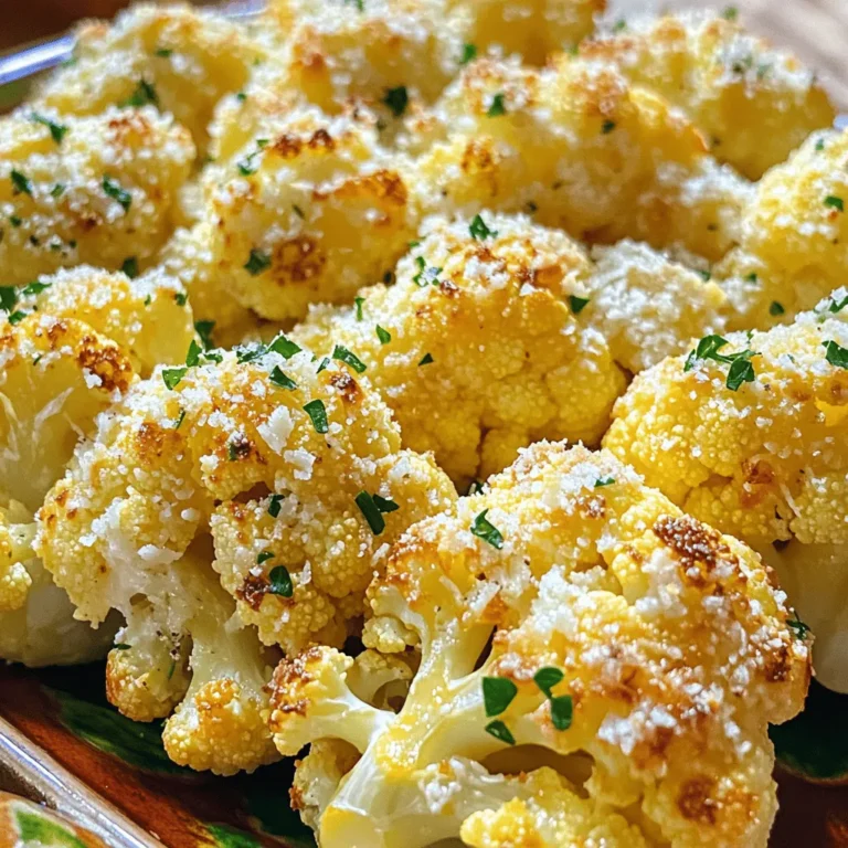 - Cauliflower florets - Olive oil and garlic - Seasonings and cheese Cauliflower is the star of this dish. I use a large head of cauliflower, cut into bite-sized florets. This size helps them cook evenly. Olive oil gives a rich flavor and helps the garlic shine through. I love using minced garlic for that strong, savory taste. Seasonings add depth. I use dried thyme and smoked paprika. These spices bring warmth and earthiness to the dish. Finally, I sprinkle freshly grated Parmesan cheese on top. It melts beautifully and adds a creamy finish. - 1 large head of cauliflower, trimmed and cut into bite-sized florets - 4 tablespoons extra virgin olive oil - 4 cloves garlic, finely minced - 1 teaspoon dried thyme - 1 teaspoon smoked paprika - ½ cup freshly grated Parmesan cheese - Salt and freshly ground black pepper to taste - Fresh parsley, finely chopped (for garnish) For flavor, I sometimes add more spices. You can try a pinch of chili powder for heat or some lemon zest for brightness. Feel free to adjust based on your taste. These options make the dish your own while keeping it simple. Check out the Full Recipe for more details on preparation! First, trim the large head of cauliflower. Cut it into bite-sized florets. You want each piece to be about the same size for even cooking. Next, in a large mixing bowl, toss the florets with olive oil. Add the minced garlic, dried thyme, and smoked paprika. Sprinkle in salt and pepper to taste. Mix it all well so every floret gets coated with those tasty flavors. Preheat your oven to 425°F (220°C). This hot temperature helps the cauliflower get that nice roasted flavor. Line a large baking sheet with parchment paper. Spread the cauliflower florets in a single layer. Make sure they have space to breathe. This way, they roast evenly and don’t steam. Roast the cauliflower in the oven for 25-30 minutes. Flip the florets halfway through to ensure they brown nicely. Once they look golden and tender, take the baking sheet out. Immediately, sprinkle the grated Parmesan cheese on top. Return it to the oven for another 5 minutes. You want the cheese to melt and get a bit crispy. When done, the dish looks and smells amazing! For extra flair, add some chopped parsley on top before serving. For the full recipe, check out the earlier sections! To get that amazing roasted flavor, use a high oven temperature. I recommend setting it to 425°F (220°C). This heat helps the cauliflower crisp up nicely. Spread the florets in a single layer on the baking sheet. This allows hot air to circulate around each piece. Flip the florets halfway through cooking. This simple step gives you even browning and keeps them from getting soggy. Want to kick it up a notch? Try adding a pinch of red pepper flakes for heat. You can also mix in some Italian seasoning or garlic powder for extra depth. If you want to change it up, you can steam the cauliflower instead of roasting. It will work well with the same spices. You can also toss it in a pan with olive oil and sauté until tender. Presentation makes a difference! Serve the roasted cauliflower on a colorful platter. Pile it high to show off that golden, cheesy goodness. A sprinkle of fresh parsley not only looks great but adds a fresh taste. This dish pairs well with grilled chicken or fish. For a vegetarian meal, serve it alongside quinoa or a fresh salad. If you're interested, you can find the full recipe for Roasted Garlic Parmesan Cauliflower to create this delightful dish. {{image_4}} You can switch the Parmesan for other cheeses. Try using cheddar for a sharp bite. Mozzarella adds a creamy texture and mild flavor. Feta gives a tangy twist. Each cheese alters the taste and makes it unique. Experiment based on what you like best. Mix in other veggies for variety. Broccoli or bell peppers work great with cauliflower. You can also try different herbs and spices. Basil or oregano can give a fresh kick. A pinch of red pepper flakes adds heat. Feel free to get creative with your choices! Want a vegan version? Use nutritional yeast instead of cheese. It gives a cheesy flavor and is plant-based. For gluten-free options, ensure all ingredients are gluten-free. This dish fits many diets while still being tasty and satisfying. Enjoy the flavors without worry! To keep your roasted garlic Parmesan cauliflower fresh, store it in an airtight container. Make sure to let it cool before sealing. Place the container in the fridge. This dish lasts about 3 to 5 days. If you want to enjoy it later, consider freezing it. Freeze in a single layer on a baking sheet first. Once solid, transfer it to a freezer-safe bag. It will keep well for up to three months. When reheating, you want to maintain that crispy texture. The best method is to use the oven. Preheat your oven to 350°F (175°C). Spread the cauliflower on a baking sheet in a single layer. Heat for about 10 to 15 minutes. You can also use a microwave for quick warming but expect a softer texture. If you do, cover it loosely with a paper towel to prevent splatters. Enjoy your delicious leftovers just as much as the first time! Yes, you can prepare Roasted Garlic Parmesan Cauliflower in advance. First, cut the cauliflower into florets. Toss them with olive oil, garlic, and seasoning. Store this mix in the fridge for up to a day before cooking. When ready, simply roast it in the oven. This saves time and makes dinner prep easy. To avoid soggy cauliflower, ensure you dry the florets well before cooking. After washing, let them sit on a towel to soak up moisture. Spread them out on the baking sheet, leaving space between each piece. This helps them roast evenly and stay crispy. Absolutely! To make Roasted Garlic Parmesan Cauliflower dairy-free, substitute the Parmesan cheese. Nutritional yeast works great for a cheesy flavor without dairy. You can also use vegan cheese if you prefer. These options keep your dish creamy and tasty. Yes, frozen cauliflower is a convenient choice. It saves time, and you can find it year-round. Thaw the cauliflower and pat it dry before seasoning. You may need to roast it a bit longer to achieve the perfect crispy texture. Enjoy the ease of using frozen florets! In this post, we explored how to make Roasted Garlic Parmesan Cauliflower. You learned about key ingredients like cauliflower, olive oil, garlic, and seasonings. I shared tips for perfect roasting and how to enhance flavors. To wrap it up, this dish is easy to customize and store. It works well for many diets too. Try different cheeses, add-ins, or spices to make it your own. Enjoy this tasty, healthy side that impresses everyone!