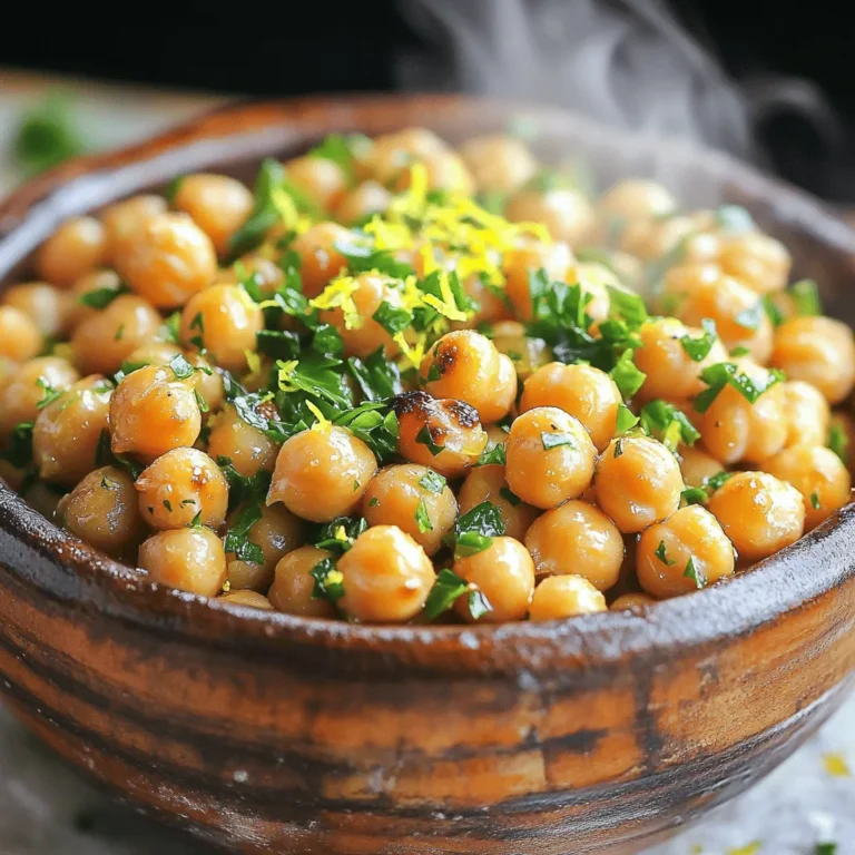 - 1 can (15 oz) of chickpeas - 2 tablespoons extra virgin olive oil - Zest of 1 medium lemon - 2 tablespoons freshly squeezed lemon juice - 3 cloves garlic, finely minced - 1 teaspoon smoked paprika - 1/2 teaspoon cayenne pepper - Salt and freshly ground black pepper - Fresh parsley for garnish To make lemon garlic roasted chickpeas, you need a few simple ingredients. First, grab a can of chickpeas. Rinse them well and drain thoroughly. This step is key for crispiness. Next, gather your flavor boosters: olive oil, lemon zest, lemon juice, and garlic. The lemon adds brightness, while garlic gives depth. For seasoning, you'll want smoked paprika and a hint of cayenne for heat. Adjust the cayenne to match your spice level. Don’t forget salt and pepper for taste. Finally, fresh parsley adds a pop of color and a fresh note when serving. Check out the Full Recipe for detailed instructions on how to bring these ingredients together for a delightful snack. 1. Preheat your oven to 400°F (200°C). This helps the chickpeas get nice and crispy. 2. Open the can of chickpeas and drain them well. Rinse them under cold water. 3. Use a paper towel to dry the chickpeas. Drying is key for crunchiness. 1. In a small bowl, mix together the olive oil, lemon zest, lemon juice, and minced garlic. 2. Add the smoked paprika, cayenne pepper, salt, and black pepper. Stir until well combined. 1. Pour the olive oil mixture over the dried chickpeas. Toss them gently to coat well. 2. Spread the chickpeas out on a large baking sheet in a single layer. 3. Place the sheet in the oven and roast for 25-30 minutes. 4. Remember to shake the baking sheet halfway through. This helps them roast evenly. 5. When they are golden brown and crispy, take them out and let them cool for a few minutes. 6. Taste and adjust the seasoning if needed. 7. Garnish with fresh parsley before serving. These steps make tasty lemon garlic roasted chickpeas that are perfect for snacking or adding crunch to your meals. For the complete recipe, check out the full recipe section. To get that perfect crunch, start by drying your chickpeas well. After rinsing, use a paper towel to soak up any extra moisture. This step is key! Moisture leads to soggy chickpeas, and we want crispy ones. Next, set your oven to 400°F (200°C). This high heat helps the chickpeas crisp up nicely. If your oven is not hot enough, the chickpeas may not get crunchy. You can adjust the spice level to fit your taste. If you like it hot, add more cayenne pepper. For a milder flavor, use less. Testing the spices before roasting is a great way to find your perfect mix. Fresh ingredients are a must for great flavors. Always use fresh garlic and lemon juice. They add a bright taste that dried spices cannot match. Trust me; this makes a big difference in the end result. For plate presentation, serve your lemon garlic roasted chickpeas in a fun bowl. You can also spread them on a platter for a party. Sprinkle more lemon zest or fresh parsley on top for extra flair. These chickpeas work well as a snack or a crunchy topping. Pair them with salads, grain bowls, or soups. They add both texture and flavor to any dish. For the full recipe, check out the Zesty Lemon Garlic Roasted Chickpeas section. {{image_4}} You can change the taste of your lemon garlic roasted chickpeas easily. Try adding herbs like rosemary or thyme. These herbs bring a fresh twist to your dish. You can also mix in spices like cumin or curry powder. These spices add warmth and depth. Experimenting with flavors makes your snack unique and exciting. If you want to try different oils, use avocado oil or coconut oil. Both give a nice flavor. You can also switch up the vinegar. Balsamic or apple cider vinegar can work well too. If you prefer using dried chickpeas, soak them first. This method takes longer but offers a great texture. You can enjoy roasted chickpeas in many ways. They make a great snack on their own. But you can also use them as a topping for salads or grain bowls. They add crunch and protein, making your meal more filling. Feel free to get creative with how you serve them! To keep your leftover lemon garlic roasted chickpeas fresh, store them in an airtight container. This helps keep them crisp and prevents moisture. A glass jar with a tight lid works well. You can also use a plastic container, but make sure it seals tightly. Let the chickpeas cool completely before storing them. When you want to enjoy your chickpeas again, reheating is key. The oven is the best choice for keeping them crispy. Preheat your oven to 350°F (175°C) and spread the chickpeas on a baking sheet. Heat them for about 10 minutes, shaking the pan halfway through. If you use a microwave, they may become soft and chewy. So, the oven is the way to go! In the fridge, lemon garlic roasted chickpeas can last for about 3 to 5 days. After that, they may lose their crunch and flavor. If you want them to last longer, consider storing them in the freezer. Just remember, freezing can change their texture. To enjoy them at their best, eat them within a week! To make Lemon Garlic Roasted Chickpeas, start by preheating your oven to 400°F (200°C). Drain and rinse one can of chickpeas. Pat them dry with a paper towel to help them crisp. In a bowl, mix olive oil, lemon zest, lemon juice, minced garlic, smoked paprika, cayenne pepper, salt, and black pepper. Toss the chickpeas in this mixture to coat them well. Spread them on a baking sheet and roast for 25-30 minutes, shaking halfway through. Enjoy the crispy snack! Yes, roasted chickpeas are very healthy! They are high in protein and fiber. This makes them great for a filling snack. Chickpeas also contain vitamins and minerals. They can help support heart health and improve digestion. Choosing this snack can boost your energy and satisfy your hunger. You can use dried chickpeas! However, you need to soak them first. Start by soaking them in water for at least 8 hours or overnight. After soaking, cook them in boiling water for about 1 hour until tender. Drain and dry them before following the roasting steps from the Full Recipe. This will give you a fresh, tasty snack. Lemon garlic roasted chickpeas are versatile! You can enjoy them on their own or add them to salads for crunch. They make a great topping for grain bowls or soups. You can also serve them as a snack with dips like hummus or tzatziki. Their zesty flavor pairs well with many dishes, making them a perfect addition to your meals. Lemon garlic roasted chickpeas are simple and tasty. You learned the ingredients, steps, and tips to make them perfect. Play with flavors and adjust spices to fit your taste. Store leftovers right to keep them crisp. These chickpeas are versatile; serve them as a snack or a salad topping. Enjoy your cooking journey and explore new ways to use this healthy snack! Dive into flavor and make it yours!
