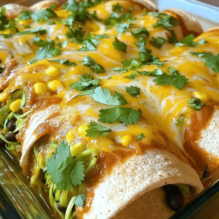 - 2 medium zucchinis, grated - 1 can (15 oz) black beans, drained and rinsed - 1 cup corn kernels (fresh or frozen) - 1 small red onion, finely chopped - 2 cloves garlic, minced - 1 teaspoon ground cumin - 1 teaspoon smoked paprika - 1 cup enchilada sauce (store-bought or homemade) - 8 whole wheat tortillas - 1 cup shredded cheese (cheddar or a vegan alternative) - 2 tablespoons olive oil - Salt and pepper, to taste - Fresh cilantro, chopped, for garnish - Cooking timeline (Prep time: 15 mins, Total time: 40 mins) - Serving Size information (Servings: 4) When I gather ingredients for zucchini and black bean enchiladas, I love how simple it is. Fresh zucchinis are key for flavor and texture. Black beans add protein and fiber. You can use frozen corn or fresh, depending on what you have. A small red onion gives a sweet taste, while garlic adds a nice kick. Spices like cumin and smoked paprika bring warmth and depth to the dish. I like using enchilada sauce from the store to save time, but homemade is always a treat. Whole wheat tortillas provide a hearty base, and shredded cheese ties everything together. Olive oil helps cook the veggies and adds richness. Adding salt and pepper to taste is important. Finally, a sprinkle of fresh cilantro on top makes the dish pop with color and flavor. For the full recipe, check out the details above. - Step 1: Preheat your oven to 375°F (190°C). This helps your enchiladas cook evenly. - Step 2: Heat 2 tablespoons of olive oil in a skillet over medium heat. Add 1 small red onion, finely chopped. Sauté for about 3-4 minutes, until the onion turns soft and clear. - Step 3: Add 2 cloves of minced garlic to the skillet. Cook for 1 minute, stirring often. The garlic should smell strong but not brown. - Step 4: Mix in 2 medium zucchinis, grated, 1 can of black beans (drained and rinsed), and 1 cup of corn. Sprinkle in 1 teaspoon of ground cumin, 1 teaspoon of smoked paprika, salt, and pepper. Cook this mix for 5-7 minutes. The zucchini should be tender and well mixed. - Step 5: Remove the skillet from heat. Stir in half of the 1 cup of enchilada sauce, making sure everything is coated well. - Step 6: Take a whole wheat tortilla and place it flat. Spoon some of the zucchini mixture down the center. Roll it tightly, then place it seam-side down in a baking dish. Repeat this for all tortillas. - Step 7: Once all tortillas are rolled, pour the remaining enchilada sauce evenly over the top. - Step 8: Sprinkle 1 cup of shredded cheese over the enchiladas. Make sure to cover them well. - Step 9: Cover the baking dish with foil. Bake for 20 minutes to let the flavors blend. - Step 10: Remove the foil and bake for another 10 minutes. The cheese should be melted and slightly golden. Feel free to check the Full Recipe for more details and tips! To keep your zucchini filling just right, follow these tips. First, grate your zucchini and then salt it lightly. Let it sit for about ten minutes. This step helps draw out excess moisture. After that, squeeze the zucchini to remove the water. This way, your filling stays firm, not soggy. Next, adjust the seasoning to match your taste. Start with the suggested spices, but feel free to add more cumin or paprika if you want a stronger flavor. A dash of lime juice can also brighten up the dish. When serving these enchiladas, presentation is key. Use a colorful plate to make the dish pop. A sprinkle of fresh cilantro on top adds a nice touch. You can also add a wedge of lime for extra flair. Pair these enchiladas with a simple salad or some fluffy rice. Both options complement the flavors well. Try a side of avocado or a dollop of sour cream to make it even better. Avoid overstuffing the tortillas. If you pack too much filling in, they may tear. Just a good spoonful is enough. Also, let the enchiladas cool for a few minutes after baking. This step helps them set up nicely. If you serve them too hot, the filling may spill out. Trust me, waiting a bit is worth it! If you want the full recipe, remember to check out the [Full Recipe]. {{image_4}} You can change the beans in this dish. Pinto or kidney beans work great too. They add a different taste while keeping it healthy. You can also add other veggies. Bell peppers or spinach can give your enchiladas a new twist. Just chop them up and mix them in with the other filling. If you need gluten-free options, you can use corn tortillas instead of wheat ones. They taste great and work well with the filling. For a dairy-free version, try vegan cheese. It melts nicely and keeps the dish creamy without the dairy. Want more kick? Add spices or hot sauce to the filling. A bit of chili powder or cayenne can spice things up. You can also try different types of enchilada sauce. Green sauce or mole sauce can change the whole flavor profile. Experiment to find what you love best! To keep your zucchini and black bean enchiladas fresh, store them in the fridge. Place them in an airtight container. This will help seal in flavors and moisture. If you have a lot of leftovers, you can freeze them too. Wrap each enchilada tightly in plastic wrap, then place them in a freezer-safe bag. This method prevents freezer burn and keeps them tasty. When it comes to reheating, I recommend using the oven. Preheat it to 350°F (175°C). Place the enchiladas in a baking dish. Cover them with foil to keep the moisture in. Heat for about 20 minutes. This way, they won’t dry out. You can also use a microwave, but they might lose some texture. If you use the microwave, heat in short bursts to check the warmth. In the fridge, these enchiladas last for about 3 to 4 days. Make sure to eat them before then for the best taste. If you freeze them, they can last for up to 3 months. Just remember to label your bags with dates. This helps you keep track of how long they’ve been there. For the best flavor, try to eat frozen enchiladas within that time frame. You can prep the filling in advance. Just cook the zucchini, black beans, and spices as described in the recipe. Allow it to cool, then store it in the fridge for up to two days. When you’re ready to eat, just assemble the enchiladas with the tortillas and sauce. You can also roll the enchiladas and place them in the baking dish. Cover them tightly and refrigerate. Bake them when you're ready to serve. This method saves time and keeps flavors fresh. Yes, you can. To make cheese-free enchiladas, simply skip the cheese or use a plant-based option. You can add extra veggies or a sprinkle of nutritional yeast for a cheesy flavor. Another option is to serve guacamole or a creamy avocado sauce on top after baking. This adds richness and pairs well with the enchiladas. There are several great options! For a low-carb choice, use large lettuce leaves like romaine or kale. You can also use thinly sliced zucchini or eggplant as a gluten-free alternative. If you want something heartier, try using corn tortillas or even large portobello mushrooms. Each option gives a unique flavor and texture to the dish. Yes, you can use frozen zucchini. Just remember to thaw it first and drain any excess water. This helps keep your filling from becoming too watery. Frozen zucchini is convenient and still delivers great taste in the enchiladas. Just follow the same cooking steps as fresh zucchini. It’s an easy way to enjoy this dish anytime. For the full recipe, refer to the earlier section. In this post, we explored how to make tasty zucchini and black bean enchiladas. I shared a simple recipe, with clear steps and helpful tips. You learned about ingredient choices, cooking methods, and ways to store leftovers. Always remember to check the filling, so it stays moist but not soggy. These enchiladas are not just easy to make; they also fit various diets. Enjoy creating your own version and delight in the flavors! Your kitchen adventure starts here.