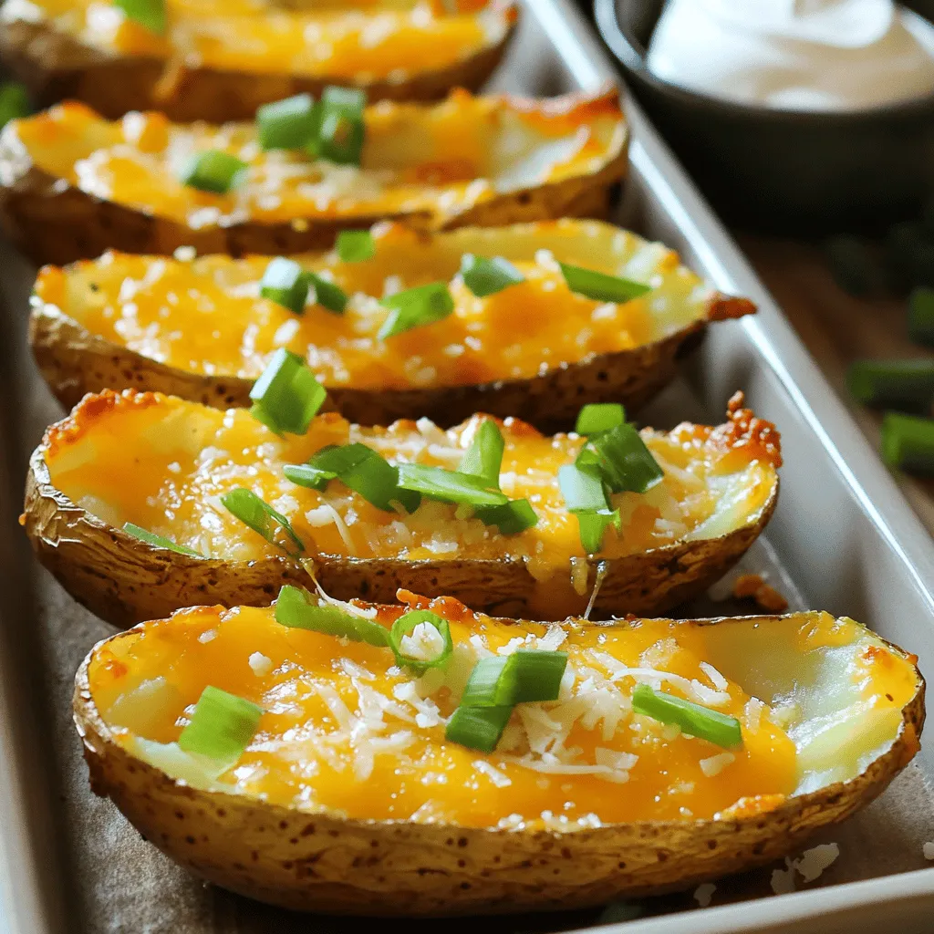 To make Crispy Parmesan Ranch Potato Skins, gather these simple ingredients: - 4 large russet potatoes - 1 cup shredded sharp cheddar cheese - 1/2 cup grated Parmesan cheese - 1/4 cup sour cream - 2 tablespoons ranch seasoning mix - 1/4 cup green onions, chopped - 3 tablespoons olive oil - Salt and pepper to taste - Optional: hot sauce for serving These items will help you create a tasty snack that everyone loves. The russet potatoes give a sturdy base, while the cheese brings flavor and creaminess. The ranch seasoning mix adds a punch of taste that makes these skins special. I always keep a few extra green onions on hand for garnish. They add color and a mild onion flavor that enhances the dish. I recommend using fresh ingredients for the best results. Fresh potatoes will give you a crispier skin. The cheese should be high-quality for a richer flavor. If you like spice, have hot sauce ready for a kick! For the full recipe, visit the [Full Recipe] section. 1. Preheat your oven to 400°F (200°C) to get it ready for baking. 2. Scrub the russet potatoes under cold running water. Dry them completely with a clean towel. 3. Prick each potato with a fork six to eight times. This helps steam escape while they bake. 1. Rub each potato with olive oil. Make sure they are well-coated. 2. Sprinkle salt on the potatoes for extra flavor. 3. Place the potatoes on the middle rack of the oven. Bake for 45-60 minutes. Check their doneness by piercing with a fork. 1. Once baked, let the potatoes cool for about 10 minutes. This makes them easier to handle. 2. Slice each potato in half lengthwise. Now you have boat-like shapes! 3. Scoop out a bit of the flesh, leaving about 1/4 inch intact along the skin. 1. Brush the insides of each potato skin with olive oil. Season with salt and pepper for taste. 2. Add a generous amount of shredded cheddar cheese in each skin. Then sprinkle the remaining Parmesan cheese on top. 3. Put the filled skins back in the oven, cut-side up. Bake for an extra 10-15 minutes. The cheese should melt and the edges should crisp. 4. While baking, mix the remaining Parmesan cheese, ranch seasoning, and chopped green onions in a bowl. 5. When the potato skins are crispy, take them out. Top each skin with the ranch mix. 6. Return the potato skins to the oven for 5 more minutes. This lets the flavors meld beautifully. Enjoy your Crispy Parmesan Ranch Potato Skins hot, served with sour cream and optional hot sauce! For complete details, refer to the Full Recipe. To make your potato skins crispy, follow these simple steps: - Bake at a high temperature: Set your oven to 400°F (200°C). High heat gets the skins nice and crisp. - Use olive oil: Coat the skins well in olive oil. This helps them crisp up and adds flavor. - Season well: Don’t skip the salt and pepper. Seasoning is key for great taste. You can switch up the cheese for your potato skins. Here are some ideas: - Monterey Jack: This cheese melts well and adds a creamy texture. - Gouda: It gives a smoky flavor that pairs nicely with ranch. - Feta: For a tangy twist, sprinkle some crumbled feta on top. Balancing flavors is important. Use milder cheeses with stronger toppings. Adding more flavor is easy! Here are some tips: - Spices: Try adding paprika or garlic powder for extra kick. - Herbs: Fresh herbs like parsley or chives brighten up the dish. - Toppings: Consider adding crispy bacon bits or diced tomatoes for extra texture. These tips help you make the best crispy Parmesan ranch potato skins. For the complete recipe, check out the Full Recipe section. {{image_4}} For a twist, try different spice blends. You can use garlic powder, onion powder, or smoked paprika. Each adds a unique taste. You can also switch the ranch seasoning for taco seasoning. It gives a fun and zesty flavor. - Garlic powder - Onion powder - Smoked paprika - Taco seasoning Explore different flavor profiles. For a spicy kick, add cayenne pepper or chili powder. If you like fresh herbs, try dill or parsley. These choices keep your potato skins exciting and tasty. Get creative with toppings to suit your taste. You can add crispy bacon bits for a savory crunch. If you're vegan, top with dairy-free cheese or avocado. - Crispy bacon bits - Dairy-free cheese - Avocado slices For a fresh touch, add chopped tomatoes or jalapeños. You can also sprinkle some fresh cilantro or green onions. This way, everyone can enjoy their potato skins just how they like them. Pair your potato skins with a hearty soup or salad. A warm chili or creamy broccoli soup works well. These sides make a filling meal. - Hearty chili - Creamy broccoli soup - Fresh garden salad You can also serve them with grilled chicken or fish. This gives a nice balance to your meal. The crispy potato skins shine as a fun side dish. For more ideas, check out the full recipe. To keep your crispy potato skins fresh, store them in the fridge. Place them in an airtight container. They will stay good for about 3 days. Make sure they cool completely before sealing. This helps prevent excess moisture. When you want to enjoy your leftovers, use an oven for the best taste. Preheat it to 350°F (175°C). Place the potato skins on a baking sheet. Heat them for about 10-15 minutes. This keeps them crispy. Avoid using a microwave, as it can make them soggy. Yes, you can freeze potato skins! To freeze, let them cool completely. Place them in a single layer on a baking sheet. Freeze them for about 1-2 hours. After that, transfer them to a freezer bag. Remove as much air as possible. For thawing, place the skins in the fridge overnight before reheating. The best potatoes for potato skins are large russet potatoes. They have thick skin and a fluffy interior. This makes them perfect for holding toppings. Their size allows for a good amount of filling. Plus, they get crispy when baked, which is what we want. Yes, you can prepare them ahead of time. Bake the potatoes and scoop out the flesh. Store the skins in the fridge until you're ready to bake. Just add cheese and toppings before the final bake. This saves time and makes serving easier. To keep potato skins crispy, follow these tips: - Ensure you coat the skins with olive oil. - Bake them at a high temperature. - Avoid overcrowding the baking sheet. - Don't cover them while they cool. These steps help maintain crunchiness and flavor. Crispy Parmesan Ranch Potato Skins go well with several sauces. Here are some tasty pairings: - Sour cream - Ranch dressing - Hot sauce - Guacamole - Salsa These sauces add flavor and enhance your snack experience. Yes, you can freeze potato skins for later use. Bake the skins and let them cool completely. Then, store them in airtight containers. They can last a couple of months in the freezer. When ready to enjoy, bake them directly from frozen. This way, you get to savor that crispy goodness again! This blog post guides you on making Crispy Parmesan Ranch Potato Skins, covering every step. You learned about needed ingredients and how to prepare them. I shared tips for achieving crispy skins and creative topping ideas. You also discovered ways to store and reheat leftovers. Enjoy making this tasty treat! With your new skills, you can impress friends and family. These potato skins are simple and delicious.