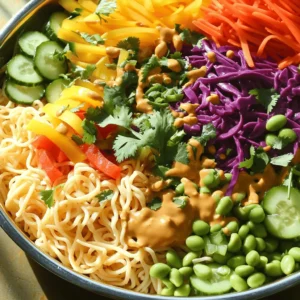 - 8 oz rice noodles - 1 cup red bell pepper, cut into thin matchsticks - 1 cup yellow bell pepper, cut into thin matchsticks - 1 cup cucumber, cut into thin matchsticks - 1 cup purple cabbage, finely shredded - 1 cup carrots, grated - 1 cup shelled edamame - 1/4 cup fresh cilantro, finely chopped - 1/4 cup green onions, thinly sliced The colorful mix of these ingredients brings life to your bowl. The rice noodles are the base, giving a soft, chewy texture. Red and yellow bell peppers add crunch and sweetness. Cucumber brings a refreshing bite, while purple cabbage adds a nice color contrast. Grated carrots contribute a sweet note, and edamame adds protein, making the dish filling. The fresh cilantro and green onions brighten the flavor, giving it an herbaceous lift. - 1/2 cup creamy peanut butter - 3 tablespoons soy sauce (or tamari for gluten-free) - 2 tablespoons fresh lime juice - 1 tablespoon maple syrup (or honey) - 1 tablespoon sesame oil - 1 garlic clove, finely minced - 1 teaspoon freshly grated ginger - 1-2 tablespoons water (for thinning the sauce) The peanut sauce ties the salad together. Creamy peanut butter forms the base, giving it richness. Soy sauce adds saltiness, while lime juice brightens the sauce with acidity. Maple syrup or honey adds a touch of sweetness. Sesame oil brings a nutty depth, and garlic and ginger provide warmth and aromatic notes. Use water to adjust the sauce's thickness, ensuring it coats the noodles perfectly. For the full recipe, check out the details above. Start by boiling a large pot of water. Once it reaches a rolling boil, add the rice noodles. Cook them according to the package instructions, usually around 5-7 minutes. They should be al dente, meaning they are firm but not hard. After cooking, drain the noodles and rinse them quickly under cold water. This step stops the cooking process and prevents them from becoming mushy. While the noodles cook, you can prepare the vegetables. Cut the red and yellow bell peppers into thin matchsticks. Slice the cucumber into thin strips as well. Finely shred the purple cabbage and grate the carrots. Toss all these vibrant vegetables into a large mixing bowl. Set them aside; they will add a fresh crunch to the salad. Next, let’s make the peanut sauce. In a medium bowl, combine creamy peanut butter, soy sauce, fresh lime juice, maple syrup, sesame oil, minced garlic, and grated ginger. Using a whisk, mix until the sauce is smooth and creamy. If the sauce seems too thick, add water a tablespoon at a time. You want it pourable but still rich. Now it’s time to bring everything together. Add the cooked noodles to the bowl with the vegetables. Pour the peanut sauce over the mixture. Toss gently until every noodle and vegetable is well coated in that delicious sauce. This is where the magic happens, as all the flavors blend. For the final touch, sprinkle chopped cilantro, sliced green onions, and shelled edamame on top of the salad. Toss everything lightly again, being careful not to break the noodles. These garnishes add color and extra flavor, making your salad look even more appealing. To enhance the flavors, chill the salad in the refrigerator for at least 30 minutes. This resting time allows the ingredients to meld beautifully. When you’re ready to serve, present the salad cold or at room temperature. If you like, you can add more cilantro or a sprinkle of chopped peanuts on top for an extra crunch. Enjoy your Rainbow Thai Peanut Noodle Salad! For the full recipe, check out the complete guide. To cook rice noodles perfectly, start with boiling water. Use a large pot to allow the noodles room to move. Cook them for 5-7 minutes until they are al dente. Al dente noodles are firm and not mushy. Drain the noodles well when done. Next, rinse the noodles under cold water. This stops the cooking and helps them stay separate. Rinsing also removes excess starch, giving you a better texture. Toss the noodles gently to ensure they don’t stick together. The peanut sauce is key to this dish's flavor. To adjust the taste, add more lime juice for zing or sweeten with more maple syrup. If you like spice, a dash of chili sauce can elevate the flavor. To make the sauce vegan, use maple syrup instead of honey. For a nut-free option, try sunflower seed butter. Both options keep the sauce creamy and tasty. For extra toppings, consider adding fresh herbs like mint or basil. Crushed peanuts add a nice crunch too. You can also serve the salad with grilled chicken, shrimp, or tofu for protein. If you want to enjoy it as a meal, pair it with a side of spring rolls or a light soup. This combination makes it more filling and satisfying. For the full recipe, refer to the detailed instructions above. {{image_4}} You can boost the nutrition and flavor of your Rainbow Thai Peanut Noodle Salad by adding protein. Grilled chicken, tofu, or shrimp work great. Each option brings its own taste and texture. - Grilled Chicken: Marinate chicken in soy sauce and lime juice. Grill until cooked, then slice. - Tofu: Press the tofu to remove excess water. Marinate it, then pan-fry until golden. - Shrimp: Toss shrimp in garlic and lime, then sauté until they turn pink. These proteins add richness and make the salad more filling. You can change up the veggies based on what's in season or what you like. Here are some fun swaps: - Snap Peas: Add crunch and sweetness. - Radishes: Slice thin for a peppery bite. - Zucchini: Spiralize or cut into sticks for a unique twist. Mixing different colors makes your salad pop. Bright colors also mean more nutrients. While the peanut sauce is a star, you can try other dressings too. Here are some ideas: - Sesame Ginger Dressing: Use sesame oil, ginger, soy sauce, and a bit of honey. - Spicy Sriracha Dressing: Mix peanut butter, soy sauce, lime juice, and Sriracha for heat. Adjust dressings to fit your taste or diet. For a vegan option, swap honey for maple syrup. Each dressing adds a new layer of flavor. For the full recipe, check out the complete details so you can whip up this vibrant dish in no time! To keep your Rainbow Thai Peanut Noodle Salad fresh, store it in the fridge. Use an airtight container to prevent moisture loss. This way, the flavors stay vibrant. Make sure to cool the salad first before sealing it. This helps keep the veggies crisp. You can freeze the salad, but some textures may change. If you freeze it, use a freezer-safe container. When you are ready to eat, let it thaw in the fridge overnight. To refresh, toss it with a bit of peanut sauce. This helps revive the flavors and texture. The salad lasts about 3-5 days in the fridge. Check for signs of spoilage, like a sour smell or slimy texture. If the veggies lose their crunch, it’s best to toss them. To enjoy the best flavor, eat it within the first few days. For the full recipe, check out the previous section! Serve this salad cold or at room temperature. Chilling it for 30 minutes helps flavors mix well. Use a large platter or bowl to show off the colors. Garnish with fresh cilantro or chopped peanuts for extra flair. Yes, you can make this salad ahead of time. Prepare the noodles and veggies, then toss them with the sauce. If you add the garnishes right before serving, they will stay fresh. Yes, it can be gluten-free. Use tamari instead of soy sauce. Ensure your rice noodles are gluten-free as well. Check labels to avoid hidden gluten in sauces. To add heat, mix in some chili flakes or sriracha. For a milder taste, skip the spicy ingredients. Taste as you go, so you find the perfect heat level. This salad is packed with vitamins and nutrients. Rice noodles offer carbs for energy. Veggies add fiber, vitamins A and C, and antioxidants. Edamame gives protein and healthy fats. In this article, we covered how to make a tasty Rainbow Thai Peanut Noodle Salad. We discussed the key ingredients like rice noodles, fresh veggies, and a creamy peanut sauce. I shared step-by-step instructions to ensure your salad turns out great. You also learned helpful tips for storage and variations to suit your tastes. This salad is vibrant and packed with nutrition, making it a fun dish to enjoy. Now, you can create a colorful meal that is as healthy as it is delicious. Happy cooking!