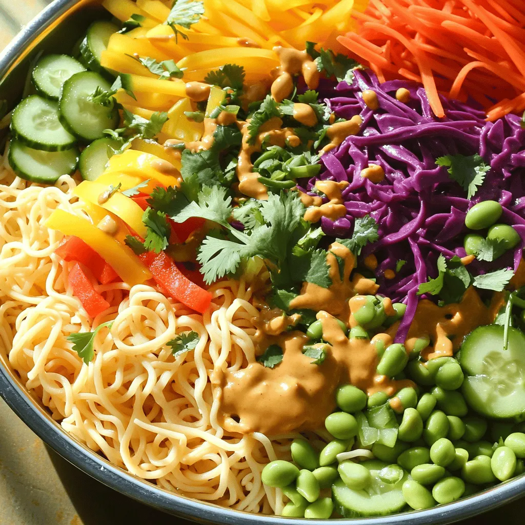 - 8 oz rice noodles - 1 cup red bell pepper, cut into thin matchsticks - 1 cup yellow bell pepper, cut into thin matchsticks - 1 cup cucumber, cut into thin matchsticks - 1 cup purple cabbage, finely shredded - 1 cup carrots, grated - 1 cup shelled edamame - 1/4 cup fresh cilantro, finely chopped - 1/4 cup green onions, thinly sliced The colorful mix of these ingredients brings life to your bowl. The rice noodles are the base, giving a soft, chewy texture. Red and yellow bell peppers add crunch and sweetness. Cucumber brings a refreshing bite, while purple cabbage adds a nice color contrast. Grated carrots contribute a sweet note, and edamame adds protein, making the dish filling. The fresh cilantro and green onions brighten the flavor, giving it an herbaceous lift. - 1/2 cup creamy peanut butter - 3 tablespoons soy sauce (or tamari for gluten-free) - 2 tablespoons fresh lime juice - 1 tablespoon maple syrup (or honey) - 1 tablespoon sesame oil - 1 garlic clove, finely minced - 1 teaspoon freshly grated ginger - 1-2 tablespoons water (for thinning the sauce) The peanut sauce ties the salad together. Creamy peanut butter forms the base, giving it richness. Soy sauce adds saltiness, while lime juice brightens the sauce with acidity. Maple syrup or honey adds a touch of sweetness. Sesame oil brings a nutty depth, and garlic and ginger provide warmth and aromatic notes. Use water to adjust the sauce's thickness, ensuring it coats the noodles perfectly. For the full recipe, check out the details above. Start by boiling a large pot of water. Once it reaches a rolling boil, add the rice noodles. Cook them according to the package instructions, usually around 5-7 minutes. They should be al dente, meaning they are firm but not hard. After cooking, drain the noodles and rinse them quickly under cold water. This step stops the cooking process and prevents them from becoming mushy. While the noodles cook, you can prepare the vegetables. Cut the red and yellow bell peppers into thin matchsticks. Slice the cucumber into thin strips as well. Finely shred the purple cabbage and grate the carrots. Toss all these vibrant vegetables into a large mixing bowl. Set them aside; they will add a fresh crunch to the salad. Next, let’s make the peanut sauce. In a medium bowl, combine creamy peanut butter, soy sauce, fresh lime juice, maple syrup, sesame oil, minced garlic, and grated ginger. Using a whisk, mix until the sauce is smooth and creamy. If the sauce seems too thick, add water a tablespoon at a time. You want it pourable but still rich. Now it’s time to bring everything together. Add the cooked noodles to the bowl with the vegetables. Pour the peanut sauce over the mixture. Toss gently until every noodle and vegetable is well coated in that delicious sauce. This is where the magic happens, as all the flavors blend. For the final touch, sprinkle chopped cilantro, sliced green onions, and shelled edamame on top of the salad. Toss everything lightly again, being careful not to break the noodles. These garnishes add color and extra flavor, making your salad look even more appealing. To enhance the flavors, chill the salad in the refrigerator for at least 30 minutes. This resting time allows the ingredients to meld beautifully. When you’re ready to serve, present the salad cold or at room temperature. If you like, you can add more cilantro or a sprinkle of chopped peanuts on top for an extra crunch. Enjoy your Rainbow Thai Peanut Noodle Salad! For the full recipe, check out the complete guide. To cook rice noodles perfectly, start with boiling water. Use a large pot to allow the noodles room to move. Cook them for 5-7 minutes until they are al dente. Al dente noodles are firm and not mushy. Drain the noodles well when done. Next, rinse the noodles under cold water. This stops the cooking and helps them stay separate. Rinsing also removes excess starch, giving you a better texture. Toss the noodles gently to ensure they don’t stick together. The peanut sauce is key to this dish's flavor. To adjust the taste, add more lime juice for zing or sweeten with more maple syrup. If you like spice, a dash of chili sauce can elevate the flavor. To make the sauce vegan, use maple syrup instead of honey. For a nut-free option, try sunflower seed butter. Both options keep the sauce creamy and tasty. For extra toppings, consider adding fresh herbs like mint or basil. Crushed peanuts add a nice crunch too. You can also serve the salad with grilled chicken, shrimp, or tofu for protein. If you want to enjoy it as a meal, pair it with a side of spring rolls or a light soup. This combination makes it more filling and satisfying. For the full recipe, refer to the detailed instructions above. {{image_4}} You can boost the nutrition and flavor of your Rainbow Thai Peanut Noodle Salad by adding protein. Grilled chicken, tofu, or shrimp work great. Each option brings its own taste and texture. - Grilled Chicken: Marinate chicken in soy sauce and lime juice. Grill until cooked, then slice. - Tofu: Press the tofu to remove excess water. Marinate it, then pan-fry until golden. - Shrimp: Toss shrimp in garlic and lime, then sauté until they turn pink. These proteins add richness and make the salad more filling. You can change up the veggies based on what's in season or what you like. Here are some fun swaps: - Snap Peas: Add crunch and sweetness. - Radishes: Slice thin for a peppery bite. - Zucchini: Spiralize or cut into sticks for a unique twist. Mixing different colors makes your salad pop. Bright colors also mean more nutrients. While the peanut sauce is a star, you can try other dressings too. Here are some ideas: - Sesame Ginger Dressing: Use sesame oil, ginger, soy sauce, and a bit of honey. - Spicy Sriracha Dressing: Mix peanut butter, soy sauce, lime juice, and Sriracha for heat. Adjust dressings to fit your taste or diet. For a vegan option, swap honey for maple syrup. Each dressing adds a new layer of flavor. For the full recipe, check out the complete details so you can whip up this vibrant dish in no time! To keep your Rainbow Thai Peanut Noodle Salad fresh, store it in the fridge. Use an airtight container to prevent moisture loss. This way, the flavors stay vibrant. Make sure to cool the salad first before sealing it. This helps keep the veggies crisp. You can freeze the salad, but some textures may change. If you freeze it, use a freezer-safe container. When you are ready to eat, let it thaw in the fridge overnight. To refresh, toss it with a bit of peanut sauce. This helps revive the flavors and texture. The salad lasts about 3-5 days in the fridge. Check for signs of spoilage, like a sour smell or slimy texture. If the veggies lose their crunch, it’s best to toss them. To enjoy the best flavor, eat it within the first few days. For the full recipe, check out the previous section! Serve this salad cold or at room temperature. Chilling it for 30 minutes helps flavors mix well. Use a large platter or bowl to show off the colors. Garnish with fresh cilantro or chopped peanuts for extra flair. Yes, you can make this salad ahead of time. Prepare the noodles and veggies, then toss them with the sauce. If you add the garnishes right before serving, they will stay fresh. Yes, it can be gluten-free. Use tamari instead of soy sauce. Ensure your rice noodles are gluten-free as well. Check labels to avoid hidden gluten in sauces. To add heat, mix in some chili flakes or sriracha. For a milder taste, skip the spicy ingredients. Taste as you go, so you find the perfect heat level. This salad is packed with vitamins and nutrients. Rice noodles offer carbs for energy. Veggies add fiber, vitamins A and C, and antioxidants. Edamame gives protein and healthy fats. In this article, we covered how to make a tasty Rainbow Thai Peanut Noodle Salad. We discussed the key ingredients like rice noodles, fresh veggies, and a creamy peanut sauce. I shared step-by-step instructions to ensure your salad turns out great. You also learned helpful tips for storage and variations to suit your tastes. This salad is vibrant and packed with nutrition, making it a fun dish to enjoy. Now, you can create a colorful meal that is as healthy as it is delicious. Happy cooking!
