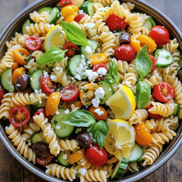 - Fresh Basil - Pasta (Fusilli or Rotini) - Vegetables: - 1 cup cherry tomatoes, halved - 1 cup cucumber, diced - 1/2 cup red bell pepper, diced - 1/4 cup red onion, finely chopped The heart of this salad lies in the freshness of the ingredients. Fresh basil gives a bright flavor and aroma. When choosing pasta, I like fusilli or rotini. Their shapes hold the dressing and veggies well. The colorful vegetables add crunch and taste. Cherry tomatoes burst with sweetness. Cucumber adds a refreshing bite. Red bell pepper brings sweetness, and red onion offers a mild sharpness. - Kalamata Olives - Feta Cheese - Honey or Maple Syrup For a tasty twist, add Kalamata olives. They bring a salty flavor that contrasts well with the sweet veggies. Crumbled feta cheese adds creaminess and a tangy kick. I often use honey or maple syrup in the dressing. This small amount of sweetness balances the tartness of the lemon. - Extra Virgin Olive Oil - Fresh Lemon Juice - Lemon Zest The dressing is where the magic happens. I use extra virgin olive oil for its rich flavor. Fresh lemon juice brightens the salad. Adding lemon zest enhances the citrus notes. This trio creates a light and zesty dressing that coats the pasta and veggies perfectly. For the full recipe, check out the Lemon Basil Pasta Salad . 1. Boil the Water: Start with a big pot. Fill it with water and add salt. Bring it to a full boil. 2. Cooking Time for Al Dente: Add your fusilli or rotini pasta. Cook it for 8 to 10 minutes. You want it to be firm but not hard. 3. Rinsing the Pasta: Once done, drain the pasta. Rinse it under cold water. This stops the cooking and cools it down. 1. Chopping Techniques: Use a sharp knife to chop your veggies. Cut cherry tomatoes in halves. Dice cucumber, bell pepper, and onion into small pieces. 2. Mixing the Vegetables: Take a large bowl. Add all your chopped vegetables. Gently toss them together to mix. 1. Whisking Ingredients Together: In a small bowl, combine olive oil, lemon juice, lemon zest, and honey. Whisk them until well combined. 2. Seasoning the Dressing: Add salt and black pepper. Taste it and adjust if needed. The dressing should be bright and fresh. 1. Adding Ingredients Together: Once the pasta is cool, add it to the bowl with veggies. Pour the dressing over everything. 2. Tossing Techniques: Use a large spoon to gently toss all the ingredients. Make sure everything is coated in the dressing. 1. Folding in Basil: Tear fresh basil leaves and gently fold them into the salad. This adds a burst of flavor. 2. Adding Feta Cheese: If you like, sprinkle in crumbled feta cheese. It gives a nice salty taste and creamy texture. 1. Importance of Refrigeration: Cover the salad bowl tightly. Place it in the fridge for at least 30 minutes. Chilling allows the flavors to blend. 2. Presentation Tips: Serve the salad in a big bowl or on plates. Garnish with more basil or lemon wedges. This makes it look fresh and inviting. For full details on creating this tasty dish, check out the Full Recipe. Enjoy your cooking! - Freshness of Basil: Always choose bright green basil. Look for leaves that are firm and fragrant. Avoid wilted or brown leaves. Fresh basil gives the best taste and aroma to your salad. - Choosing Quality Olive Oil: Use extra virgin olive oil for its rich flavor. Look for oils in dark bottles to protect them from light. A good olive oil enhances the taste of the dressing. - Avoiding Overcooked Pasta: Cook the pasta until it's al dente. This means it should be firm to the bite. If you overcook it, the pasta becomes mushy. Rinse it with cold water to stop cooking. - Balancing Flavors in the Salad: Taste as you mix. Add salt, pepper, or lemon juice to adjust flavors. Aim for a balance between tangy and savory. This makes each bite a delight. - Ideal Pairings: Lemon basil pasta salad pairs well with grilled chicken or fish. It also goes nicely with a crisp green salad. Serve it alongside crusty bread for a complete meal. - Best Temperature for Serving: Serve the salad chilled. This enhances the fresh flavors. For best results, refrigerate it for at least 30 minutes before serving. Enjoy your salad fresh and flavorful! {{image_4}} You can customize your Lemon Basil Pasta Salad by adding proteins or changing veggies. - Protein Options: Chicken or tuna works great in this salad. Grilled chicken gives a nice flavor boost. Tuna adds a savory touch. Both options make the dish more filling. - Different Vegetables: You can use avocado for creaminess or spinach for extra greens. These swaps add variety and nutrition. Feel free to mix and match your favorite vegetables. To elevate your Lemon Basil Pasta Salad, think about different dressings or spices. - Alternative Dressings: Try a balsamic vinaigrette for a tangy twist, or a creamy dressing for richness. These changes can create a whole new flavor profile. - Spice Up with Chili Flakes: If you enjoy some heat, add chili flakes. They give a nice kick and balance the freshness of the salad. You can easily adapt this salad to fit different dietary needs. - Gluten-Free Pasta Options: Use gluten-free pasta if you need it. There are many good choices available that taste great. - Vegan Modifications: To make it vegan, skip the feta cheese. You can also use maple syrup instead of honey. This keeps the salad light and fresh without losing flavor. For the full recipe of Lemon Basil Pasta Salad, check out the complete guide! To keep your Lemon Basil Pasta Salad fresh, store it in an airtight container. This helps to seal in flavors and moisture. I suggest letting the salad chill for at least 30 minutes before serving. You can enjoy it for up to three days in the fridge. - Best Practices for Storing Leftovers - Use airtight containers. - Keep salad away from strong-smelling foods. - Avoid mixing in fresh basil until serving. - Duration of Freshness - Enjoy the salad within three days for best taste. - Check for signs of spoilage, like off smells or slimy textures. While I recommend eating the pasta salad fresh, you can freeze it if needed. However, the texture may change. Freezing can affect the fresh vegetables and basil. - Can Lemon Basil Pasta Salad be Frozen? - Yes, but it's not ideal. - The pasta may become mushy after thawing. - Best Way to Thaw - Move the salad to the fridge overnight. - Once thawed, mix in fresh basil and any additional dressing for a burst of flavor. Lemon Basil Pasta Salad lasts about three to five days in the fridge. Store it in a sealed container. The flavors improve over time, but it’s best when fresh. Freezing is not ideal for this salad, as the texture may change. If you freeze it, thaw it in the fridge before eating. Yes! You can prepare this salad a day in advance. Just store it in the fridge. Making it ahead allows the flavors to blend nicely. This is a great option for gatherings or meal prep. If you don’t have basil, try using parsley or cilantro. Both herbs add a fresh taste. Mint is another option for a unique twist. Each herb will change the flavor slightly, so choose according to your taste. You can use dried herbs, but fresh is better. Dried herbs have a stronger taste. Use about one-third of the amount when substituting. The salad might taste different, so adjust based on your preference. Fusilli and rotini are great choices. Their shapes hold the dressing and veggies well. You can also use penne or farfalle for variety. Choose a pasta that you enjoy, as it will impact the final dish. Serve the salad in a large bowl for gatherings. For individual servings, use attractive plates. Add fresh basil leaves and lemon wedges on top for a nice touch. This makes the salad visually appealing and fresh. Absolutely! This salad is perfect for meal prep. It stores well and is easy to make in bulk. Just follow the Full Recipe to create enough for the week. Enjoy it cold as a quick lunch or dinner option. Lemon Basil Pasta Salad is fresh, tasty, and easy to make. We highlighted key ingredients and steps for perfecting it. Remember to choose fresh produce and quality olive oil. Adjust flavors and add proteins or veggies to fit your taste. Store leftovers properly for later enjoyment. You can easily make this salad ahead of time or serve it warm or cold. With these tips, enjoy a delightful dish that brings flavors together. Happy cooking!