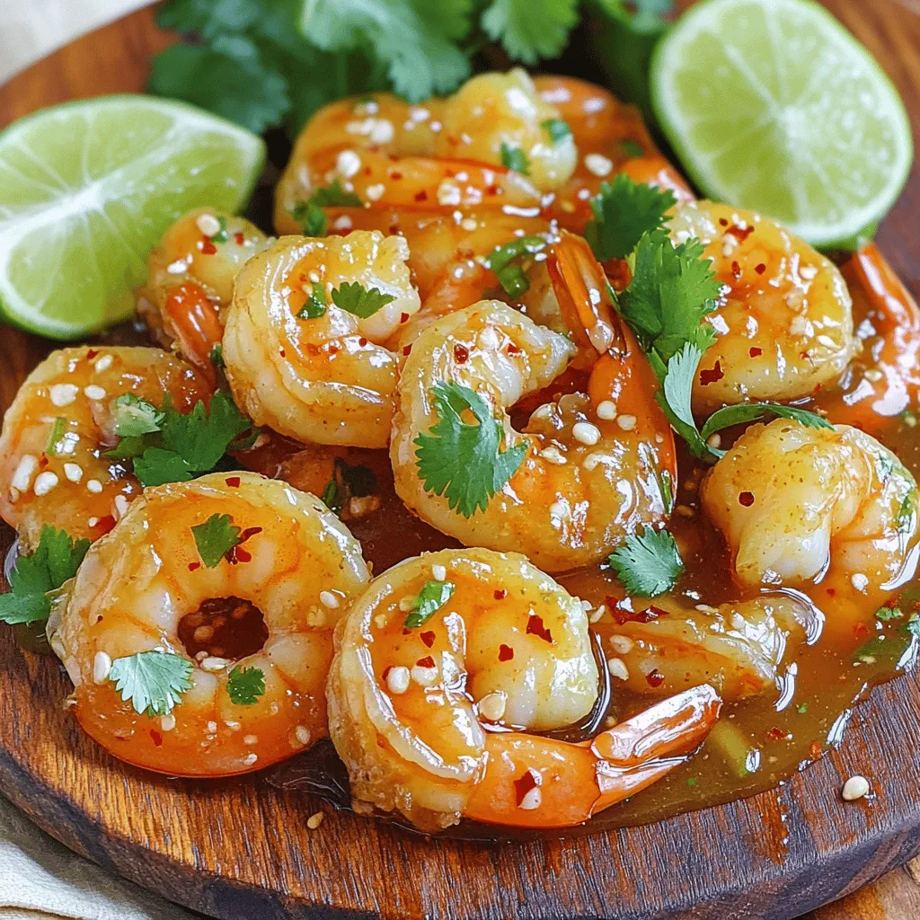 - Shrimp: Use 1 pound of large shrimp. Fresh shrimp works best. Look for shrimp that is pink and firm. Avoid shrimp that smells strong or has a slimy texture. - Honey: Use pure honey for the best flavor. Clover honey or wildflower honey both work well. They add the right sweetness without being too strong. - Lime Juice: Fresh lime juice is best. It gives a bright, zesty flavor. If you use bottled lime juice, choose one with no added sugars for a true taste. - Soy Sauce: Use low-sodium soy sauce. This keeps the dish from being too salty. It adds depth without overpowering other flavors. - Fresh Cilantro: This herb adds a fresh taste. If you don’t like cilantro, try parsley as a mild substitute. - Lime Wedges: Serving lime wedges with the dish boosts the flavor. Squeezing fresh lime juice on the shrimp adds a nice zing. For the full recipe, check the details above. Start by whisking together the marinade ingredients in a bowl. This mixture includes honey, lime juice, soy sauce, minced garlic, minced ginger, and crushed red pepper flakes. Blending these ingredients well is key. It helps the flavors combine and coat the shrimp evenly. The honey adds sweetness, while lime juice gives a zesty kick. Soy sauce brings depth, and garlic and ginger add warmth. This blend will make your shrimp burst with flavor. Once you have the marinade ready, add the peeled and deveined shrimp. Make sure each shrimp gets a good coat of the marinade. Cover the bowl with plastic wrap and let it sit. The best time for marinating is 15 to 20 minutes at room temperature. This allows the shrimp to soak up the flavors. If you let it sit too long, the acid from the lime juice can change the shrimp's texture. Now it's time to cook! Heat olive oil in a large skillet over medium-high heat. Wait until the oil shimmers before adding the shrimp. This heat ensures a good sear. Add the marinated shrimp to the skillet, but remember to save any leftover marinade. Cook the shrimp for about 2 to 3 minutes without stirring. You want one side to turn pink and opaque. Flip the shrimp and cook for another 2 minutes until done. To finish, pour the reserved marinade into the skillet and let it cook for one more minute. This step helps the flavors come together. Remove the skillet from heat and season with salt and pepper. Your spicy honey lime shrimp is now ready to serve. Enjoy it warm, garnished with fresh cilantro and lime wedges. For the full recipe, refer back to the beginning! To cook shrimp just right, avoid overcooking. Shrimp turns pink and opaque when done. Look for a firm texture. If it curls tightly, it may be overcooked. Using a meat thermometer helps ensure perfect shrimp. The ideal internal temperature is 120°F. This temperature keeps your shrimp juicy and tender. To spice things up, adjust the heat levels to your liking. If you enjoy more heat, add extra crushed red pepper flakes. Start with a little and add more if needed. Consider adding aromatics for extra flavor. Garlic and ginger bring warmth. You can also try adding cumin or smoked paprika for a new twist. Use your creativity to enhance flavors you love. {{image_4}} You can try different proteins for this dish. Chicken works well if you prefer it. Tofu is a great choice for a plant-based option, absorbing flavors nicely. Just cut them into bite-sized pieces and follow the same cooking steps. For sweeteners, honey is fantastic, but maple syrup can add a nice twist. Agave syrup is another option to consider. Both alternatives will still give you that sweet touch without losing flavor. Want to switch up the citrus? You can use lemon or orange juice for a fresh taste. Both add a unique zing that pairs well with shrimp. Adjusting the spice level is easy too. If you want more heat, add extra crushed red pepper flakes. For less spice, reduce the amount or leave it out. This way, you can make the dish just how you like it! For the full recipe, check [Full Recipe]. To keep your Spicy Honey Lime Shrimp fresh, follow these tips. - Refrigerator Storage: Place leftovers in an airtight container. Use glass or plastic containers that seal well. Store the shrimp in the fridge for up to three days. Make sure they cool down before sealing to avoid moisture buildup. - Freezing Options: If you want to save shrimp for later, freezing is a great choice. Lay the shrimp flat in a single layer on a baking sheet. Freeze until solid, then transfer to a freezer-safe bag. This method prevents clumping and keeps shrimp fresh for up to three months. Reheating shrimp can be tricky. Here’s how to do it right. - Best Methods: The microwave is quick but can make shrimp rubbery. Instead, use a skillet for better results. Heat a little oil in the skillet over medium heat. Add the shrimp and cook until warmed through. - Maintaining Texture: To avoid rubbery shrimp, don’t overheat them. Just warm until they are hot but still tender. Stir gently to keep them from sticking to the pan. Enjoy your shrimp like they were just cooked! For the full recipe, check out the [Full Recipe]. You can tell shrimp is done by its color and texture. Cooked shrimp turns pink and becomes firm. They should look opaque, not translucent. The safe internal temperature for shrimp is 120°F (49°C). Use a meat thermometer for the best results. Yes, you can prep this dish ahead. Marinate the shrimp and store it in the fridge. This can last for up to 2 hours. If you want to keep it longer, freeze the marinated shrimp. Thaw in the fridge before cooking. Pair this shrimp with rice or a fresh salad. Here are some great options: - Steamed jasmine rice - Quinoa salad - Grilled vegetables - Avocado slices These sides balance the shrimp's spice and sweetness. You can also serve warm tortillas for a fun twist. Check the Full Recipe for more details! You learned how to make Spicy Honey Lime Shrimp with fresh ingredients and easy steps. We talked about the best shrimp, types of honey, and the importance of lime juice. I shared tips on marinating and cooking to get shrimp just right. Remember to check for doneness and how to store leftovers. You can also try new flavors by changing ingredients. Enjoy your dish, share it, and impress your friends. Simple cooking can lead to big smiles!
