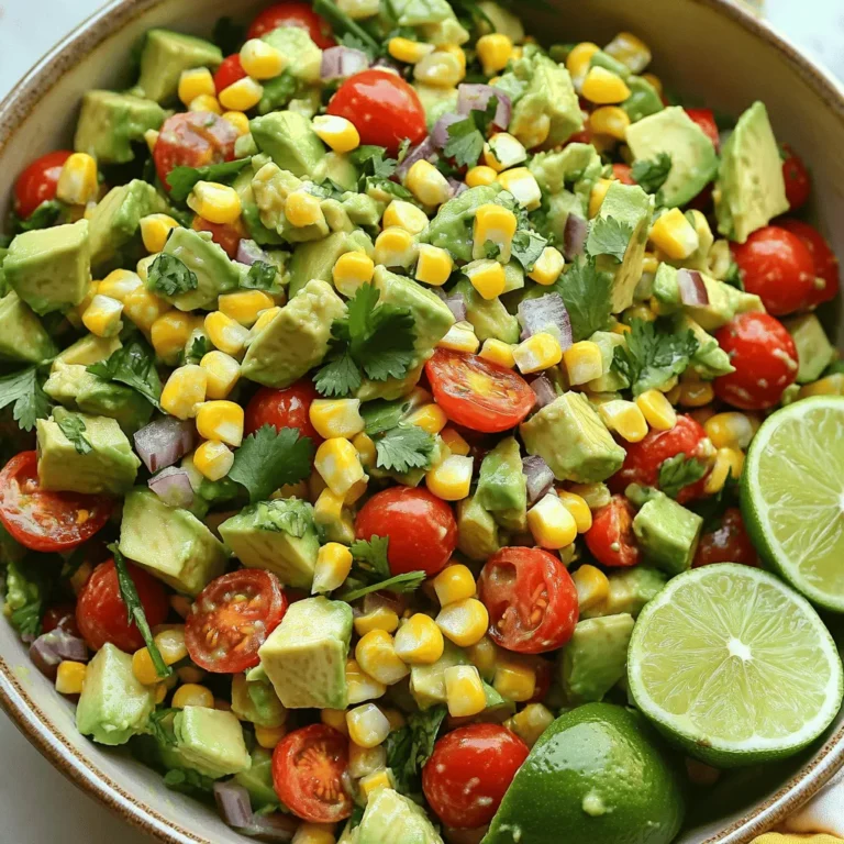 To make a tasty avocado corn salad, gather these ingredients: - 2 ripe avocados, diced into bite-sized cubes - 1 cup sweet corn (freshly grilled or canned, drained) - 1 cup cherry tomatoes, halved for a juicy burst - 1 red bell pepper, diced finely for crunch - 1/4 cup red onion, finely chopped for sharpness - 1/4 cup fresh cilantro, chopped for herbal freshness - Juice of 2 limes for tanginess - 2 tablespoons extra virgin olive oil for richness - 1 teaspoon ground cumin for warmth - Salt and freshly cracked pepper to taste Using good-quality ingredients makes a big difference. Choose ripe avocados that yield slightly when pressed. This means they are soft and ready to eat. Fresh corn adds a sweet touch. If you use canned corn, drain it well to keep the salad fresh. Opt for vibrant cherry tomatoes and a crunchy red bell pepper, both of which enhance the salad's look and taste. Fresh cilantro can elevate the flavor, so use it if you like its taste. If you have allergies or preferences, you can easily swap some ingredients. Try using lime juice from one lemon instead. For those with onion allergies, you can skip the red onion or use green onions. If you are not a fan of cilantro, parsley works well too. For a creamier texture, consider adding a bit of Greek yogurt. This makes the salad rich while keeping it fresh. For the complete recipe, check out the [Full Recipe]. To make the avocado corn salad, start by gathering all your ingredients. You need ripe avocados, sweet corn, cherry tomatoes, red bell pepper, red onion, cilantro, lime juice, olive oil, cumin, salt, and pepper. First, take a large bowl. Add the diced avocados and the corn. If you use canned corn, drain it well. Mix these two gently to spread the sweetness of the corn. Next, add the halved cherry tomatoes, diced red bell pepper, and finely chopped red onion. These ingredients give your salad a bright look and a tasty crunch. After that, sprinkle the chopped cilantro over everything. This adds a fresh flavor that brightens the dish. Now, grab a small bowl. Whisk the lime juice, olive oil, cumin, and a pinch of salt and pepper together. This dressing will tie all the flavors in the salad. Pour the dressing over the salad mixture. Use a spatula or wooden spoon to mix everything gently. Be careful not to mash the avocados. Finally, taste your salad. You might want to add more salt or lime juice based on your taste. When mixing, go slow. You want to keep the avocados intact. Over-mixing can turn them mushy. Use a light hand and fold the ingredients together. This keeps your salad looking fresh and colorful. If you notice some pieces are not coated well, you can add a bit more dressing. Just drizzle it slowly and mix again. This helps every bite to burst with flavor. For the best taste, let your salad sit for about 10 minutes at room temperature. This allows the flavors to blend. If you serve it right away, the tastes might not be as strong. After resting, your salad will be ready to eat. Enjoy it fresh for lunch or as a side with dinner. For the full recipe, click here. To select ripe avocados, look for a dark green color. Gently squeeze the avocado; it should feel firm but yield slightly. Avoid any that feel mushy. A ripe avocado should have a smooth skin without dark spots. If you find unripe avocados, leave them at room temperature for a few days. Once ripe, use them within a day or two for best taste. Grilling fresh corn adds a smoky flavor that enhances your salad. Start by husking the corn and removing all silk. Brush the kernels with oil to prevent sticking. Place the corn directly on a hot grill for about 10 minutes. Turn it every few minutes until it’s tender and has grill marks. This method caramelizes the sugars, making the corn sweeter and more delicious. To enhance your salad's flavor, adjust the seasonings to your taste. Start with lime juice and olive oil, then add cumin for warmth. If you prefer a kick, include a pinch of chili powder or chopped jalapeños. Fresh herbs can also brighten the dish. Always taste and adjust as you go. Remember, a little salt can go a long way in bringing out flavors. For more detailed instructions, check the Full Recipe. {{image_4}} You can boost the protein in your avocado corn salad easily. Adding chicken or shrimp makes it more filling. Grilled chicken breast works well; just chop it into bite-sized pieces. For shrimp, try sautéing or grilling them until they are pink. Both options blend nicely with the salad's flavors. You can also use canned chickpeas for a plant-based choice. Just rinse and add them directly for a hearty twist. The dressing can change the whole taste of your salad. A simple lime vinaigrette adds a refreshing zing. Just whisk lime juice, olive oil, salt, and pepper together. For a creamy dressing, mix yogurt with lime juice and cumin. This gives a nice tang and creaminess. You could also try a cilantro-lime dressing for extra flavor. Feel free to experiment with different dressings to find your favorite. Using seasonal ingredients makes your salad even better. In summer, fresh peaches or strawberries add a sweet touch. In fall, diced apples or pears give crunch and sweetness. You can also swap the corn for roasted butternut squash in winter. This keeps your salad fresh and exciting all year. Think about what’s in season for tasty swaps that match the flavors of your dish. For the complete recipe, check out the [Full Recipe]. To store leftover avocado corn salad, use an airtight container. This keeps the air out and helps avoid spoilage. Place the salad in the fridge right after serving. It tastes better cold and stays fresh longer. If you have extra dressing, store it separately to keep the salad crisp. The salad will last about 2 days in the fridge. The avocados may brown, but the taste remains good. Corn and tomatoes hold well for a bit longer. If you used canned corn, it can stay fresh for 3 to 4 days. Always check for any off smells before eating leftovers. To keep avocados fresh, store them whole until you're ready to use them. If you've cut an avocado, squeeze some lime juice on it. The acid helps slow browning. Cover it tightly with plastic wrap or place it in an airtight container. This way, you can enjoy your avocado longer without losing its bright color. To stop avocados from browning, use lime juice. The acid slows down oxidation. You can also store cut avocados with the pit in. Cover them tightly with plastic wrap. This keeps air out and helps maintain their color. Yes, you can prepare the salad in advance. However, add the avocados right before serving. This keeps them fresh and green. If you store it for later, put plastic wrap directly on the surface. This minimizes air exposure and keeps the salad tasty. Look for fresh corn with bright green husks. The kernels should feel plump and firm. If using canned corn, choose a brand with low sodium. Drain and rinse it well to remove extra salt. This will help the corn taste fresh and sweet in your salad. Enjoy the crunch and sweetness! For the complete recipe, check out the Avocado Corn Salad Delight. In this blog post, we covered how to make a delicious avocado corn salad. We explored the best ingredients, tips for preparation, and ways to enhance flavor. You can mix and match based on your taste and needs. Remember to store leftovers properly to keep them fresh. With easy swaps and answers to common questions, you’ll create a great dish every time. Now, you have everything you need to impress your family and friends with your new salad skills. Enjoy making your own special version!