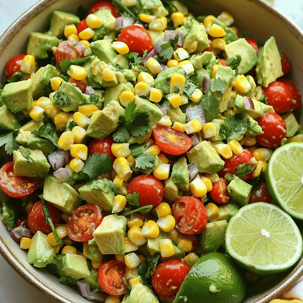 To make a tasty avocado corn salad, gather these ingredients: - 2 ripe avocados, diced into bite-sized cubes - 1 cup sweet corn (freshly grilled or canned, drained) - 1 cup cherry tomatoes, halved for a juicy burst - 1 red bell pepper, diced finely for crunch - 1/4 cup red onion, finely chopped for sharpness - 1/4 cup fresh cilantro, chopped for herbal freshness - Juice of 2 limes for tanginess - 2 tablespoons extra virgin olive oil for richness - 1 teaspoon ground cumin for warmth - Salt and freshly cracked pepper to taste Using good-quality ingredients makes a big difference. Choose ripe avocados that yield slightly when pressed. This means they are soft and ready to eat. Fresh corn adds a sweet touch. If you use canned corn, drain it well to keep the salad fresh. Opt for vibrant cherry tomatoes and a crunchy red bell pepper, both of which enhance the salad's look and taste. Fresh cilantro can elevate the flavor, so use it if you like its taste. If you have allergies or preferences, you can easily swap some ingredients. Try using lime juice from one lemon instead. For those with onion allergies, you can skip the red onion or use green onions. If you are not a fan of cilantro, parsley works well too. For a creamier texture, consider adding a bit of Greek yogurt. This makes the salad rich while keeping it fresh. For the complete recipe, check out the [Full Recipe]. To make the avocado corn salad, start by gathering all your ingredients. You need ripe avocados, sweet corn, cherry tomatoes, red bell pepper, red onion, cilantro, lime juice, olive oil, cumin, salt, and pepper. First, take a large bowl. Add the diced avocados and the corn. If you use canned corn, drain it well. Mix these two gently to spread the sweetness of the corn. Next, add the halved cherry tomatoes, diced red bell pepper, and finely chopped red onion. These ingredients give your salad a bright look and a tasty crunch. After that, sprinkle the chopped cilantro over everything. This adds a fresh flavor that brightens the dish. Now, grab a small bowl. Whisk the lime juice, olive oil, cumin, and a pinch of salt and pepper together. This dressing will tie all the flavors in the salad. Pour the dressing over the salad mixture. Use a spatula or wooden spoon to mix everything gently. Be careful not to mash the avocados. Finally, taste your salad. You might want to add more salt or lime juice based on your taste. When mixing, go slow. You want to keep the avocados intact. Over-mixing can turn them mushy. Use a light hand and fold the ingredients together. This keeps your salad looking fresh and colorful. If you notice some pieces are not coated well, you can add a bit more dressing. Just drizzle it slowly and mix again. This helps every bite to burst with flavor. For the best taste, let your salad sit for about 10 minutes at room temperature. This allows the flavors to blend. If you serve it right away, the tastes might not be as strong. After resting, your salad will be ready to eat. Enjoy it fresh for lunch or as a side with dinner. For the full recipe, click here. To select ripe avocados, look for a dark green color. Gently squeeze the avocado; it should feel firm but yield slightly. Avoid any that feel mushy. A ripe avocado should have a smooth skin without dark spots. If you find unripe avocados, leave them at room temperature for a few days. Once ripe, use them within a day or two for best taste. Grilling fresh corn adds a smoky flavor that enhances your salad. Start by husking the corn and removing all silk. Brush the kernels with oil to prevent sticking. Place the corn directly on a hot grill for about 10 minutes. Turn it every few minutes until it’s tender and has grill marks. This method caramelizes the sugars, making the corn sweeter and more delicious. To enhance your salad's flavor, adjust the seasonings to your taste. Start with lime juice and olive oil, then add cumin for warmth. If you prefer a kick, include a pinch of chili powder or chopped jalapeños. Fresh herbs can also brighten the dish. Always taste and adjust as you go. Remember, a little salt can go a long way in bringing out flavors. For more detailed instructions, check the Full Recipe. {{image_4}} You can boost the protein in your avocado corn salad easily. Adding chicken or shrimp makes it more filling. Grilled chicken breast works well; just chop it into bite-sized pieces. For shrimp, try sautéing or grilling them until they are pink. Both options blend nicely with the salad's flavors. You can also use canned chickpeas for a plant-based choice. Just rinse and add them directly for a hearty twist. The dressing can change the whole taste of your salad. A simple lime vinaigrette adds a refreshing zing. Just whisk lime juice, olive oil, salt, and pepper together. For a creamy dressing, mix yogurt with lime juice and cumin. This gives a nice tang and creaminess. You could also try a cilantro-lime dressing for extra flavor. Feel free to experiment with different dressings to find your favorite. Using seasonal ingredients makes your salad even better. In summer, fresh peaches or strawberries add a sweet touch. In fall, diced apples or pears give crunch and sweetness. You can also swap the corn for roasted butternut squash in winter. This keeps your salad fresh and exciting all year. Think about what’s in season for tasty swaps that match the flavors of your dish. For the complete recipe, check out the [Full Recipe]. To store leftover avocado corn salad, use an airtight container. This keeps the air out and helps avoid spoilage. Place the salad in the fridge right after serving. It tastes better cold and stays fresh longer. If you have extra dressing, store it separately to keep the salad crisp. The salad will last about 2 days in the fridge. The avocados may brown, but the taste remains good. Corn and tomatoes hold well for a bit longer. If you used canned corn, it can stay fresh for 3 to 4 days. Always check for any off smells before eating leftovers. To keep avocados fresh, store them whole until you're ready to use them. If you've cut an avocado, squeeze some lime juice on it. The acid helps slow browning. Cover it tightly with plastic wrap or place it in an airtight container. This way, you can enjoy your avocado longer without losing its bright color. To stop avocados from browning, use lime juice. The acid slows down oxidation. You can also store cut avocados with the pit in. Cover them tightly with plastic wrap. This keeps air out and helps maintain their color. Yes, you can prepare the salad in advance. However, add the avocados right before serving. This keeps them fresh and green. If you store it for later, put plastic wrap directly on the surface. This minimizes air exposure and keeps the salad tasty. Look for fresh corn with bright green husks. The kernels should feel plump and firm. If using canned corn, choose a brand with low sodium. Drain and rinse it well to remove extra salt. This will help the corn taste fresh and sweet in your salad. Enjoy the crunch and sweetness! For the complete recipe, check out the Avocado Corn Salad Delight. In this blog post, we covered how to make a delicious avocado corn salad. We explored the best ingredients, tips for preparation, and ways to enhance flavor. You can mix and match based on your taste and needs. Remember to store leftovers properly to keep them fresh. With easy swaps and answers to common questions, you’ll create a great dish every time. Now, you have everything you need to impress your family and friends with your new salad skills. Enjoy making your own special version!