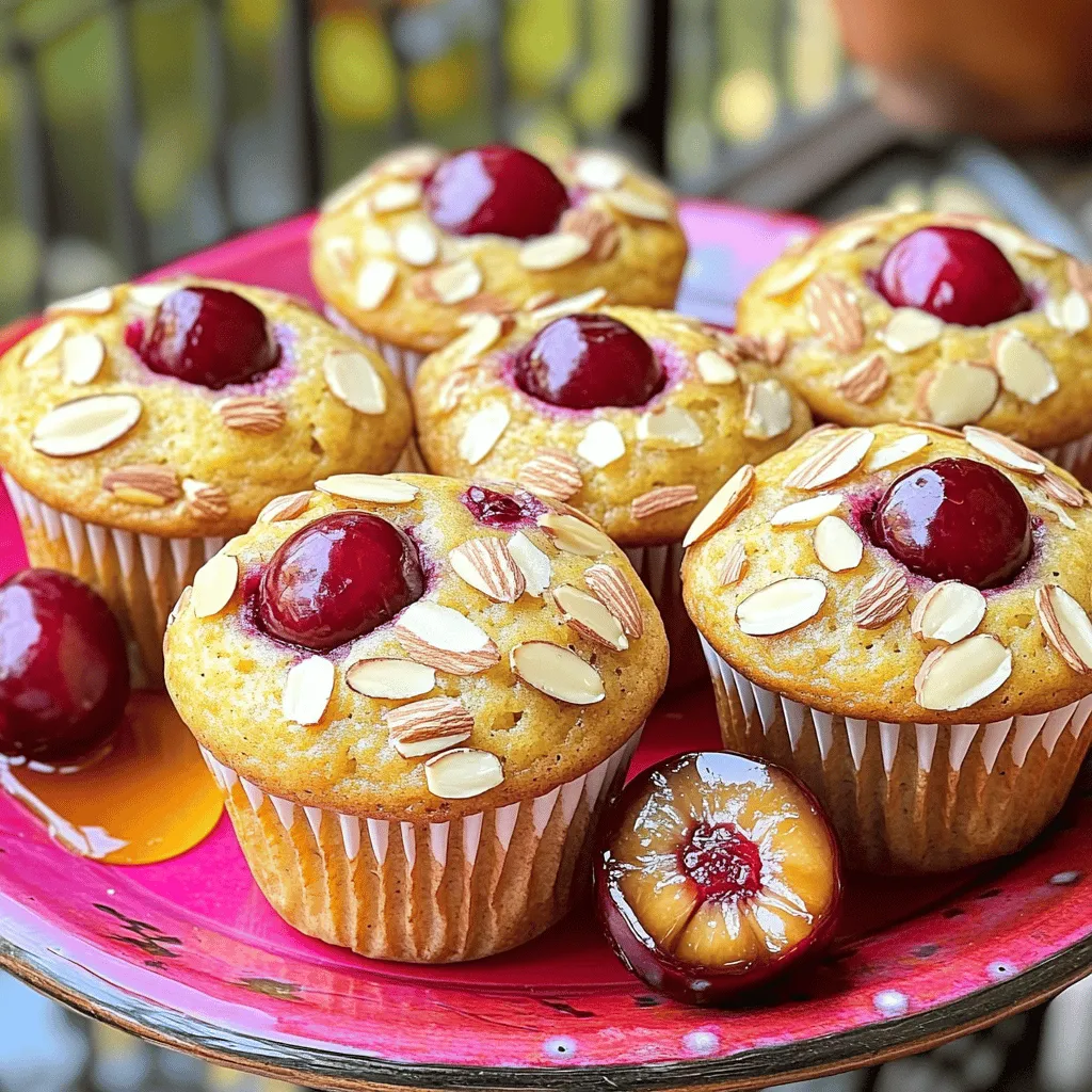 To make Cherry Almond Protein Muffins, you need simple and healthy ingredients. Here’s a list for you: - 1 cup almond flour - 1/2 cup rolled oats - 1/2 cup protein powder (vanilla or unflavored) - 1/4 cup honey or maple syrup - 1/2 cup plain Greek yogurt - 2 large eggs - 1/2 cup unsweetened almond milk - 1 teaspoon baking powder - 1/2 teaspoon baking soda - 1/2 teaspoon salt - 1 cup fresh or frozen cherries, pitted and halved - 1/4 cup sliced almonds (for topping) - 1 teaspoon almond extract Each ingredient plays a key role in making these muffins tasty and nutritious. Almond flour gives a nutty flavor and a great texture. Rolled oats add heartiness and health benefits. Protein powder boosts the protein content, making these muffins perfect for a snack or breakfast. Using honey or maple syrup adds sweetness, while Greek yogurt keeps the muffins moist. The eggs help bind everything together, giving structure. Almond milk keeps the muffins light and adds a hint of almond flavor. Baking powder and baking soda make the muffins rise, resulting in fluffy bites. Cherries bring a burst of color and flavor, while sliced almonds on top add a delightful crunch. The almond extract enhances the nutty taste, tying all the flavors together. You can find the full recipe in the article to guide you step by step. Happy baking! Set your oven temperature to 350°F (175°C). Line a muffin tin with paper liners or grease each cup lightly. This helps the muffins come out easily after baking. In a large bowl, combine the almond flour, rolled oats, protein powder, baking powder, baking soda, and salt. Use a whisk to stir these ingredients well. Mixing them well ensures that your muffins rise evenly. In another bowl, whisk together the honey (or maple syrup), Greek yogurt, eggs, almond milk, and almond extract. Mix until it is smooth and creamy. This step adds moisture and flavor to your muffins. Gradually add the wet mixture to the dry mixture. Stir gently with a spatula until just combined. Be careful not to overmix the batter, as this can make the muffins tough. Gently fold the halved cherries into the batter. This adds bursts of flavor throughout each muffin. Then, fill each muffin cup about two-thirds full with the batter. This allows space for the muffins to rise. Place the muffin tin in the oven and bake for 18-20 minutes. The muffins should be golden on top. You can check for doneness by inserting a toothpick in the center; it should come out clean. Let the muffins cool in the pan for 5 minutes before transferring them to a wire rack. To make the best cherry almond protein muffins, watch your baking time. I suggest checking them at the 18-minute mark. If they look golden and a toothpick comes out clean, they are ready. Overbaking can dry out the muffins, so keep a close eye on them. After baking, let the muffins cool in the pan for five minutes. This step helps them firm up and gives you the right texture. Then, move them to a wire rack to cool completely. If you don’t have almond flour, you can use oat flour or whole wheat flour. They work well and will still taste great. For protein powder, you can try using a plant-based option or even a different flavor. If you need a non-dairy version, swap Greek yogurt for coconut yogurt or silken tofu. For almond milk, you can use soy milk or oat milk. These changes will still keep your muffins tasty and nutritious. Want to kick up the flavor? You can add a pinch of cinnamon or nutmeg to the batter. Both spices pair well with the cherries and almonds. You might also try adding a splash of vanilla extract for extra sweetness. If you enjoy a hint of citrus, a bit of lemon zest can brighten the taste. These simple additions can make your muffins even more delightful. Check out the full recipe to get started on your delicious cherry almond protein muffins! {{image_4}} You can play with flavors in these muffins. Dark chocolate chips add a rich touch. You can mix in some unsweetened coconut for a tropical twist. If you want to switch up the fruit, try using blueberries or raspberries. Both fruits pair well with almonds and give a fresh taste. You can also use dried cherries for a chewiness that works great in muffins. To make these muffins vegan, swap the eggs for flax eggs. Just mix one tablespoon of ground flaxseed with three tablespoons of water and let it sit for five minutes. Use plant-based yogurt instead of Greek yogurt. Maple syrup is a good choice to keep it sweet. You can still enjoy the same tasty muffins without animal products. If you want to cut back on sugar, reduce the honey or maple syrup. You can try using mashed bananas or unsweetened applesauce. Both will keep your muffins moist and sweet. Just remember to balance the flavors so you still enjoy every bite. Use spices like cinnamon to enhance the taste without adding more sugar. For the full recipe, check out the [Full Recipe] section above! To keep your Cherry Almond Protein Muffins fresh at room temperature, place them in an airtight container. This helps to keep moisture in and air out. Store them for up to three days. If you live in a warm area, keep them in a cool, dry place. Avoid direct sunlight, as it can dry them out. These muffins taste best when fresh, so enjoy them soon after baking. For long-term storage, freezing is the best option. Allow the muffins to cool completely before freezing. Wrap each muffin tightly in plastic wrap or aluminum foil. Then, place them in a freezer-safe bag or container. This method prevents freezer burn and helps preserve flavor. You can freeze them for up to three months. When ready to eat, simply thaw them in the fridge overnight or leave them at room temperature for a few hours. To enjoy your muffins warm, you can easily reheat them. Preheat your oven to 350°F (175°C). Place the muffins on a baking sheet and warm them for about 10 minutes. This method helps restore their soft texture. You can also use the microwave for a quick fix. Heat each muffin for 15-20 seconds. Just be careful not to overheat, as that can make them dry. For the full recipe, check out the delicious Cherry Almond Protein Muffins! Yes, you can use frozen cherries. They work just as well as fresh cherries. Just make sure to thaw them first and drain any extra liquid. This keeps the batter from becoming too wet. Frozen cherries can add a nice burst of flavor, and they are often just as nutritious as fresh ones. To check if your muffins are done, look for a golden top. Insert a toothpick into the center of a muffin. If it comes out clean or with a few crumbs, the muffins are ready. They should feel firm to the touch. If they are still wet, bake them for a few more minutes. Each muffin has about 150 calories. They are rich in protein and fiber. The almond flour and Greek yogurt add healthy fats and nutrients. Plus, cherries provide antioxidants. This makes them a tasty and nutritious snack. Enjoy these muffins guilt-free, knowing they are good for you! For the complete recipe, check the Full Recipe section. This blog post covers a simple and tasty cherry almond protein muffin recipe. You learned about the key ingredients and steps to make them. I shared tips for baking success, ingredient swaps, and ways to customize the recipe. Muffins can be fun and flexible. Whether you want to make them vegan or low-sugar, it's easy! Always store them well to keep their flavor fresh. Enjoy cooking, and have fun trying different variations. Your kitchen adventures can lead to yummy treats!