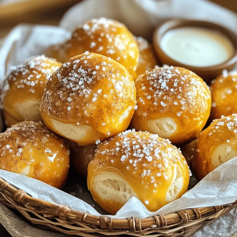 To make Cinnamon Sugar Pretzel Bites, you need: - 1 packet (2 1/4 teaspoons) active dry yeast - 2 tablespoons granulated sugar - 3 cups all-purpose flour - 1 teaspoon salt These ingredients are the base of your pretzel bites. The yeast helps them rise, while sugar adds sweetness. Flour gives strength to the dough, and salt enhances the flavor. For the baking soda bath, gather: - 1/4 cup baking soda - 1 cup warm water The baking soda bath is key. It gives the pretzels their unique texture and rich color. Finally, for the coating, you will need: - 2 teaspoons ground cinnamon - 1/2 cup unsalted butter This coating makes the bites sweet and fragrant. The butter adds richness, while the cinnamon sugar creates a delicious topping. For the full recipe, follow the specific steps outlined to ensure perfect pretzel bites every time. Start by mixing warm water with yeast and sugar. Use a bowl for this step. Stir gently. Let the mix sit for about 5 minutes. It should become frothy and bubbly. This shows the yeast is active and ready. In another large bowl, combine flour and salt. Slowly pour in the yeast mix. Stir until a dough forms. Place the dough on a floured surface. Knead it for about 5 minutes. Aim for a smooth and elastic texture. If it feels too sticky, add a bit more flour. Put your kneaded dough in a greased bowl. Cover it with a towel. Let it rise in a warm place. This should take about 1 hour. The dough will double in size when ready. While the dough rises, preheat your oven to 425°F (220°C). Line a baking sheet with parchment paper. This makes for easy cleanup later. Once the dough has risen, punch it down gently. Divide it into 8 equal parts. Roll each part into a rope about 1/2 inch thick. Cut these ropes into 1-inch pieces for bite-sized treats. In a large pot, bring 10 cups of water to a boil. Add baking soda carefully. Drop the pretzel bites into the boiling water for about 30 seconds. Use a slotted spoon to remove them and place them on the baking sheet. Brush the tops of the pretzel bites with melted butter. This adds flavor and helps the sugar stick. In a small bowl, mix sugar and cinnamon. Sprinkle this mixture generously over the pretzel bites. Lastly, add a pinch of coarse sea salt to each one. This will balance the sweet and salty flavors. For detailed instructions, check the Full Recipe. To get the best dough, don’t over-knead it. Kneading too much makes the dough tough. Aim for a smooth and elastic texture. You want it to feel soft and just a little sticky. This dough will rise better and taste great. Keep a close eye on the baking time. I suggest checking them at 12 minutes. You want a nice golden brown color. If they look pale, give them a few more minutes. The right crunch adds to the overall taste. Serve these pretzel bites warm in a cute basket. Line the basket with parchment paper for style. You can pair them with warm vanilla glaze for dipping. Chocolate sauce also works well. This makes for a fun and tasty snack for everyone. {{image_4}} You can change up the flavor of your pretzel bites easily. Try adding chocolate chips. They will bring a sweet twist to your snack. You can also mix in spices like nutmeg or pumpkin spice. These spices give a warm flavor that pairs well with cinnamon. If you want something unique, add a dash of cayenne. This will add a little heat to your sweet bites. If you need a gluten-free snack, you can still enjoy these pretzel bites. Simply swap all-purpose flour with gluten-free flour. Look for a blend that works for baking. This will give you the right texture and flavor. Just follow the same steps in the Full Recipe to make your gluten-free version. You can turn these sweet bites into savory treats too. Try using garlic powder or onion powder for a zesty flavor. You might add grated cheese, like cheddar or Parmesan, to the dough. This will give your bites a cheesy, savory kick. For an extra touch, sprinkle some dried herbs, like rosemary or thyme, on top before baking. This will make your pretzel bites burst with flavor! To keep your cinnamon sugar pretzel bites fresh, store them in an airtight container. Place them in the fridge for up to three days. This method helps to keep them soft and tasty. If you leave them out, they may dry out quickly. For longer storage, freezing is the best option. Place the cooled pretzel bites in a single layer on a baking sheet. Freeze them for about an hour until firm. After that, move them to a freezer bag or container. They can last for up to three months in the freezer. Just remember to label your bags! Reheating is easy and keeps your pretzel bites yummy. You can use an oven or microwave. For the oven, preheat it to 350°F (175°C). Place the bites on a baking sheet and heat for about 5-7 minutes. This helps them regain their crispiness. If using a microwave, heat for 15-20 seconds, but they may not be as crunchy. Enjoy them warm for the best taste! To make these tasty bites, follow this simple guide: 1. Activate the yeast with warm water and sugar. 2. Mix flour and salt in a bowl. 3. Add the yeast mix to the flour and stir. 4. Knead the dough until smooth. 5. Let it rise until it doubles in size. 6. Preheat your oven and prepare a baking sheet. 7. Shape the dough into small bites. 8. Boil the bites in a baking soda bath. 9. Brush with melted butter and coat in cinnamon sugar. 10. Bake until golden brown. This method gives you soft, chewy pretzel bites with a sweet crunch. Boiling is key for pretzel bites. It creates a chewy texture. The baking soda bath helps form a crust. Without it, the pretzels may not rise well. They could end up too soft and doughy. Stick to the recipe for the best results! Serve these bites warm for the best taste. A rustic basket lined with parchment paper is perfect. You can add a small bowl of vanilla glaze or chocolate sauce for dipping. This adds a fun twist. You can also sprinkle extra cinnamon sugar on top for more flavor. You can find these pretzel bites at local bakeries or snack shops. Some grocery stores may carry them in the frozen section. You can also order them from various online food retailers. However, making them at home gives you the best taste! Yes, you can find the "Full Recipe" for detailed instructions on making these Cinnamon Sugar Pretzel Bites. It includes all the steps and tips you need to create this delightful snack. Making cinnamon sugar pretzel bites is easy and fun. We covered essential ingredients, step-by-step instructions, and helpful tips. Whether you want a classic treat or a savory twist, you can adjust flavors as you wish. Remember to store them properly to keep them fresh. With this guide, you're ready to impress friends and family. Enjoy your baking adventure and savor every delicious bite!