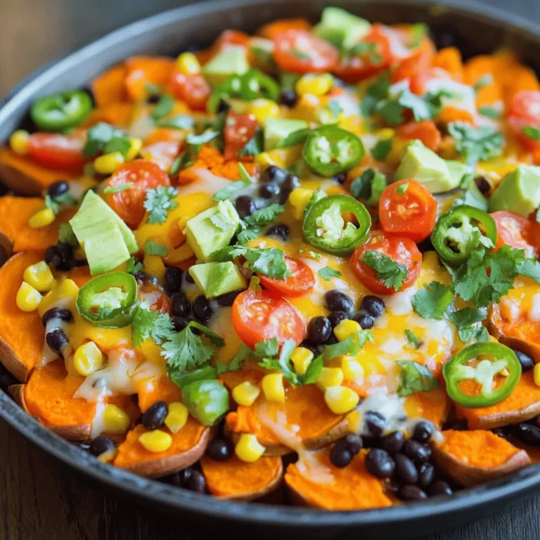 The heart of the Loaded Sweet Potato Nacho Skillet lies in its key ingredients. We start with large sweet potatoes. They add a natural sweetness and great texture. Next, we include black beans and corn. These provide protein and a lovely crunch. Finally, we use cheddar cheese. It melts beautifully, creating a creamy layer on top. Don’t forget your favorite toppings! Fresh herbs, jalapeños, or avocado can enhance the dish. For this dish, you will need specific amounts: - 2 large sweet potatoes, peeled and diced into 1-inch cubes - 1 tablespoon extra virgin olive oil - 1 teaspoon smoked paprika - 1 teaspoon garlic powder - Salt and black pepper to taste - 1 cup black beans, drained and rinsed - 1 cup corn kernels (fresh or frozen) - 1 cup diced tomatoes (canned or fresh) - 1 cup shredded sharp cheddar cheese - ½ jalapeño pepper, thinly sliced (optional for heat) - 2 green onions, sliced on the diagonal - ½ avocado, diced into small cubes - Fresh cilantro leaves, for garnish - Sour cream or Greek yogurt for topping (optional) Feel free to adjust these amounts to suit your taste. You can also add optional ingredients like extra cheese or different vegetables. If you want to switch things up, try using different cheeses. Monterey Jack or pepper jack can add a nice twist. For toppings, consider salsa, guacamole, or even pickled onions for a bold flavor. If you prefer a lighter option, you can use Greek yogurt instead of sour cream. For a healthier choice, swap sweet potatoes for zucchini or cauliflower. These choices will keep your nachos tasty and fresh! For the full recipe, visit the [Full Recipe](#). Start by peeling your sweet potatoes. Use a vegetable peeler for nice, even strips. Next, dice them into 1-inch cubes. This size helps them cook well. In a large bowl, toss the diced sweet potatoes with olive oil. Add smoked paprika, garlic powder, salt, and black pepper. Mix until every piece is coated. This step brings out the flavor. Preheat your oven to 400°F (200°C). This hot oven ensures crispy edges. Spread the seasoned sweet potatoes on a baking sheet. Make sure they are in a single layer for even cooking. Roast for 20-25 minutes. Stir halfway through to help with browning. The sweet potatoes should be tender and slightly caramelized when done. In a large skillet, combine the roasted sweet potatoes with black beans, corn, and diced tomatoes. Gently stir until everything is heated through. This mix creates a hearty base. Now, sprinkle the shredded cheddar cheese on top. Allow it to melt for about 3-5 minutes. Cover the skillet with a lid to speed up melting if needed. Once the cheese is melted, remove the skillet from heat. Top with jalapeños, green onions, and diced avocado. These additions add color and flavor. Finally, garnish with fresh cilantro. If you like, add a dollop of sour cream or Greek yogurt for creaminess. Serve your loaded sweet potato nacho skillet hot and enjoy the burst of flavors! For the complete cooking process, check the Full Recipe. To boost the flavor, consider adding different spices. You can use cumin or chili powder for a warm kick. A dash of cayenne pepper can also add heat. If you love fresh herbs, cilantro is perfect here. It adds a bright taste that pairs well with sweet potatoes. You can also try fresh parsley or green onions for a twist. Using a cast iron skillet can give your dish a nice crisp. It heats evenly and retains warmth well. If you prefer a non-stick pan, that works too. Just make sure your sweet potatoes do not stick. For even cooking, keep the heat steady. Stir often to prevent burning and ensure all ingredients meld nicely. For a great look, serve the skillet right at the table. This gives a rustic feel and makes sharing easy. You can add some colorful toppings, like diced avocado and sliced jalapeños. A sprinkle of cilantro adds fresh green color. For an extra crunch, serve with tortilla chips on the side. This adds texture and makes it even more fun to eat. Check out the Full Recipe for more serving ideas. {{image_4}} For a vegetarian or vegan touch, you can swap out the cheese. Try cashew cheese or nutritional yeast for a cheesy flavor without dairy. You can also pile on more plant-based toppings. Consider adding sautéed mushrooms, bell peppers, or even spinach. These ingredients add texture and boost nutrition. If you need gluten-free options, this dish is already a great choice. Sweet potatoes, beans, and veggies are naturally gluten-free. Just ensure any toppings or sauces are gluten-free too. For those who want high-protein variations, add cooked quinoa or lentils. You can also use a plant-based protein like tempeh or tofu. This way, you’ll keep the meal filling and nutritious. You can change the flavor profile by adding sweet or savory twists. Try mixing in some cinnamon or maple syrup for a sweet kick. This creates a unique balance with the savory ingredients. For international twists, consider adding spices from around the world. A sprinkle of taco seasoning gives a Mexican flair. Or, use curry powder for an Indian vibe. These simple changes can transform your loaded sweet potato nacho skillet. For the complete recipe, see [Full Recipe]. When storing your loaded sweet potato nacho skillet, let it cool first. This step helps avoid moisture buildup, which can make your dish soggy. Use an airtight container to keep it fresh. If stored properly, it lasts in the fridge for up to four days. To reheat leftovers, use a skillet for the best results. Heat on medium-low to keep the texture. Stir gently as you warm it up to avoid burning. Avoid the microwave if you can; it can make the dish soggy. If you must use it, heat in short bursts and stir often. You can freeze your loaded sweet potato nacho skillet for later use. Portion it into freezer-safe containers, leaving some space for expansion. It stays good for up to three months in the freezer. When ready to eat, thaw it in the fridge overnight before reheating. This keeps the flavors intact and the texture nice. You can use butternut squash or pumpkin. They have a similar texture and taste. Both options provide a nice sweetness. You can also try regular potatoes if you want a different flavor. Yes, you can prep some of the ingredients before. Roast the sweet potatoes a day ahead. Store them in the fridge. You can also mix the black beans, corn, and tomatoes in advance. Just heat everything up when ready to serve. To melt cheese evenly, use freshly shredded cheese. It melts better than pre-shredded cheese. Spread the cheese in an even layer on top of the skillet. Cover the skillet for a couple of minutes. This traps heat and helps the cheese melt smoothly. You can use many toppings for loaded nachos. Some popular choices include jalapeños, green onions, and diced avocado. For a twist, add pickled red onions or fresh salsa. Don't forget sour cream or Greek yogurt for creaminess. You can get creative and mix your favorite toppings! In this blog post, we explored how to create a delicious dish with sweet potatoes, black beans, and cheese. You learned about ingredient choices, measurements, and smart substitutions. I shared tips on roasting sweet potatoes and combining ingredients perfectly. We looked at variations for different diets and how to store leftovers. Remember, making this dish fun and flavorful is easy. Use the ideas provided to customize your meal, ensuring it fits your taste. Enjoy your cooking and make it a family favorite!