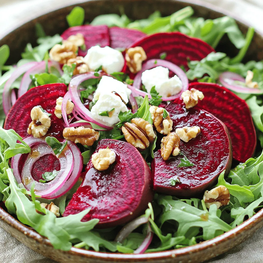 - 4 medium-sized beets, thoroughly scrubbed and trimmed - 4 cups fresh arugula or mixed greens - 1/2 cup feta cheese, crumbled - 1/4 cup walnuts, toasted and coarsely chopped - 1/4 cup red onion, finely sliced - 2 tablespoons balsamic vinegar - 2 tablespoons extra virgin olive oil - Salt and freshly cracked black pepper to taste - Fresh herbs (like parsley or chives) for garnish When making this salad, I focus on fresh, bold flavors. Beets are the star. They add a beautiful color and a sweet taste. I choose medium-sized beets for even cooking. They roast well and become tender and sweet. I love using arugula or mixed greens. They add a peppery taste that pairs well with the beets. Feta cheese gives a creamy contrast. It adds a salty flavor that brightens the salad. Walnuts add a lovely crunch. Toasting them enhances their flavor, making them even more delicious. Red onions bring a sharpness that cuts through the sweetness of the beets. I slice them thin so they blend well. The dressing of balsamic vinegar and olive oil ties the salad together. It adds a tangy finish that makes every bite exciting. Don't forget fresh herbs! They bring color and a fresh aroma. Parsley or chives work great. This salad is not just pretty; it’s also good for you. It is packed with vitamins and nutrients that keep you healthy. For the full recipe, check out the delicious details above. - Preheat the oven to 400°F (200°C). - Wrap each beet in aluminum foil. First, you want to set your oven to 400°F. This heat will help the beets cook evenly. Next, take each beet and wrap it in aluminum foil. Make sure each beet is covered well. This keeps them moist while roasting. - Place wrapped beets on a baking sheet. - Roast for 45-60 minutes until tender. Now, put the wrapped beets on a baking sheet. This will catch any drips. Roast the beets for 45 to 60 minutes. They are done when a fork can pierce them easily. The time can change based on beet size. - Cool, peel, and slice the roasted beets. - Combine all salad ingredients in a mixing bowl. - Prepare the dressing and toss. Once the beets cool, peel them by rubbing the skins off with a paper towel. Slice them as you like. In a big mixing bowl, add the greens, sliced beets, feta, walnuts, and red onion. Next, make the dressing. In a small bowl, whisk together balsamic vinegar, olive oil, salt, and pepper. Pour this over the salad and toss it well. Enjoy your vibrant creation! For the full recipe, check out the details above. When choosing beets, look for firm ones with no marks. Unblemished skin means better taste. Smaller beets roast evenly. Larger beets take longer to cook, so choose sizes that are similar. Roasting time depends on the beet size. Small beets may need 45 minutes, while larger ones may take up to 60. To check if they are done, poke them with a fork. If it goes in easily, they are ready! You can change the dressing to suit your taste. Try adding honey for sweetness or mustard for a kick. Fresh herbs like basil or thyme can add great flavors too. Don’t hesitate to experiment and find your favorite mix! {{image_4}} You can boost your beet salad with protein. Grilled chicken adds a savory touch. If you want a plant-based option, try chickpeas. They blend well with beets and greens. For cheese lovers, you can swap feta for goat cheese or blue cheese. Each cheese brings a unique flavor, enhancing your salad. Adding seasonal vegetables makes your salad more vibrant. Try mixing in fresh spinach or kale for extra greens. Roasted carrots or sweet potatoes work well too. They add sweetness and a nice texture. You can also include radishes for a crunchy bite. These veggies complement the beets and provide great flavor. To brighten your salad, add citrus slices. Oranges and grapefruit provide a refreshing zing. You can also slice apples for sweetness. For a touch of warmth, try spices like cumin or smoked paprika. These spices deepen the flavor, making each bite exciting. Experiment with these ideas to find your favorite flavors. For the full recipe, check out the vibrant roasted beet salad. After you make the salad, store any leftovers in the fridge. Place the salad in an airtight container. This keeps it fresh and tasty. If you have leftover ingredients, store them separately. For example, keep the beets, greens, and dressing apart. This way, the greens stay crisp and the flavors remain bright. The salad will stay fresh for about 2-3 days in the fridge. The beets last longer than the greens. If you see any wilting, it's best to eat it soon. Always check for changes in smell or color before using. You can freeze roasted beets for later use. Just chop them and place them in a freezer-safe bag. Be sure to remove as much air as possible. However, avoid freezing the greens or dressed salad. Freezing can make greens mushy and lose their taste. It's best to enjoy them fresh! To roast beets, follow these steps: 1. Preheat your oven to 400°F (200°C). 2. Wrap each beet in aluminum foil securely. 3. Place the wrapped beets on a baking sheet. 4. Roast for 45-60 minutes, until tender when pierced. 5. Let them cool slightly, then peel off the skins. 6. Slice or wedge the beets to add to your salad. Roasting brings out the natural sweetness and earthiness of the beets. The warm beets pair well with fresh greens, making the salad vibrant and flavorful. Yes, you can use canned beets if you're in a hurry. However, roasting fresh beets gives a richer taste. Canned beets usually have added salt or vinegar, which can change the salad's flavor. If you choose canned, rinse them to reduce excess salt. Yes, this salad is great for meal prep. To prepare ahead, roast the beets and store them in the fridge. Keep the salad greens and other ingredients separate until serving. This helps maintain freshness and texture. For best storage, use airtight containers. The roasted beets can last up to a week in the fridge. Avoid freezing the salad, as it can make the greens wilt. Enjoy your Easy Roasted Beet Salad fresh for the best taste! You can find the Full Recipe above. This easy roasted beet salad brings together fresh flavors and simple steps. You learned how to roast beets, assemble the salad, and customize it to your taste. Fresh ingredients make each bite enjoyable. Whether you add protein or seasonal veggies, this salad fits any meal. Following proper storage tips keeps leftovers fresh and tasty. Enjoy this vibrant dish with confidence, knowing you can adapt it as you wish. Eating healthy is easy and fun!