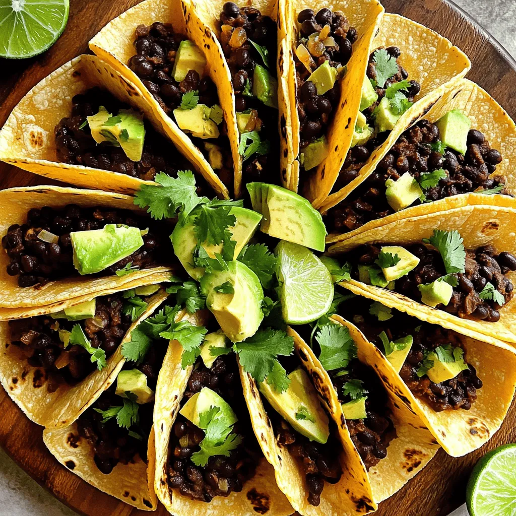 - 2 cans black beans - 1 medium onion, finely diced - 3 cloves garlic, minced - 2 tablespoons chipotle peppers in adobo sauce - 1 teaspoon smoked paprika - 1 teaspoon ground cumin - 1 tablespoon extra virgin olive oil - Sea salt and freshly ground black pepper - 8 small corn tortillas - 1 ripe avocado - Fresh cilantro leaves - Lime wedges The main ingredients in these Smoky Chipotle Black Bean Tacos make them full of flavor. I use black beans for a hearty base. They are easy to find and packed with protein. The onion and garlic add depth and aroma. Chipotle peppers bring the heat and smokiness. Smoked paprika and cumin warm up the flavor profile. You need olive oil for sautéing the onion and garlic. Sea salt and black pepper enhance the taste. Fresh toppings like avocado and cilantro add brightness. Lime wedges give a zesty kick to each bite. - Crumbled queso fresco - Sliced jalapeños - Fresh salsa Optional toppings can take your tacos to the next level. Queso fresco adds creaminess. Sliced jalapeños give extra heat for those who love spice. Fresh salsa adds a refreshing crunch and flavor. You can mix and match these toppings to suit your taste. For the full recipe, check out the Smoky Chipotle Black Bean Tacos section above. 1. Heat one tablespoon of extra virgin olive oil in a large skillet over medium heat. 2. Once hot, add one medium onion, finely diced. Sauté until the onion is translucent, about five minutes. 3. Add three cloves of minced garlic to the skillet. Sauté until fragrant, about one minute. 1. Next, incorporate two cans of rinsed black beans and two tablespoons of chopped chipotle peppers in adobo sauce. 2. Add one teaspoon each of smoked paprika and ground cumin. Sprinkle in sea salt and freshly ground black pepper to taste. 3. Using a potato masher, gently mash some of the black beans. Leave some whole for texture. 4. Cover the skillet and let the mixture simmer for about ten minutes. Stir occasionally to prevent sticking. 1. While the bean mixture simmers, warm eight small corn tortillas in a separate skillet for about 30 seconds on each side. 2. Take a corn tortilla and spoon a generous amount of the smoky black bean mixture onto each one. 3. Top with slices of one ripe avocado and sprinkle fresh cilantro leaves on top. 4. Serve the tacos immediately with lime wedges on the side. Squeeze lime over the filling for an extra zing. For the full recipe, check out the details above. Enjoy each bite! - Use fresh ingredients for the best flavor. Fresh herbs and ripe avocados make a difference. - Ensure tortillas are warm for easy folding. This keeps them soft and prevents tearing. - Serve tacos with lime wedges for enhanced flavor. The acidity brightens every bite. - Pair with a side of Mexican rice or a fresh salad. This adds a nice crunch and balance. - Arrange tacos on a vibrant platter. A colorful display makes the meal inviting. - Garnish with additional cilantro and lime for color. This adds freshness and visual appeal. For the full recipe, check out the ingredients and steps to make these tasty tacos! {{image_4}} You can switch things up with these ideas. Substitute black beans with pinto or kidney beans. This change will give your tacos a new taste and texture. You can also add grilled vegetables like bell peppers or zucchini. These veggies bring extra flavor and crunch to your tacos. If you need a gluten-free option, use corn tortillas instead of flour. Corn tortillas work great and keep the dish tasty. To make your tacos vegan, simply leave out any dairy toppings like cheese or sour cream. This way, you can still enjoy the smoky flavors without any animal products. Want more heat? Spice it up with extra chipotle peppers. This adds a deeper smoky flavor and more heat. You can also add more smoked paprika for an even smokier taste. Adjusting the spices lets you make the tacos just how you like them. For the full recipe, check out the detailed steps provided. Store any leftover bean mixture in an airtight container. This keeps it fresh for later. Keep the tortillas separate. This helps maintain their texture and prevents them from getting soggy. You can freeze the bean mixture for up to 3 months. Just make sure to use a freezer-safe container. When you're ready to enjoy them, thaw the mixture overnight in the fridge. Reheat it on the stove before serving. To reheat, warm the bean mixture in a skillet over low heat. Stir gently until it’s warmed through. For the best results, rewarm the tortillas just before serving. A quick heat will make them soft and pliable, perfect for your tacos. It takes only 10 minutes to prep and 30 minutes to cook. You can enjoy your tacos quickly. Yes, you can prepare the bean mixture in advance. Store it in the fridge until you're ready to use. You can serve these tasty tacos with rice, beans, or a fresh salad. These sides add great flavor and texture. These Smoky Chipotle Black Bean Tacos are easy to make and full of flavor. You start by cooking tasty beans with spices and blending them onto warm tortillas. Don’t forget to add fresh toppings to make each bite special. Remember, you can change up ingredients, like using different beans or adding veggies. Storage is simple, too; just keep leftovers safe. Enjoy this quick meal and share with friends. You'll love how these tacos brighten your day.