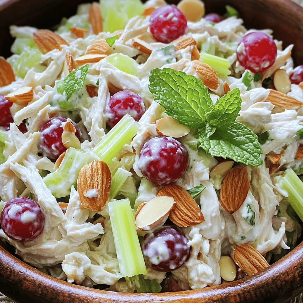 - 2 cups cooked chicken breast, shredded - 1 cup plain Greek yogurt - 1/2 cup celery, finely diced - 1/2 cup red grapes, halved - 1/4 cup almonds, sliced - 1/4 cup green onions, chopped - 2 tablespoons Dijon mustard - 1 tablespoon honey - 1 tablespoon fresh lemon juice - Salt and freshly cracked black pepper - Fresh mint leaves Gather these ingredients before you start. The chicken gives a hearty base. Greek yogurt adds creaminess and tang. Celery brings crunch, while red grapes add a sweet burst. Almonds add a nice texture, and green onions give a fresh lift. For the dressing, Dijon mustard deepens the flavor. Honey balances the tang, and lemon juice adds brightness. Don’t forget salt and pepper to taste. If you like, fresh mint leaves can add a nice touch when serving. This simple list will help you make a tasty Greek yogurt chicken salad. For the complete step-by-step guide, check the full recipe. Start with shredded chicken in a big bowl. Add Greek yogurt and mix it well. The yogurt should coat every piece of chicken. This makes a creamy base for your salad. Next, add the diced celery and halved grapes to the bowl. These ingredients bring crunch and sweetness. Mix everything gently until they are combined. This step adds freshness to your chicken salad. In a separate bowl, whisk together Dijon mustard, honey, lemon juice, salt, and pepper. Blend these ingredients until smooth. This dressing will enhance the flavors of the salad. Drizzle the dressing over the chicken mixture. Gently fold everything together, making sure the chicken, yogurt, and dressing mix well. Taste the salad and tweak the seasoning if needed. You can add more salt, pepper, or lemon juice. Cover the bowl tightly with plastic wrap. Place it in the fridge for at least 30 minutes. This chilling time helps the flavors blend and taste better. When ready to serve, scoop the salad into bowls. Garnish it with fresh mint leaves. This adds a nice touch and fresh flavor to your dish. Enjoy! To make your Greek yogurt chicken salad shine, adjust the seasoning. Start with salt and pepper. Taste as you go. This helps you find the right balance. Sometimes, a pinch more salt can bring the flavors alive. Don't be shy to add pepper for a little kick. For an extra crunch, use roasted almonds. They add a great texture contrast to the creamy yogurt. Toasting the almonds brings out their nutty flavor too. Simply spread them on a baking sheet and toast in the oven for a few minutes. Keep a close eye on them; they can burn quickly! You can serve this salad in many ways. Try it on whole grain bread for a hearty sandwich. The bread adds fiber and flavor. For a lighter option, use lettuce wraps. They make a fresh, low-carb meal. Both options let you enjoy this tasty dish in style. Don't forget to check out the Full Recipe for all the details! {{image_4}} You can easily swap chicken for turkey or tofu. Turkey gives a leaner taste. Tofu is a great choice for a plant-based meal. Both options keep the salad light and tasty. Want to spice it up? Try adding diced apples, cranberries, or bell peppers. Diced apples add a sweet crunch. Cranberries give a tangy burst. Bell peppers bring a fresh crunch and color. Each addition makes your salad unique and fun. Change things up with flavored Greek yogurt. You can find options like honey, vanilla, or berry. These flavors add a new twist to your salad. Experimenting with different yogurts can surprise your taste buds and keep meals exciting. For the full recipe, check out Greek Yogurt Chicken Salad Delight 🥗. To keep your Greek yogurt chicken salad fresh, store it in an airtight container. It will stay good for up to 3 days in the fridge. Make sure to check it for freshness before eating. If you notice any change in smell or texture, it’s best to toss it out. Freezing this salad is not recommended. The texture of the Greek yogurt and fresh ingredients will change when frozen. This can make the salad watery or mushy after thawing. Enjoy it fresh for the best flavor and crunch! Yes, Greek yogurt is healthier than mayonnaise. It has fewer calories and less fat. Greek yogurt also packs in more protein, which helps keep you full. It has probiotics, too, which are good for your gut. Using Greek yogurt makes your chicken salad creamy without the extra calories of mayo. You can make the salad ahead of time. It tastes even better after chilling. Just prepare the salad and store it in an airtight container. Keep it in the fridge for up to three days. This way, the flavors have time to blend together. You can serve the salad with many tasty sides. Try it on whole grain bread for a sandwich. It also pairs well with fresh veggies or chips. A light green salad is another great choice. You could even enjoy it with crackers for a snack. You can easily customize the salad. Add diced apples for sweetness or bell peppers for crunch. If you like spice, try adding some diced jalapeños. You can also swap out the almonds for walnuts or pecans. The options are endless, so feel free to get creative! For complete recipe details, check out the Greek Yogurt Chicken Salad Delight 🥗. This Greek Yogurt Chicken Salad is a tasty blend of chicken, yogurt, and fresh ingredients. You start by mixing cooked chicken with yogurt, then add grapes and celery. The dressing is simple but adds great flavor. Chill the salad to let the tastes blend, then serve it your way. Remember, you can swap out proteins or add fruits to change it up! Store leftovers for a quick meal later. Enjoy a healthy dish that satisfies your taste buds!