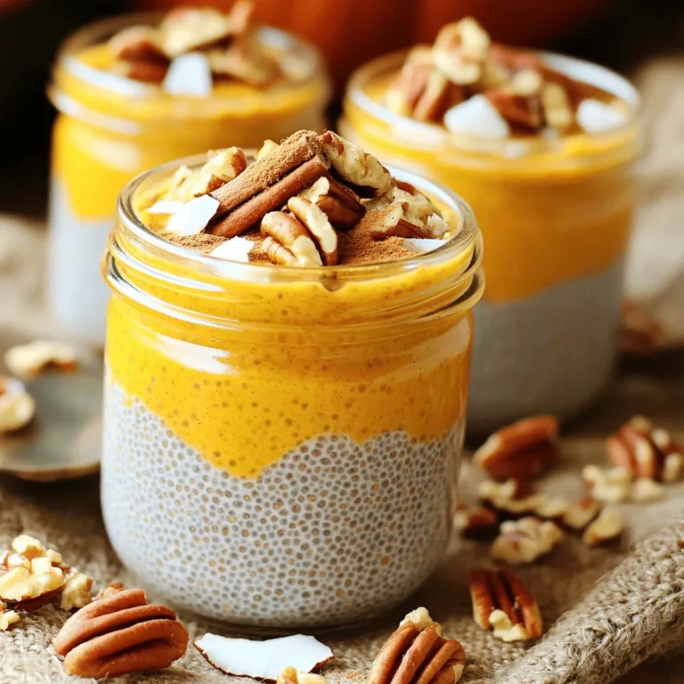 - ½ cup chia seeds - 2 cups almond milk (or your preferred milk) - 1 cup canned pumpkin puree - 2 tablespoons maple syrup - 1 teaspoon vanilla extract - 1 teaspoon pumpkin pie spice - ½ teaspoon ground cinnamon - Pinch of salt - Optional toppings The ingredients for pumpkin spice chia pudding are simple yet flavorful. Chia seeds are the star. They soak up liquid and create a creamy texture. I love using almond milk, but you can use any milk you enjoy. Canned pumpkin puree adds richness and a lovely autumn flavor. Maple syrup sweetens it just right, but feel free to adjust based on your taste. Adding a teaspoon of vanilla extract enhances the flavor. The pumpkin pie spice and ground cinnamon bring warmth to the dish. A pinch of salt balances the sweetness. You can also add toppings. Crushed pecans or coconut flakes add crunch. Whipped coconut cream gives extra creaminess. - Calories per serving: About 160 - Nutrients per serving: High in fiber and omega-3 fatty acids This pudding is not just tasty; it’s good for you too! Each serving has a nice mix of nutrients. You get fiber from chia seeds and vitamins from pumpkin. This makes it a smart choice for breakfast or a snack. If you want to learn more, check out the Full Recipe for all the details! 1. In a medium bowl, whisk together the almond milk and pumpkin puree. 2. Add the maple syrup, vanilla extract, pumpkin pie spice, ground cinnamon, and a pinch of salt. Mix until smooth. 3. Gradually sprinkle in the chia seeds while whisking. This helps them not to clump. 4. Once blended, cover the bowl with plastic wrap or a lid. 5. Place it in the refrigerator for at least four hours. For best results, chill overnight. - Chia seeds need about four hours to thicken fully. - If you want a creamier texture, whisk it again after chilling. - Add a splash of almond milk if it’s too thick for your taste. - Portion the chia pudding into bowls or jars to serve. - For toppings, add crushed pecans for crunch, coconut flakes for extra sweetness, or whipped coconut cream for a rich finish. - For a beautiful look, use clear glass jars. A sprinkle of cinnamon on top looks great too! To get the right texture, whisk the chia seeds well. This step is key for a smooth pudding. If you see clumps, your pudding won't be creamy. If your pudding is too thick, add a splash of almond milk. Stir well until it reaches your desired consistency. You can boost the flavor by adding more spices. Consider nutmeg or ginger for extra warmth. You can also adjust sweetness with maple syrup. Taste as you go until it is just right for you. Serve your chia pudding in clear jars. This shows off the pretty layers. For a seasonal look, sprinkle cinnamon on top. Add whole pecans or a dollop of whipped coconut cream for a fun touch. Enjoy the visual feast! {{image_4}} You can easily make this pudding dairy-free. Here are some ideas: - Alternative milk suggestions: Almond milk is great, but try coconut or oat milk too. Each adds a unique flavor. - Substitutes for maple syrup: If maple syrup is not your thing, use agave syrup or honey. Both options work well to sweeten your pudding. Get creative with your flavors! Here are some fun ideas: - Pumpkin spice alternatives: Swap pumpkin pie spice with chai spice or ginger for a twist. You can also add nutmeg for warmth. - Other seasonal flavors: Try apples, pecans, or caramel. These flavors bring the essence of fall to your pudding. The texture of your pudding can change based on a few factors: - Longer or shorter chilling times: Chill your pudding longer for a thicker texture. If you’re in a hurry, chill for just a few hours. - Adjusting chia seed amounts: If you want a creamier pudding, use less chia seeds. For a thicker pudding, add more. Experiment to find your perfect mix! For the full recipe, check out the detailed steps to make your Pumpkin Spice Chia Pudding. To keep your chia pudding fresh, use airtight containers. Glass jars work great. They keep the pudding from absorbing other smells. Store your pudding in the fridge. It stays good for about five days. Can you freeze it? Yes, you can freeze chia pudding. Pour it into freezer-safe containers. Make sure to leave some space for the pudding to expand. When you want to eat it, thaw it in the fridge overnight. How long does it last in the fridge? Chia pudding lasts up to five days. Always check for signs of spoilage. If it smells sour or has an off color, toss it out. Enjoy your pumpkin spice chia pudding fresh for the best flavor! Chia pudding is a creamy dish made from chia seeds and liquid. When you mix chia seeds with a liquid, they absorb it and swell. This gives the pudding its rich and thick texture. Chia seeds are packed with fiber, protein, and omega-3 fatty acids. They help keep you full and support heart health. Plus, they are gluten-free, making them a great option for many diets. Yes, you can make pumpkin spice chia pudding ahead of time. In fact, it tastes better after chilling. To prepare, mix all your ingredients in a bowl. Cover it tight and place it in the fridge. Let it chill for at least 4 hours, but overnight is best. This gives the chia seeds time to soak up the liquid fully. You can store it in jars for easy serving. Adjusting sweetness is simple. You can add more or less maple syrup based on your taste. Start with 2 tablespoons and taste it. If you want it sweeter, add more syrup a little at a time. You can also use honey or agave syrup instead. Just remember, the sweetness can change as the pudding chills. So, give it a taste before serving. For more tips, check the Full Recipe. This blog post covers how to make delicious pumpkin spice chia pudding. You learned about the key ingredients, instructions for preparation, and tips for perfect texture and flavor. Each step helps you create a healthy treat that you can store and enjoy later. Remember, you can customize it to fit your taste and dietary needs. I hope you feel inspired to try this recipe. It’s simple and fun, plus it’s a great way to enjoy seasonal flavors. Happy pudding-making!