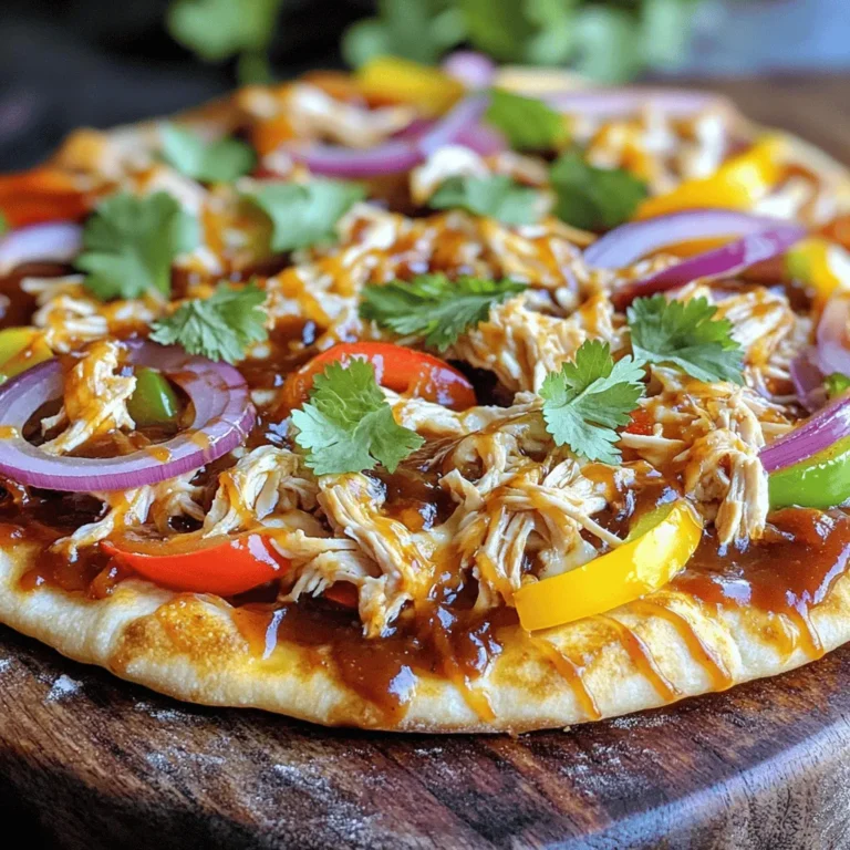 - 2 pieces of flatbread (store-bought or homemade) - 1 cup cooked chicken breast, shredded - 1/2 cup your choice of BBQ sauce - 1 cup shredded mozzarella cheese - 1/2 cup red onion, thinly sliced - 1/2 cup bell pepper (any color), sliced - 1/4 cup fresh cilantro, chopped - 1/4 teaspoon smoked paprika - Olive oil for brushing To make BBQ chicken flatbread pizza, gather these ingredients. The flatbread acts as your base. You can use store-bought flatbread for speed or make your own for a fun twist. Cooked chicken breast is key, and shredding it makes it tender and easy to mix. BBQ sauce adds a rich and smoky flavor. You can pick any sauce you love. For toppings, shredded mozzarella cheese is a must for that gooey texture. Red onion and bell pepper bring color and crunch to the dish. Fresh cilantro gives a bright finish. Smoked paprika adds warmth and depth to the flavor. Finally, a light brush of olive oil on the flatbread ensures it crisps up nicely in the oven. This simple list covers all you need for a tasty meal. Check out the Full Recipe for more details on how to bring it all together! - Preheat the Oven First, set your oven to 400°F (200°C). This temperature helps the pizza get nice and crispy. - Prepare Chicken Mixture In a bowl, mix 1 cup of shredded chicken with 1/2 cup of BBQ sauce. Stir it well so every piece of chicken is covered. Set it aside to let the flavors blend. - Arrange Flatbreads on Baking Sheet Take 2 pieces of flatbread and place them on a baking sheet lined with parchment paper. This helps with easy cleanup later. - Distribute Chicken and Cheese Spread the BBQ chicken mixture evenly over the flatbreads. Make sure to cover every part for great taste. Next, sprinkle 1 cup of shredded mozzarella cheese on top. This cheese will melt beautifully as it bakes. - Bake Time and Temperature Put the baking sheet in the preheated oven. Bake for 12-15 minutes until the cheese is melted and bubbly. You want it golden brown for the best flavor. - Cooling Process After baking, take the pizzas out of the oven. Let them cool for a few minutes. This makes them easier to handle. Once cooled, you can cut them into wedges and serve. For more details, check the Full Recipe. Enjoy your delicious BBQ Chicken Flatbread Pizza! Oven Temperature Tips Set your oven to 400°F (200°C). This temperature helps the flatbread get crispy. A hot oven cooks the cheese quickly and evenly. If your oven has hot spots, rotate the baking sheet halfway through. This ensures even baking and a golden finish. Baking Sheet Preparation Line your baking sheet with parchment paper. This helps with easy cleanup and prevents sticking. Lightly brush olive oil on the flatbreads before adding toppings. This small step creates a crispier crust. Alternatives to Shredded Chicken If you don't have shredded chicken, try rotisserie chicken. It's easy to pull apart and full of flavor. You can also use grilled chicken strips for a smoky taste. If you want a meatless option, consider using black beans or tofu. Flavor Enhancements for the Chicken Mix in spices with your BBQ sauce. Try adding garlic powder or onion powder for extra kick. A bit of smoked paprika gives it a nice depth. You can also add a splash of lime juice for brightness. Best Cheese Choices Mozzarella cheese is the classic choice for BBQ chicken flatbread pizza. It melts well and has a mild taste. Cheddar cheese adds sharpness and pairs nicely with BBQ flavors. For a gourmet touch, try gouda or smoked mozzarella. Cheese Substitutes If you need a dairy-free option, use vegan cheese. Nutritional yeast is a great way to add cheesy flavor without dairy. You can also try cashew cheese, which is creamy and delicious. {{image_4}} You can use different flatbreads for your BBQ chicken flatbread pizza. Whole wheat flatbreads add a nutty flavor and extra fiber. If you need a gluten-free option, many brands make gluten-free flatbread. You can even make your own! A simple homemade flatbread recipe includes flour, water, salt, and olive oil. Mix, knead, and roll out the dough, then cook it in a hot pan for a few minutes on each side. If you want a vegetarian pizza, swap the chicken with fresh veggies. Bell peppers, mushrooms, and zucchini work well. You can also use cooked lentils or chickpeas for a protein boost. For a creamy touch, consider vegan cheese. There are many great brands that melt well. Look for one that fits your taste! To spice things up, try a spicy BBQ sauce. It adds heat and makes each bite exciting. You can also play with toppings. Pineapple adds sweetness, while jalapeños give a nice kick. Mix and match to find your favorite flavors! Each variation can change the whole pizza experience. Enjoy creating your perfect BBQ chicken flatbread pizza! To keep your BBQ chicken flatbread pizza fresh, store any leftovers carefully. - Refrigeration Guidelines: Place the leftover pizza in the fridge within two hours. It stays good for up to three days. The sooner you store it, the better it tastes later. - Container Recommendations: Use an airtight container or wrap it in plastic wrap. This helps prevent the pizza from drying out. Reheating your pizza the right way keeps it tasty and crispy. - Best Methods for Retaining Crispiness: The oven is your best friend here. Preheat it to 350°F (175°C) and heat the pizza for about 10 minutes. This keeps the crust nice and crisp. - Microwave Vs. Oven: The microwave is quick, but it makes the crust soggy. Use it only if you’re in a rush. For the best results, always pick the oven. If you want to save the pizza for later, freezing is a great option. - Freezing Methods: Wrap each slice in plastic wrap, then place them in a freezer bag. Make sure to remove excess air to avoid freezer burn. You can freeze the pizza for up to two months. - Thawing Instructions: To thaw, place the frozen pizza in the fridge overnight. If you're pressed for time, microwave it on a low setting for a few minutes. Just be careful not to overheat it. To make BBQ Chicken Flatbread Pizza, follow these basic steps: 1. Preheat your oven to 400°F (200°C). 2. Mix shredded chicken with BBQ sauce in a bowl. 3. Place flatbreads on a baking sheet and brush with olive oil. 4. Spread the BBQ chicken evenly over the flatbreads. 5. Sprinkle shredded mozzarella cheese on top. 6. Add sliced red onion and bell pepper. 7. Season with smoked paprika, salt, and pepper. 8. Bake for 12-15 minutes until the cheese is melted. 9. Cool for a few minutes and garnish with cilantro before slicing. This method makes it easy to enjoy a tasty flatbread pizza at home. You can find the Full Recipe above for more details. Yes, you can use store-bought items for this recipe. Many brands offer flatbreads, BBQ sauces, and shredded cheeses. Look for: - Flatbread: Available in various types, such as whole wheat or gluten-free. - BBQ Sauce: Choose your favorite flavor, from sweet to spicy. - Shredded Cheese: Pre-shredded mozzarella saves time. Using these options can make your cooking faster, while still keeping it delicious. Pair your BBQ Chicken Flatbread Pizza with side dishes that complement its flavors. Here are some tasty options: - Coleslaw: A crunchy, tangy salad adds freshness. - Corn on the Cob: Grilled or boiled, it brings sweetness. - Mixed Greens Salad: Use a light vinaigrette for balance. - Sweet Potato Fries: They offer a great contrast to the savory pizza. These sides make your meal more complete and enjoyable. You can make a delicious BBQ chicken flatbread pizza with simple steps and ingredients. We covered the main items needed, from flatbread to chicken and toppings. I shared tips for perfect baking and useful variations to fit your taste. Storing and reheating your leftovers is easy too. Try out these ideas to make your pizza night fun and tasty. Enjoy creating your own flavors. You have all the tools to impress yourself and others. Happy cooking!