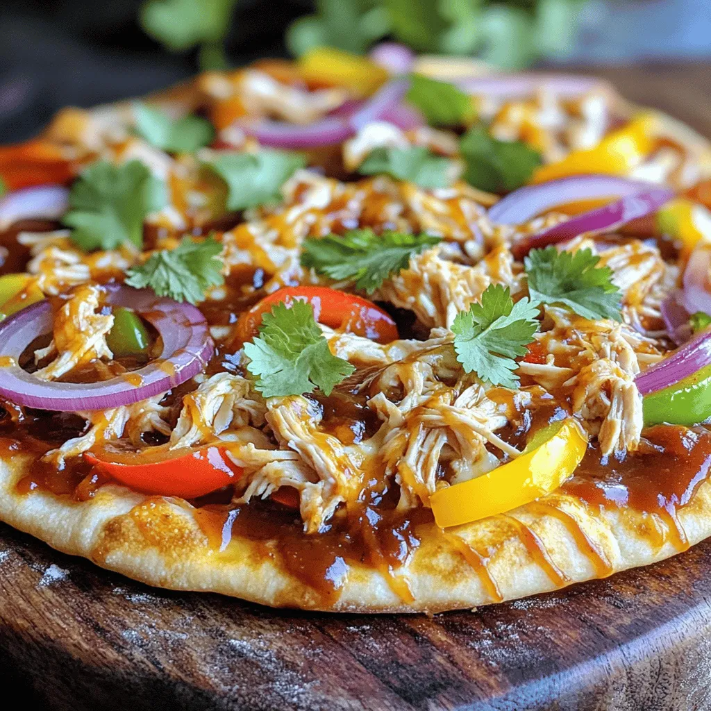 - 2 pieces of flatbread (store-bought or homemade) - 1 cup cooked chicken breast, shredded - 1/2 cup your choice of BBQ sauce - 1 cup shredded mozzarella cheese - 1/2 cup red onion, thinly sliced - 1/2 cup bell pepper (any color), sliced - 1/4 cup fresh cilantro, chopped - 1/4 teaspoon smoked paprika - Olive oil for brushing To make BBQ chicken flatbread pizza, gather these ingredients. The flatbread acts as your base. You can use store-bought flatbread for speed or make your own for a fun twist. Cooked chicken breast is key, and shredding it makes it tender and easy to mix. BBQ sauce adds a rich and smoky flavor. You can pick any sauce you love. For toppings, shredded mozzarella cheese is a must for that gooey texture. Red onion and bell pepper bring color and crunch to the dish. Fresh cilantro gives a bright finish. Smoked paprika adds warmth and depth to the flavor. Finally, a light brush of olive oil on the flatbread ensures it crisps up nicely in the oven. This simple list covers all you need for a tasty meal. Check out the Full Recipe for more details on how to bring it all together! - Preheat the Oven First, set your oven to 400°F (200°C). This temperature helps the pizza get nice and crispy. - Prepare Chicken Mixture In a bowl, mix 1 cup of shredded chicken with 1/2 cup of BBQ sauce. Stir it well so every piece of chicken is covered. Set it aside to let the flavors blend. - Arrange Flatbreads on Baking Sheet Take 2 pieces of flatbread and place them on a baking sheet lined with parchment paper. This helps with easy cleanup later. - Distribute Chicken and Cheese Spread the BBQ chicken mixture evenly over the flatbreads. Make sure to cover every part for great taste. Next, sprinkle 1 cup of shredded mozzarella cheese on top. This cheese will melt beautifully as it bakes. - Bake Time and Temperature Put the baking sheet in the preheated oven. Bake for 12-15 minutes until the cheese is melted and bubbly. You want it golden brown for the best flavor. - Cooling Process After baking, take the pizzas out of the oven. Let them cool for a few minutes. This makes them easier to handle. Once cooled, you can cut them into wedges and serve. For more details, check the Full Recipe. Enjoy your delicious BBQ Chicken Flatbread Pizza! Oven Temperature Tips Set your oven to 400°F (200°C). This temperature helps the flatbread get crispy. A hot oven cooks the cheese quickly and evenly. If your oven has hot spots, rotate the baking sheet halfway through. This ensures even baking and a golden finish. Baking Sheet Preparation Line your baking sheet with parchment paper. This helps with easy cleanup and prevents sticking. Lightly brush olive oil on the flatbreads before adding toppings. This small step creates a crispier crust. Alternatives to Shredded Chicken If you don't have shredded chicken, try rotisserie chicken. It's easy to pull apart and full of flavor. You can also use grilled chicken strips for a smoky taste. If you want a meatless option, consider using black beans or tofu. Flavor Enhancements for the Chicken Mix in spices with your BBQ sauce. Try adding garlic powder or onion powder for extra kick. A bit of smoked paprika gives it a nice depth. You can also add a splash of lime juice for brightness. Best Cheese Choices Mozzarella cheese is the classic choice for BBQ chicken flatbread pizza. It melts well and has a mild taste. Cheddar cheese adds sharpness and pairs nicely with BBQ flavors. For a gourmet touch, try gouda or smoked mozzarella. Cheese Substitutes If you need a dairy-free option, use vegan cheese. Nutritional yeast is a great way to add cheesy flavor without dairy. You can also try cashew cheese, which is creamy and delicious. {{image_4}} You can use different flatbreads for your BBQ chicken flatbread pizza. Whole wheat flatbreads add a nutty flavor and extra fiber. If you need a gluten-free option, many brands make gluten-free flatbread. You can even make your own! A simple homemade flatbread recipe includes flour, water, salt, and olive oil. Mix, knead, and roll out the dough, then cook it in a hot pan for a few minutes on each side. If you want a vegetarian pizza, swap the chicken with fresh veggies. Bell peppers, mushrooms, and zucchini work well. You can also use cooked lentils or chickpeas for a protein boost. For a creamy touch, consider vegan cheese. There are many great brands that melt well. Look for one that fits your taste! To spice things up, try a spicy BBQ sauce. It adds heat and makes each bite exciting. You can also play with toppings. Pineapple adds sweetness, while jalapeños give a nice kick. Mix and match to find your favorite flavors! Each variation can change the whole pizza experience. Enjoy creating your perfect BBQ chicken flatbread pizza! To keep your BBQ chicken flatbread pizza fresh, store any leftovers carefully. - Refrigeration Guidelines: Place the leftover pizza in the fridge within two hours. It stays good for up to three days. The sooner you store it, the better it tastes later. - Container Recommendations: Use an airtight container or wrap it in plastic wrap. This helps prevent the pizza from drying out. Reheating your pizza the right way keeps it tasty and crispy. - Best Methods for Retaining Crispiness: The oven is your best friend here. Preheat it to 350°F (175°C) and heat the pizza for about 10 minutes. This keeps the crust nice and crisp. - Microwave Vs. Oven: The microwave is quick, but it makes the crust soggy. Use it only if you’re in a rush. For the best results, always pick the oven. If you want to save the pizza for later, freezing is a great option. - Freezing Methods: Wrap each slice in plastic wrap, then place them in a freezer bag. Make sure to remove excess air to avoid freezer burn. You can freeze the pizza for up to two months. - Thawing Instructions: To thaw, place the frozen pizza in the fridge overnight. If you're pressed for time, microwave it on a low setting for a few minutes. Just be careful not to overheat it. To make BBQ Chicken Flatbread Pizza, follow these basic steps: 1. Preheat your oven to 400°F (200°C). 2. Mix shredded chicken with BBQ sauce in a bowl. 3. Place flatbreads on a baking sheet and brush with olive oil. 4. Spread the BBQ chicken evenly over the flatbreads. 5. Sprinkle shredded mozzarella cheese on top. 6. Add sliced red onion and bell pepper. 7. Season with smoked paprika, salt, and pepper. 8. Bake for 12-15 minutes until the cheese is melted. 9. Cool for a few minutes and garnish with cilantro before slicing. This method makes it easy to enjoy a tasty flatbread pizza at home. You can find the Full Recipe above for more details. Yes, you can use store-bought items for this recipe. Many brands offer flatbreads, BBQ sauces, and shredded cheeses. Look for: - Flatbread: Available in various types, such as whole wheat or gluten-free. - BBQ Sauce: Choose your favorite flavor, from sweet to spicy. - Shredded Cheese: Pre-shredded mozzarella saves time. Using these options can make your cooking faster, while still keeping it delicious. Pair your BBQ Chicken Flatbread Pizza with side dishes that complement its flavors. Here are some tasty options: - Coleslaw: A crunchy, tangy salad adds freshness. - Corn on the Cob: Grilled or boiled, it brings sweetness. - Mixed Greens Salad: Use a light vinaigrette for balance. - Sweet Potato Fries: They offer a great contrast to the savory pizza. These sides make your meal more complete and enjoyable. You can make a delicious BBQ chicken flatbread pizza with simple steps and ingredients. We covered the main items needed, from flatbread to chicken and toppings. I shared tips for perfect baking and useful variations to fit your taste. Storing and reheating your leftovers is easy too. Try out these ideas to make your pizza night fun and tasty. Enjoy creating your own flavors. You have all the tools to impress yourself and others. Happy cooking!