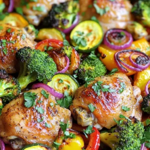 This Chicken and Veggie Sheet Pan Dinner is simple, quick, and healthy. You can prepare it in just one pan, making clean-up easy. The mix of chicken and colorful veggies creates a balanced meal. The marinade gives the chicken great flavor, while the oven does all the work. - 4 chicken thighs, skin-on or skinless - 2 cups broccoli florets - 1 red bell pepper, sliced into strips - 1 yellow zucchini, sliced into half-moons - 1 medium red onion, cut into wedges - 3 cloves garlic, minced - 2 tablespoons extra-virgin olive oil, plus more for drizzling - 1 tablespoon fresh lemon juice - 1 teaspoon smoked paprika - 1 teaspoon dried oregano - Salt and freshly ground black pepper, to taste - Fresh parsley, chopped for garnish This recipe combines fresh ingredients for a tasty dish. The chicken thighs provide protein, while the veggies add vitamins and minerals. The marinade components enhance the chicken's flavor and tenderize it. You can find the complete recipe in the Full Recipe section. Try this easy and healthy meal tonight! Prepping the Chicken Start by rinsing the chicken thighs under cold water. Pat them dry with paper towels. This step helps the marinade stick and keeps the skin crispy. Marinating Process In a big bowl, mix olive oil, lemon juice, minced garlic, smoked paprika, oregano, salt, and pepper. Stir it well. Add the chicken to the bowl, making sure it gets coated. Let it sit for 15-20 minutes. This helps the chicken soak up all the flavors. Preparing the Vegetables Take another bowl and throw in your broccoli, red bell pepper, yellow zucchini, and red onion. Drizzle with olive oil, then sprinkle salt and pepper. Toss everything well so the veggies get a nice coat of oil and seasoning. Arranging on the Sheet Pan Line a large baking sheet with parchment paper. This makes clean-up easy. Place the marinated chicken in the center of the pan. Spread the vegetables around the chicken. Make sure not to crowd them, so they all roast evenly. Roasting Time and Temperature Preheat your oven to 425°F (220°C). Slide the baking sheet into the oven and roast for 25-30 minutes. You want the chicken to reach 165°F (75°C), and the veggies should be fork-tender. Final Touches (Broiling, Resting) If you like a crunchy top, switch on the broiler for the last 2-3 minutes. Watch it closely to avoid burning. Take the sheet out when done and let it rest for 5 minutes. This helps keep the chicken juicy. Finish with chopped parsley for a pop of color. For the full recipe, check out the link above. - Optimal Oven Settings: Set your oven to 425°F (220°C). This heat cooks chicken while making veggies tender. - How to Ensure Crispy Skin: Use skin-on chicken. Pat the skin dry before baking. This helps it crisp up nicely. - Importance of Resting Time: Let the chicken rest for 5 minutes after cooking. This keeps the juices inside. - Additional Marinade Ideas: Try adding honey or mustard for a sweet twist. You can also mix in soy sauce for a savory touch. - Spice Substitutions: If you don’t have smoked paprika, use regular paprika or chili powder. Each gives a unique flavor. - Vegetable Variations: Mix in carrots, green beans, or sweet potatoes. They all roast well and add color to your meal. For the complete experience, check out the Full Recipe for the chicken and veggie sheet pan dinner! {{image_4}} You can easily switch up the proteins in this recipe. Turkey works just as well as chicken. If you prefer a plant-based option, try tofu. Both options taste great and soak up the marinade. When it comes to vegetables, the sky's the limit. You can use green beans, carrots, or even sweet potatoes. Pick your favorite veggies to make it your own. Just ensure they roast well and cook at a similar time as the chicken. If you need a gluten-free option, this recipe fits the bill nicely. All the ingredients are naturally gluten-free. Just double-check any sauces or spices you use. To give this dinner a Mediterranean twist, add olives, artichokes, and feta cheese. A sprinkle of oregano and a drizzle of balsamic vinegar can enhance the flavors. For an Asian-inspired meal, swap out the veggies for snap peas and bok choy. Use soy sauce and ginger in your marinade for a fresh taste. Want a Mexican flair? Add corn, black beans, and diced tomatoes. A touch of cumin and chili powder in the marinade will really amp up the flavor. Explore these variations to keep your meals exciting. Each twist adds a unique flavor profile that makes this sheet pan dinner a versatile go-to. You can find the full recipe to get started! After enjoying your chicken and veggie sheet pan dinner, store leftovers right away. This helps keep the food fresh. - Refrigeration Guidelines: Place the chicken and veggies in an airtight container. They can last in the fridge for up to three days. Make sure to cool them to room temperature first. This prevents moisture buildup, which can make them soggy. - Freezing Techniques: If you want to keep leftovers longer, freezing is a great option. Use freezer-safe bags or containers. Split the meal into smaller portions for quick thawing later. Leftovers can last up to three months in the freezer. When it’s time to enjoy your leftovers, reheating is key. - Oven vs. Microwave Methods: The oven is best for reheating. Preheat it to 350°F (175°C). Place the chicken and veggies on a baking sheet for about 15-20 minutes. This helps restore crispiness. If using a microwave, heat in short bursts of 1-2 minutes, checking often. - Tips for Retaining Texture: To keep the chicken juicy, cover it with a damp paper towel in the microwave. For oven reheating, you can cover with foil to prevent drying out. Avoid reheating on high heat to keep the veggies from getting mushy. By following these steps, you can enjoy your chicken and veggie sheet pan dinner again without losing flavor! How long to cook chicken thighs in the oven? Cook chicken thighs in the oven for 25-30 minutes at 425°F (220°C). Use a meat thermometer to check if the internal temperature is 165°F (75°C). This ensures the chicken is safe to eat and juicy. Can you use frozen vegetables? Yes, you can use frozen vegetables. They work well in this recipe. Just add a few more minutes to the cooking time. Frozen veggies often cook faster than fresh ones because they are pre-blanched. Can this recipe be made ahead of time? Absolutely! You can marinate the chicken and chop the veggies a day before. Store them in the fridge, then roast them when you're ready to eat. This saves time on busy nights. What can be used instead of olive oil? If you need a substitute for olive oil, try avocado oil or canola oil. Both have a high smoke point and will work well. You can also use melted coconut oil for a different flavor. How to choose the best chicken for this recipe? Look for chicken thighs that are plump and have a nice color. Skin-on thighs add flavor, but skinless will work too. If possible, buy organic or free-range chicken for better taste and health benefits. Are there any low-sodium options for seasoning? Yes, you can use herbs and spices instead of salt. Try garlic powder, onion powder, or lemon zest for flavor. Fresh herbs like rosemary or thyme also add great taste without extra sodium. This blog post covered everything you need to make a delicious sheet pan chicken meal. We explored the key ingredients, detailed cooking steps, and shared helpful tips to enhance flavor. You also learned how to store and reheat leftovers for maximum enjoyment. This method offers simplicity and taste. Experimenting with variations can keep meals exciting. Use what you learned to create your own tasty dishes, and enjoy the process. Happy cooking!