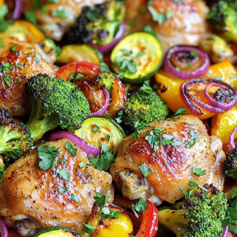 This Chicken and Veggie Sheet Pan Dinner is simple, quick, and healthy. You can prepare it in just one pan, making clean-up easy. The mix of chicken and colorful veggies creates a balanced meal. The marinade gives the chicken great flavor, while the oven does all the work. - 4 chicken thighs, skin-on or skinless - 2 cups broccoli florets - 1 red bell pepper, sliced into strips - 1 yellow zucchini, sliced into half-moons - 1 medium red onion, cut into wedges - 3 cloves garlic, minced - 2 tablespoons extra-virgin olive oil, plus more for drizzling - 1 tablespoon fresh lemon juice - 1 teaspoon smoked paprika - 1 teaspoon dried oregano - Salt and freshly ground black pepper, to taste - Fresh parsley, chopped for garnish This recipe combines fresh ingredients for a tasty dish. The chicken thighs provide protein, while the veggies add vitamins and minerals. The marinade components enhance the chicken's flavor and tenderize it. You can find the complete recipe in the Full Recipe section. Try this easy and healthy meal tonight! Prepping the Chicken Start by rinsing the chicken thighs under cold water. Pat them dry with paper towels. This step helps the marinade stick and keeps the skin crispy. Marinating Process In a big bowl, mix olive oil, lemon juice, minced garlic, smoked paprika, oregano, salt, and pepper. Stir it well. Add the chicken to the bowl, making sure it gets coated. Let it sit for 15-20 minutes. This helps the chicken soak up all the flavors. Preparing the Vegetables Take another bowl and throw in your broccoli, red bell pepper, yellow zucchini, and red onion. Drizzle with olive oil, then sprinkle salt and pepper. Toss everything well so the veggies get a nice coat of oil and seasoning. Arranging on the Sheet Pan Line a large baking sheet with parchment paper. This makes clean-up easy. Place the marinated chicken in the center of the pan. Spread the vegetables around the chicken. Make sure not to crowd them, so they all roast evenly. Roasting Time and Temperature Preheat your oven to 425°F (220°C). Slide the baking sheet into the oven and roast for 25-30 minutes. You want the chicken to reach 165°F (75°C), and the veggies should be fork-tender. Final Touches (Broiling, Resting) If you like a crunchy top, switch on the broiler for the last 2-3 minutes. Watch it closely to avoid burning. Take the sheet out when done and let it rest for 5 minutes. This helps keep the chicken juicy. Finish with chopped parsley for a pop of color. For the full recipe, check out the link above. - Optimal Oven Settings: Set your oven to 425°F (220°C). This heat cooks chicken while making veggies tender. - How to Ensure Crispy Skin: Use skin-on chicken. Pat the skin dry before baking. This helps it crisp up nicely. - Importance of Resting Time: Let the chicken rest for 5 minutes after cooking. This keeps the juices inside. - Additional Marinade Ideas: Try adding honey or mustard for a sweet twist. You can also mix in soy sauce for a savory touch. - Spice Substitutions: If you don’t have smoked paprika, use regular paprika or chili powder. Each gives a unique flavor. - Vegetable Variations: Mix in carrots, green beans, or sweet potatoes. They all roast well and add color to your meal. For the complete experience, check out the Full Recipe for the chicken and veggie sheet pan dinner! {{image_4}} You can easily switch up the proteins in this recipe. Turkey works just as well as chicken. If you prefer a plant-based option, try tofu. Both options taste great and soak up the marinade. When it comes to vegetables, the sky's the limit. You can use green beans, carrots, or even sweet potatoes. Pick your favorite veggies to make it your own. Just ensure they roast well and cook at a similar time as the chicken. If you need a gluten-free option, this recipe fits the bill nicely. All the ingredients are naturally gluten-free. Just double-check any sauces or spices you use. To give this dinner a Mediterranean twist, add olives, artichokes, and feta cheese. A sprinkle of oregano and a drizzle of balsamic vinegar can enhance the flavors. For an Asian-inspired meal, swap out the veggies for snap peas and bok choy. Use soy sauce and ginger in your marinade for a fresh taste. Want a Mexican flair? Add corn, black beans, and diced tomatoes. A touch of cumin and chili powder in the marinade will really amp up the flavor. Explore these variations to keep your meals exciting. Each twist adds a unique flavor profile that makes this sheet pan dinner a versatile go-to. You can find the full recipe to get started! After enjoying your chicken and veggie sheet pan dinner, store leftovers right away. This helps keep the food fresh. - Refrigeration Guidelines: Place the chicken and veggies in an airtight container. They can last in the fridge for up to three days. Make sure to cool them to room temperature first. This prevents moisture buildup, which can make them soggy. - Freezing Techniques: If you want to keep leftovers longer, freezing is a great option. Use freezer-safe bags or containers. Split the meal into smaller portions for quick thawing later. Leftovers can last up to three months in the freezer. When it’s time to enjoy your leftovers, reheating is key. - Oven vs. Microwave Methods: The oven is best for reheating. Preheat it to 350°F (175°C). Place the chicken and veggies on a baking sheet for about 15-20 minutes. This helps restore crispiness. If using a microwave, heat in short bursts of 1-2 minutes, checking often. - Tips for Retaining Texture: To keep the chicken juicy, cover it with a damp paper towel in the microwave. For oven reheating, you can cover with foil to prevent drying out. Avoid reheating on high heat to keep the veggies from getting mushy. By following these steps, you can enjoy your chicken and veggie sheet pan dinner again without losing flavor! How long to cook chicken thighs in the oven? Cook chicken thighs in the oven for 25-30 minutes at 425°F (220°C). Use a meat thermometer to check if the internal temperature is 165°F (75°C). This ensures the chicken is safe to eat and juicy. Can you use frozen vegetables? Yes, you can use frozen vegetables. They work well in this recipe. Just add a few more minutes to the cooking time. Frozen veggies often cook faster than fresh ones because they are pre-blanched. Can this recipe be made ahead of time? Absolutely! You can marinate the chicken and chop the veggies a day before. Store them in the fridge, then roast them when you're ready to eat. This saves time on busy nights. What can be used instead of olive oil? If you need a substitute for olive oil, try avocado oil or canola oil. Both have a high smoke point and will work well. You can also use melted coconut oil for a different flavor. How to choose the best chicken for this recipe? Look for chicken thighs that are plump and have a nice color. Skin-on thighs add flavor, but skinless will work too. If possible, buy organic or free-range chicken for better taste and health benefits. Are there any low-sodium options for seasoning? Yes, you can use herbs and spices instead of salt. Try garlic powder, onion powder, or lemon zest for flavor. Fresh herbs like rosemary or thyme also add great taste without extra sodium. This blog post covered everything you need to make a delicious sheet pan chicken meal. We explored the key ingredients, detailed cooking steps, and shared helpful tips to enhance flavor. You also learned how to store and reheat leftovers for maximum enjoyment. This method offers simplicity and taste. Experimenting with variations can keep meals exciting. Use what you learned to create your own tasty dishes, and enjoy the process. Happy cooking!