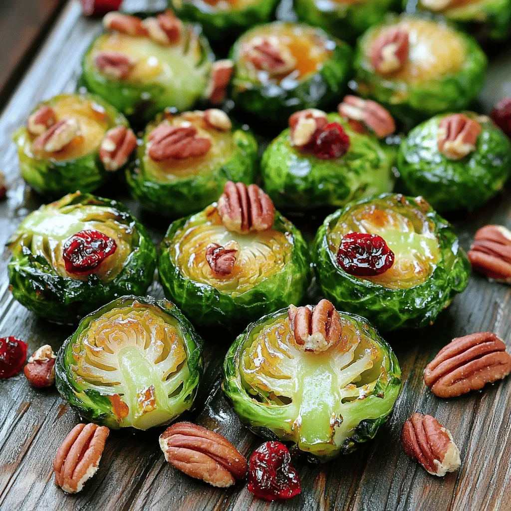 To make this tasty dish, gather these ingredients: - 1 pound Brussels sprouts, trimmed and halved - 3 tablespoons extra virgin olive oil - 2 tablespoons pure maple syrup - 1 teaspoon balsamic vinegar - 1 teaspoon garlic powder - 1/2 teaspoon coarse sea salt - 1/2 teaspoon freshly ground black pepper - 1/4 cup chopped pecans (optional, for added crunch) - 1/4 cup dried cranberries (optional, for a burst of sweetness) You can add more flavor with these extras: - Crushed red pepper flakes for heat - Fresh herbs like thyme or rosemary - Grated Parmesan cheese for a savory twist If you have dietary needs, try these swaps: - Use avocado oil instead of olive oil for a different taste. - Swap maple syrup with honey or agave for sweetness. - Replace pecans with walnuts or sunflower seeds if needed. For the full recipe, check the complete instructions to create this delightful dish. Start by gathering all your ingredients. You need a pound of Brussels sprouts, olive oil, maple syrup, balsamic vinegar, garlic powder, salt, and pepper. If you like, add pecans and cranberries for extra flavor. Trim and halve the Brussels sprouts. This helps them cook evenly and get crispy. Preheat your oven to 400°F (200°C). In a large bowl, whisk together the olive oil, maple syrup, balsamic vinegar, garlic powder, salt, and pepper. This mix is key for flavor. Add the halved Brussels sprouts. Toss them well until each sprout is coated. Line a baking sheet with parchment paper. Spread the sprouts in a single layer on the sheet. Roast them for 20-25 minutes. Stir halfway through for even cooking. They should be fork-tender and golden brown. If using pecans, add them during the last 5 minutes. They will add a nice crunch. After roasting, toss in the cranberries if desired. To get that crispy texture, make sure not to crowd the baking sheet. Give the sprouts space to breathe. Use fresh ingredients for the best taste. If you want more caramelization, turn the oven up to 425°F (220°C) for the last few minutes. Always check for doneness by piercing a sprout with a fork. It should feel tender. For a great presentation, serve the sprouts on a platter with a drizzle of maple syrup and extra pecans. This makes your dish look special and inviting. To get the best results, select fresh Brussels sprouts. They should feel firm and bright green. Always cut them in half for even cooking. The flat side browns better and adds flavor. Make sure to space them out on the baking sheet. Crowded sprouts steam instead of roast. Stir them halfway through for even crispiness. To boost the flavor, try adding spices. A pinch of cayenne pepper gives heat. Smoked paprika adds a nice depth. Consider mixing in some lemon zest for brightness. You can also swap out the maple syrup for honey or agave. For a savory touch, add crumbled feta or parmesan cheese after roasting. If your Brussels sprouts are soggy, they were likely too crowded. Ensure they are dry before roasting. If they burn, your oven may be too hot. Adjust the temperature down a bit. For undercooked sprouts, extend the roasting time by a few minutes. Just keep an eye on them to avoid burning. For the full recipe, check out the Maple Roasted Brussels Sprouts with Pecans and Cranberries. {{image_4}} You can make Maple Roasted Brussels sprouts even more delicious by adding extras. Try mixing in some crispy bacon for a savory twist. This adds a salty flavor that pairs well with the sweetness of maple. You can also sprinkle in some red pepper flakes for a bit of heat. If you love cheese, goat cheese crumbles add creaminess and tang. In fall, add roasted sweet potatoes for a heartier dish. The sweet potatoes will complement the maple flavor. In winter, toss in some sliced apples or pears. Their natural sweetness works well with Brussels sprouts. In spring, consider adding fresh herbs like thyme or rosemary for a bright flavor. These Brussels sprouts shine as a side dish for any meal. Serve them with roast chicken for a comforting dinner. They also pair well with grilled salmon for a healthy option. Try them as a topping on your favorite grain bowl too! For a festive touch, serve them during holiday dinners. Their bright color makes any plate look more inviting. For the complete experience, check out the Full Recipe. After you enjoy your maple roasted Brussels sprouts, let them cool. Once cool, place them in an airtight container. This keeps them fresh for up to three days in the fridge. To prevent sogginess, do not stack them too high. Store them flat, if possible. When you're ready to enjoy leftovers, preheat your oven to 350°F (175°C). Spread the Brussels sprouts on a baking sheet. Heat them for about 10-15 minutes or until warmed through. This method helps keep them crispy. Avoid using the microwave, as it can make them mushy. You can freeze Brussels sprouts for later use. First, cool them completely after roasting. Then, place them in a freezer-safe bag or container. Remove as much air as possible to avoid freezer burn. They can last for up to three months in the freezer. When ready to eat, thaw in the fridge overnight before reheating. For the best quality, use them sooner rather than later. Roast Brussels sprouts for 20 to 25 minutes at 400°F (200°C). This time allows them to cook fully and get that desired crispiness. Stir them halfway through to help them brown evenly. You want them to be tender and golden brown when done. Yes, you can use frozen Brussels sprouts. However, they may not get as crispy as fresh ones. Thaw them first and pat them dry. This helps remove excess moisture. Keep in mind that the cooking time may vary. Absolutely! Maple roasted Brussels sprouts are great for meal prep. They keep well in the fridge for up to four days. Store them in an airtight container. You can reheat them in the oven or microwave before serving. You can prepare the Brussels sprouts in advance. Toss them in the maple mixture and store them in the fridge. Roast them just before serving for the best texture. If you like, you can roast them earlier and reheat them. Just remember, they taste best fresh out of the oven. Check out the Full Recipe for detailed steps! Maple roasted Brussels sprouts are easy and delicious. We've covered the key ingredients, including options for flavor and substitutes. You learned the simple steps for prepping and cooking them perfectly. I shared tips for roasting and ways to add variety. Lastly, I explained how to store and reheat them well. With this recipe, you can enjoy a tasty dish anytime. Try these ideas to make your cooking fun and flavorful. Enjoy your time in the kitchen!