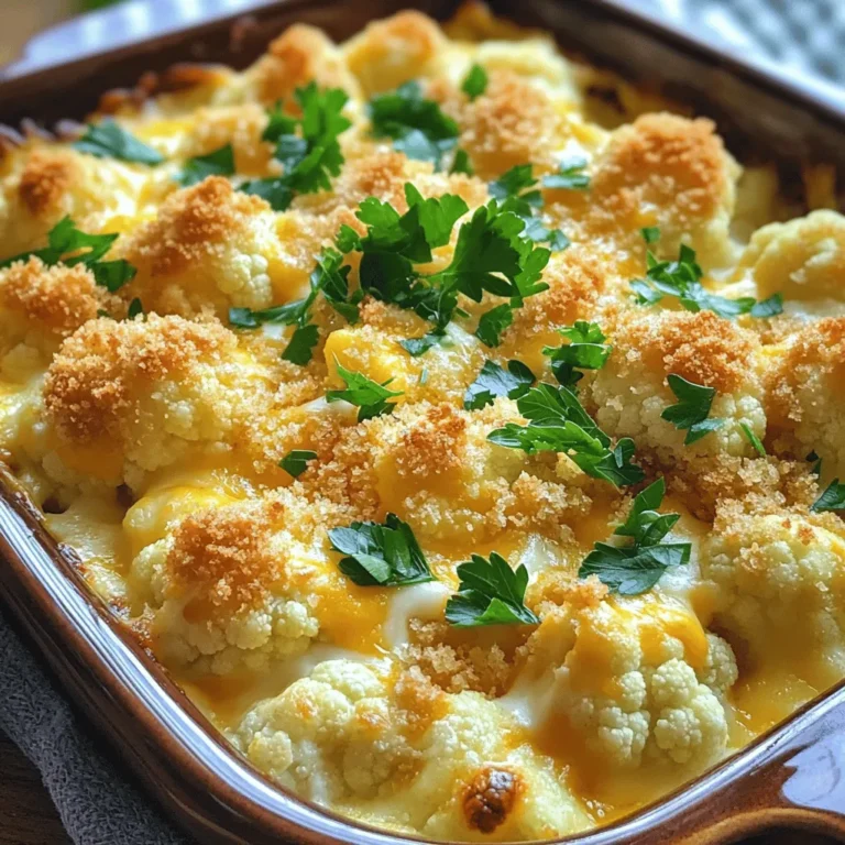 - 1 large head of cauliflower, trimmed and cut into bite-sized florets - 1 cup shredded sharp cheddar cheese, divided - 1 cup cream cheese, softened to room temperature - 1 cup milk, preferably whole - 1/2 cup grated Parmesan cheese - 1 cup breadcrumbs (whole wheat or panko for extra crunch) - 2 garlic cloves, finely minced - 1 teaspoon onion powder - Salt and freshly cracked black pepper to taste - 2 tablespoons extra virgin olive oil - Fresh parsley, finely chopped (for garnish) - For cheese lovers, try gouda or mozzarella for a different taste. - If you want a dairy-free version, use cashew cream and dairy-free cheese. - Whole grain breadcrumbs work well. For gluten-free, use crushed nuts or gluten-free crumbs. This cheesy cauliflower casserole is perfect for a cozy meal. The rich flavors come from simple ingredients, making it easy to enjoy. You can find the full recipe above to guide you through the cooking process. First, set your oven to 375°F (190°C). Preheating is key. It ensures even cooking and helps achieve a golden crust. If you skip this step, your casserole may not cook right. Next, you will blanch the cauliflower. Fill a large pot with water and add a pinch of salt. Once it boils, gently add the cauliflower florets. Blanch them for about 5 minutes. They should be tender but still crunchy. Drain and let them cool. Keeping that crunch is important for the final dish. Now, let’s make the cheese mixture. In a big bowl, mix softened cream cheese with milk until smooth. Then add minced garlic and onion powder. Finally, fold in half of the shredded cheddar cheese. You want it creamy and well-blended. This mixture adds great flavor. Next, fold the blanched cauliflower into the cheese mixture. Make sure each floret gets coated well. This is where you can add salt and freshly cracked black pepper. Taste it to ensure it’s seasoned just right. Take a 9x13 inch casserole dish and grease it with olive oil or cooking spray. Pour the creamy cauliflower mixture into the dish. Spread it out evenly. This helps every bite to be delicious. Finally, bake your casserole. Place it in the oven for 25-30 minutes. Look for a golden brown top and bubbly cheese. When it’s done, let it cool for about 5 minutes before serving. This helps the flavors settle and makes it easier to serve. For the full recipe, check out the details above. To get creamy cauliflower, use softened cream cheese and whole milk. This mix gives a rich feel. Blanch the cauliflower just right, so it stays firm. If you want a crispy topping, use panko breadcrumbs. They add extra crunch and texture. Mixing the breadcrumbs with a bit of olive oil helps them brown. Try adding fresh herbs like thyme or rosemary for extra flavor. A pinch of smoked paprika can bring a nice twist too. If you like heat, consider some chili flakes. Always taste your mix before baking. Adjust salt and pepper to your liking. This will make sure every bite is just right. For a fun touch, serve the casserole in individual ramekins. This makes each serving special. You can also top each ramekin with fresh parsley for color. Using a sprinkle of extra Parmesan adds a nice look and taste. Remember, we eat with our eyes first. A pretty dish makes it more inviting! {{image_4}} To make a low-carb version, use cauliflower rice instead of whole florets. This change will keep the dish light and reduce carbs. You can also add other veggies like broccoli or spinach. These will boost the flavor and nutrition. For a vegan option, swap dairy cheese with dairy-free cheese alternatives. Look for brands made from nuts or soy that melt well. You can also use plant-based cream options like coconut cream or cashew cream. This keeps the creamy texture without dairy. If you like heat, add chili flakes or jalapeños. These will give your casserole a nice kick. You may also explore global twists. Try Mediterranean flavors with olives and feta cheese, or go for Mexican flavors by adding black beans and corn. Each twist makes this dish exciting! For the full recipe, check out the [Full Recipe]. To store leftovers, use an airtight container. Make sure to cool the casserole first. Place it in the fridge. It will stay fresh for about 3 to 5 days. Always check for signs of spoilage before eating. For reheating, the oven is best for keeping the texture. Preheat your oven to 350°F (175°C). Place the casserole in a baking dish. Cover it with foil to avoid drying out. Heat for about 20 minutes or until warm. Limit reheating to just once to keep it tasty. To freeze, let the casserole cool completely. Cut it into portions for easy use. Wrap each piece well in plastic wrap. Then place them in a freezer-safe bag. It can last up to 3 months. For thawing, place it in the fridge overnight for best results. This helps keep the quality. To make this cheesy cauliflower casserole, follow these easy steps: 1. Preheat the oven: Set it to 375°F (190°C). 2. Blanch the cauliflower: Boil water with salt, then add cauliflower florets for about 5 minutes. Drain and let cool. 3. Prepare the cheese mixture: In a bowl, mix cream cheese and milk until smooth. Add minced garlic, onion powder, and half the cheddar cheese. 4. Combine with cauliflower: Fold the blanched cauliflower into the cheese mixture. Season with salt and pepper. 5. Fill the casserole dish: Grease a 9x13 inch dish and pour the mixture in. 6. Prepare the topping: Combine breadcrumbs, Parmesan, remaining cheddar, and olive oil. Sprinkle on top. 7. Bake: Cook in the oven for 25-30 minutes until golden brown. 8. Cool and garnish: Let it cool for a few minutes and add parsley on top. You can find the full recipe above for more details. Yes, you can make this casserole ahead of time. Prepare it up to the baking step. Cover it and place it in the fridge for up to 24 hours. When ready to serve, bake it at 375°F (190°C) for about 30-35 minutes. You may need to add a few extra minutes if it’s cold from the fridge. This casserole pairs well with many dishes. Here are some great options: - Grilled chicken or fish for protein. - A fresh green salad for crunch. - Roasted vegetables for added nutrition. - Garlic bread for a comforting touch. These sides will balance the rich flavors of the casserole. Yes, it is perfect for meal prep. Store leftovers in airtight containers in the fridge for up to 4 days. Reheat in the microwave or oven. For best results, use the oven to keep the topping crispy. Cauliflower is a powerhouse of nutrients. Here are some key benefits: - Low in calories: This makes it great for weight management. - High in fiber: Promotes good digestion and keeps you full. - Rich in vitamins: Especially vitamin C and K, which support health. - Antioxidants: Help protect your body from damage. Including cauliflower in your diet can boost overall health while enjoying delicious meals. This cheesy cauliflower casserole is a blend of flavor and ease. We covered the key ingredients, preparation steps, and variations to make it your own. From storing leftovers to serving suggestions, this dish fits many needs. Whether you prefer it low-carb, vegan, or with a spicy kick, there's a version for everyone. Enjoy creating your own twist on this delightful dish. Cooking should be fun and tasty!