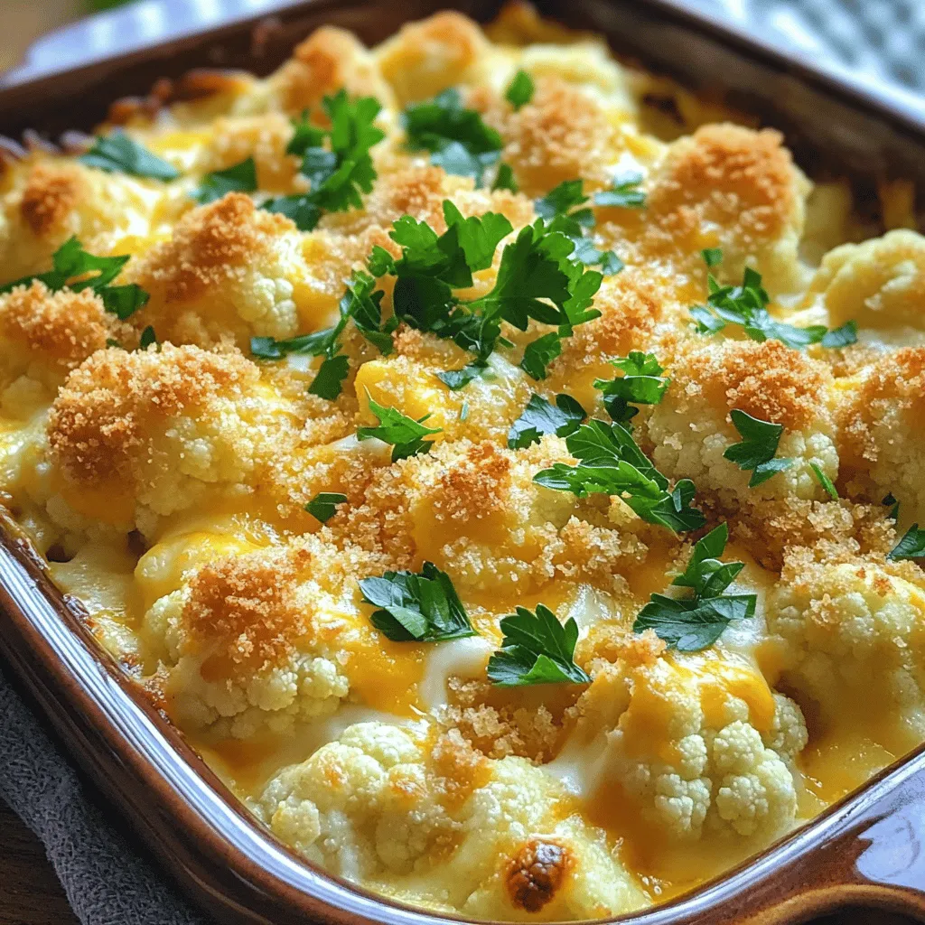 - 1 large head of cauliflower, trimmed and cut into bite-sized florets - 1 cup shredded sharp cheddar cheese, divided - 1 cup cream cheese, softened to room temperature - 1 cup milk, preferably whole - 1/2 cup grated Parmesan cheese - 1 cup breadcrumbs (whole wheat or panko for extra crunch) - 2 garlic cloves, finely minced - 1 teaspoon onion powder - Salt and freshly cracked black pepper to taste - 2 tablespoons extra virgin olive oil - Fresh parsley, finely chopped (for garnish) - For cheese lovers, try gouda or mozzarella for a different taste. - If you want a dairy-free version, use cashew cream and dairy-free cheese. - Whole grain breadcrumbs work well. For gluten-free, use crushed nuts or gluten-free crumbs. This cheesy cauliflower casserole is perfect for a cozy meal. The rich flavors come from simple ingredients, making it easy to enjoy. You can find the full recipe above to guide you through the cooking process. First, set your oven to 375°F (190°C). Preheating is key. It ensures even cooking and helps achieve a golden crust. If you skip this step, your casserole may not cook right. Next, you will blanch the cauliflower. Fill a large pot with water and add a pinch of salt. Once it boils, gently add the cauliflower florets. Blanch them for about 5 minutes. They should be tender but still crunchy. Drain and let them cool. Keeping that crunch is important for the final dish. Now, let’s make the cheese mixture. In a big bowl, mix softened cream cheese with milk until smooth. Then add minced garlic and onion powder. Finally, fold in half of the shredded cheddar cheese. You want it creamy and well-blended. This mixture adds great flavor. Next, fold the blanched cauliflower into the cheese mixture. Make sure each floret gets coated well. This is where you can add salt and freshly cracked black pepper. Taste it to ensure it’s seasoned just right. Take a 9x13 inch casserole dish and grease it with olive oil or cooking spray. Pour the creamy cauliflower mixture into the dish. Spread it out evenly. This helps every bite to be delicious. Finally, bake your casserole. Place it in the oven for 25-30 minutes. Look for a golden brown top and bubbly cheese. When it’s done, let it cool for about 5 minutes before serving. This helps the flavors settle and makes it easier to serve. For the full recipe, check out the details above. To get creamy cauliflower, use softened cream cheese and whole milk. This mix gives a rich feel. Blanch the cauliflower just right, so it stays firm. If you want a crispy topping, use panko breadcrumbs. They add extra crunch and texture. Mixing the breadcrumbs with a bit of olive oil helps them brown. Try adding fresh herbs like thyme or rosemary for extra flavor. A pinch of smoked paprika can bring a nice twist too. If you like heat, consider some chili flakes. Always taste your mix before baking. Adjust salt and pepper to your liking. This will make sure every bite is just right. For a fun touch, serve the casserole in individual ramekins. This makes each serving special. You can also top each ramekin with fresh parsley for color. Using a sprinkle of extra Parmesan adds a nice look and taste. Remember, we eat with our eyes first. A pretty dish makes it more inviting! {{image_4}} To make a low-carb version, use cauliflower rice instead of whole florets. This change will keep the dish light and reduce carbs. You can also add other veggies like broccoli or spinach. These will boost the flavor and nutrition. For a vegan option, swap dairy cheese with dairy-free cheese alternatives. Look for brands made from nuts or soy that melt well. You can also use plant-based cream options like coconut cream or cashew cream. This keeps the creamy texture without dairy. If you like heat, add chili flakes or jalapeños. These will give your casserole a nice kick. You may also explore global twists. Try Mediterranean flavors with olives and feta cheese, or go for Mexican flavors by adding black beans and corn. Each twist makes this dish exciting! For the full recipe, check out the [Full Recipe]. To store leftovers, use an airtight container. Make sure to cool the casserole first. Place it in the fridge. It will stay fresh for about 3 to 5 days. Always check for signs of spoilage before eating. For reheating, the oven is best for keeping the texture. Preheat your oven to 350°F (175°C). Place the casserole in a baking dish. Cover it with foil to avoid drying out. Heat for about 20 minutes or until warm. Limit reheating to just once to keep it tasty. To freeze, let the casserole cool completely. Cut it into portions for easy use. Wrap each piece well in plastic wrap. Then place them in a freezer-safe bag. It can last up to 3 months. For thawing, place it in the fridge overnight for best results. This helps keep the quality. To make this cheesy cauliflower casserole, follow these easy steps: 1. Preheat the oven: Set it to 375°F (190°C). 2. Blanch the cauliflower: Boil water with salt, then add cauliflower florets for about 5 minutes. Drain and let cool. 3. Prepare the cheese mixture: In a bowl, mix cream cheese and milk until smooth. Add minced garlic, onion powder, and half the cheddar cheese. 4. Combine with cauliflower: Fold the blanched cauliflower into the cheese mixture. Season with salt and pepper. 5. Fill the casserole dish: Grease a 9x13 inch dish and pour the mixture in. 6. Prepare the topping: Combine breadcrumbs, Parmesan, remaining cheddar, and olive oil. Sprinkle on top. 7. Bake: Cook in the oven for 25-30 minutes until golden brown. 8. Cool and garnish: Let it cool for a few minutes and add parsley on top. You can find the full recipe above for more details. Yes, you can make this casserole ahead of time. Prepare it up to the baking step. Cover it and place it in the fridge for up to 24 hours. When ready to serve, bake it at 375°F (190°C) for about 30-35 minutes. You may need to add a few extra minutes if it’s cold from the fridge. This casserole pairs well with many dishes. Here are some great options: - Grilled chicken or fish for protein. - A fresh green salad for crunch. - Roasted vegetables for added nutrition. - Garlic bread for a comforting touch. These sides will balance the rich flavors of the casserole. Yes, it is perfect for meal prep. Store leftovers in airtight containers in the fridge for up to 4 days. Reheat in the microwave or oven. For best results, use the oven to keep the topping crispy. Cauliflower is a powerhouse of nutrients. Here are some key benefits: - Low in calories: This makes it great for weight management. - High in fiber: Promotes good digestion and keeps you full. - Rich in vitamins: Especially vitamin C and K, which support health. - Antioxidants: Help protect your body from damage. Including cauliflower in your diet can boost overall health while enjoying delicious meals. This cheesy cauliflower casserole is a blend of flavor and ease. We covered the key ingredients, preparation steps, and variations to make it your own. From storing leftovers to serving suggestions, this dish fits many needs. Whether you prefer it low-carb, vegan, or with a spicy kick, there's a version for everyone. Enjoy creating your own twist on this delightful dish. Cooking should be fun and tasty!