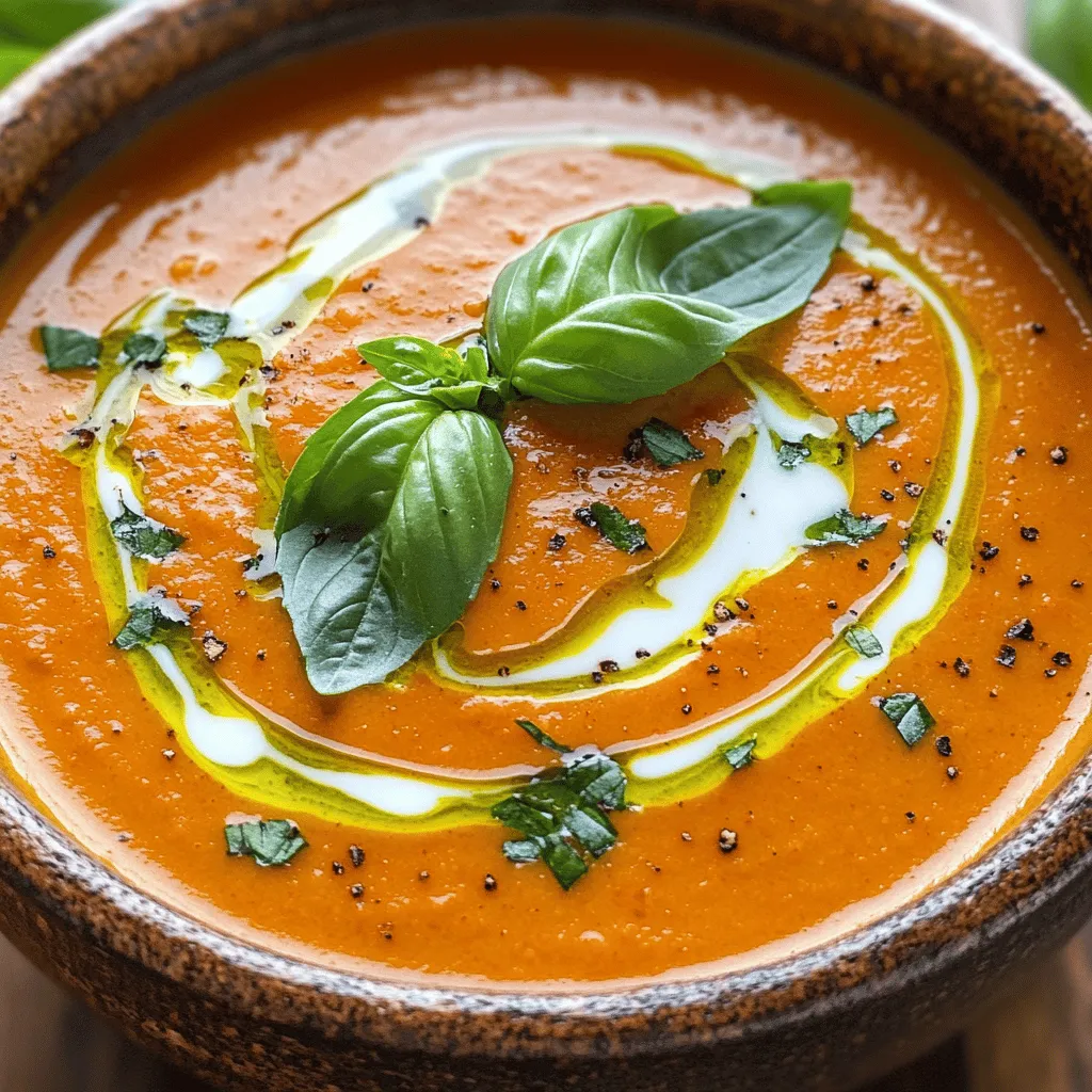 - 4 large red bell peppers - 1 medium onion, finely chopped - 3 cloves garlic, minced - 2 cups vegetable broth - 1 cup coconut milk (or heavy cream for a richer flavor) - 1 teaspoon smoked paprika - 1 teaspoon dried basil - Salt and pepper to taste - 2 tablespoons olive oil - Fresh basil leaves for garnish The main stars of this soup are the red bell peppers. They bring a sweet and smoky flavor. I love using fresh, ripe peppers for the best taste. The onion and garlic add depth and aroma to the base. Vegetable broth makes the soup warm and hearty. You can swap coconut milk for almond milk or cashew cream if needed. For a richer flavor, heavy cream works well too. Fresh basil can replace dried basil if you want a brighter taste. Always use what you have on hand. For broth, you can use chicken broth if you’re not vegan. Just check the label to make sure it fits your diet. Red bell peppers are rich in vitamins A and C. They help boost your immune system and improve skin health. Coconut milk has healthy fats that aid in digestion. It’s also a great source of energy. In each serving, you get a good amount of fiber, which keeps you full. This soup is not only tasty but also good for you. - Roasting the red bell peppers First, preheat your oven to 400°F (200°C). Cut the red bell peppers in half. Remove the seeds and stems. Place the halves cut-side down on a baking sheet lined with parchment. Drizzle with olive oil and roast for 25-30 minutes. The skin should blister and the flesh should feel soft. - Sautéing the onion and garlic While the peppers roast, heat 1 tablespoon of olive oil in a large pot over medium heat. Add the chopped onion and cook for about 5 minutes. The onion should become soft and clear. Next, add the minced garlic and sauté for 1 minute. Enjoy the wonderful smell filling your kitchen! - Combining ingredients in the pot Once the peppers are roasted and cool, peel off the skins. Chop the flesh into small pieces. Add these pieces to the pot with the sautéed onion and garlic. Pour in the vegetable broth, smoked paprika, and dried basil. Stir well and bring the mixture to a boil. Reduce the heat and let it simmer for 10 minutes. This helps the flavors blend. - Blending the soup for a creamy texture Use an immersion blender to purée the soup until it is smooth and creamy. If you do not have an immersion blender, carefully transfer the soup to a countertop blender. Blend in batches if needed. This step gives the soup its lovely velvety texture. - Adding coconut milk or heavy cream After blending, stir in the coconut milk or heavy cream. This adds richness to your soup. Allow it to heat through for 2-3 minutes. - Seasoning and garnishing the soup Season the soup with salt and pepper to taste. For a pretty finish, serve hot with fresh basil leaves on top. These leaves add a lovely aroma and color. Enjoy your creamy roasted red pepper soup, made simple and nourishing! For the complete steps, check the Full Recipe above. To make this soup your own, adjust the spices. Add more smoked paprika for a deeper flavor. If you like heat, a pinch of cayenne can spice things up. You can also use fresh herbs for a brighter taste. Fresh basil adds a nice twist right at the end. For the best texture, blend the soup well. Use an immersion blender for ease. If you want extra creaminess, blend in more coconut milk or heavy cream. This will give you a velvety feel that is hard to resist. This soup is great on its own, but you can add more. A slice of crusty bread works perfectly. You can also serve it with a simple salad for a complete meal. Try pairing it with a tangy vinaigrette to balance the creaminess. For a fun twist, top the soup with croutons or a dollop of sour cream. These add crunch and a nice contrast to the smooth soup. If you want to make the soup ahead, it stores well. Cool it down and pour it into an airtight container. It can stay in the fridge for up to three days. When you’re ready to eat, just reheat it on the stove. Stir often to keep it smooth. To freeze, let it cool completely before transferring to freezer-safe bags. Lay the bags flat to save space. When you’re ready to eat, thaw it overnight in the fridge. Heat it gently on the stove, and stir well before serving. {{image_4}} You can easily make this soup vegan. Replace the heavy cream with coconut milk. This keeps the soup creamy and rich. You can also use cashew cream for a nut-free option. For toppings, add fresh herbs like cilantro or parsley. These plant-based toppings enhance the soup's flavor and freshness. Want a kick? Add chili flakes or diced jalapeños. This brings heat that pairs well with roasted peppers. Use just a pinch for mild spice or more for a fiery kick. To balance the heat, add a touch of honey or maple syrup. This sweetness makes every spoonful enjoyable. Boost the soup’s nutrition by adding protein. You can stir in cooked chicken or beans. Both options make the soup heartier and more filling. For a vegetarian twist, try chickpeas or lentils. They blend well and add a satisfying texture. For the full recipe, check out the detailed instructions to enjoy this creamy goodness. Store your creamy roasted red pepper soup in an airtight container. Keep it in the fridge. This soup lasts about 4 to 5 days in the fridge. Make sure to let it cool before sealing it. Label the container with the date to track freshness. You can freeze this soup for longer storage. Pour the cooled soup into freezer-safe bags or containers. Remove as much air as you can. It keeps well for up to 3 months in the freezer. When you want to eat it, thaw it overnight in the fridge. To reheat, warm it on the stove over low heat or use the microwave. Stir well to ensure even heating. Don't waste any leftovers! Use extra soup as a sauce for pasta or drizzle it over roasted veggies. You can also blend it with grains for a creamy risotto. If you have leftover red peppers, toss them in salads or sandwiches. They add great flavor and nutrition to many dishes. Feel free to explore other recipes that use similar ingredients, like stuffed peppers or pasta sauces. What can I substitute for coconut milk? You can use heavy cream instead of coconut milk. If you want a lighter option, try almond milk or soy milk. Each choice will give the soup a different taste. Can I use fresh bell peppers instead of roasted? Yes, you can use fresh bell peppers, but roasting them brings out their natural sweetness. Roasting adds depth and flavor that fresh peppers lack. How long does it take to make creamy roasted red pepper soup? Making this soup takes about 55 minutes in total. This includes 15 minutes for prep and 40 minutes for cooking and blending. What is the best way to roast red peppers? To roast red peppers, preheat your oven to 400°F (200°C). Cut the peppers in half, remove seeds, and coat them with olive oil. Place them cut-side down on a baking sheet. Roast for 25-30 minutes until the skin blisters. Is this soup gluten-free? Yes, creamy roasted red pepper soup is gluten-free. All the ingredients used are free from gluten. Can I make it nut-free? Absolutely! If you use coconut milk, choose a brand that is nut-free. You can also opt for heavy cream, which is nut-free by nature. You learned how to make a creamy roasted red pepper soup. I covered the ingredients, cooking steps, and storage tips. This soup is tasty and easy to make. You can adjust spices and add your favorite proteins. It's also great for meal prep. With these tips, you'll create a soup that impresses everyone. Enjoy the rich flavors while knowing it’s good for you, too. This dish is perfect for any occasion and will become a favorite in your home.