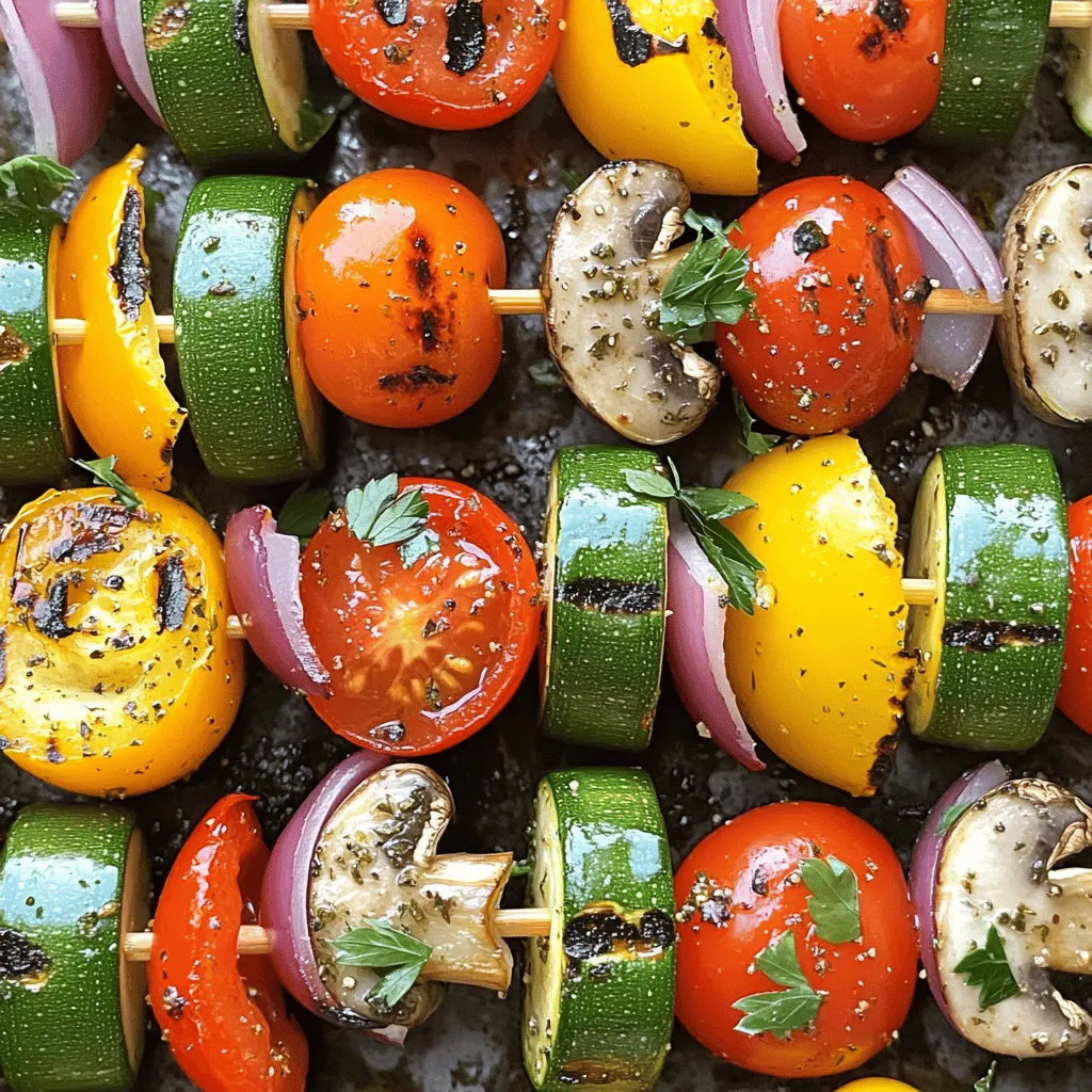 - 1 large zucchini, sliced into thick rounds - 1 red bell pepper, cut into 1-inch squares - 1 yellow bell pepper, cut into 1-inch squares - 1 red onion, cut into large chunks - 8 cherry tomatoes, whole - 1 cup mushrooms, halved - 3 tablespoons extra virgin olive oil - 2 teaspoons dried oregano - 1 teaspoon garlic powder - Salt and black pepper to taste - Fresh parsley, finely chopped (for garnish) - 8 skewers (if using wooden skewers, soak in water for 30 minutes prior to use) Choosing the right ingredients is key to making these grilled Mediterranean veggie skewers shine. Fresh, colorful vegetables not only taste better but also look great on the plate. I love using seasonal veggies for the best flavor. You can mix and match as you like. The extra virgin olive oil adds richness and helps the spices stick. Dried oregano gives that classic Mediterranean taste. Garlic powder adds depth without the hassle of fresh garlic. Don't forget to season with salt and black pepper. This simple step makes a big difference in flavor. Fresh parsley as a garnish not only adds color but also a fresh taste that brightens up the dish. When preparing the skewers, remember to soak wooden skewers in water first. This prevents them from burning on the grill. If you use metal skewers, you can skip this step. For the full recipe, check out the details above. Enjoy preparing these delicious veggie skewers! - Preheat grill to medium-high heat. - In a bowl, combine the vegetables: zucchini, bell peppers, onion, tomatoes, and mushrooms. - In a small bowl, mix olive oil, oregano, garlic powder, salt, and pepper. - Drizzle the marinade over the veggies. Toss until all pieces are coated. - Thread the marinated vegetables onto skewers. Alternate colors for a bright look. - Place the skewers on the hot grill. Grill for 10-12 minutes. - Turn the skewers occasionally. This helps them cook evenly. - Remove skewers from the grill and let them cool slightly. - Just before serving, sprinkle fresh parsley on top for a nice finish. For the complete details, check the [Full Recipe]. For the best grilled Mediterranean veggie skewers, pick seasonal vegetables. Fresh veggies taste better and add more flavor. Look for zucchini, bell peppers, and red onions. They offer great colors and textures. When you shop, choose firm, bright vegetables. Avoid any that feel soft or look dull. You can spice up your marinade. Try adding fresh herbs like basil or thyme. They add a nice touch. You can also use lemon juice for a zesty flavor. For oils, consider using avocado or sesame oil. Each type brings a unique taste to the skewers. To get those perfect grill marks, heat your grill well. A hot grill helps sear the veggies. Place the skewers at an angle for better marks. Turn them every few minutes. This promotes even cooking and prevents burning. To stop veggies from sticking, oil the grill grates lightly. You can also brush oil on the skewers before grilling. For the full recipe, check the details above! {{image_4}} You can mix up your veggie skewers with many different vegetables. Try adding eggplant, asparagus, or zucchini for a tasty twist. Each vegetable brings its unique flavor and texture. Think about color too! Using red, yellow, green, and purple veggies makes your skewers look bright and fun. This also helps to attract kids and picky eaters. More colors usually mean more vitamins and minerals, too! Want to add protein? Try tofu or tempeh for a plant-based option. Marinate them just like the veggies for great flavor. If you prefer meat, chicken or shrimp works well. Marinate your choice of meat in olive oil, herbs, and spices. This adds depth to your skewers. It’s an easy way to make a filling meal. Don’t be afraid to play with flavors! Try different marinades. A simple lemon juice and herb mix can brighten the dish. You can also use spicy sauces for a kick. Before serving, drizzle some fresh dressing on top. This adds a burst of flavor and makes the dish even more appealing. For the full recipe, check out the complete guide. To store leftover skewers, let them cool down first. Place them in an airtight container. You can use glass or plastic containers. Make sure the lid seals well to keep the flavors fresh. For freezing skewers safely, wrap each skewer in plastic wrap. Then, place them in a freezer bag. This keeps them from getting freezer burn. When you reheat, take them out and thaw in the fridge overnight. To warm them up, place them on a grill or in the oven. Heat them until they are hot, about 5 to 10 minutes. These skewers can last up to 4 days in the refrigerator. After that, they may start to lose flavor and texture. Watch for signs that the skewers have gone bad. If they smell off or look slimy, it’s best to toss them. Always trust your senses when it comes to food safety. For the full recipe, check the section above. Yes, you can prep these skewers in advance. Start by cutting the vegetables. Place them in a bowl. Drizzle with olive oil and spices. Toss until coated. Cover the bowl and refrigerate. This keeps them fresh and ready to grill. I recommend marinating for at least 30 minutes. This allows the flavors to soak in well. Grill these skewers on medium-high heat. This ensures even cooking. Aim for a temperature of about 400°F (200°C). Grill for 10-12 minutes. Turn the skewers every few minutes. This will give you nice grill marks. Check the veggies for tenderness. They should be soft but still slightly firm. You can use wooden, metal, or bamboo skewers. Each has its benefits. Wooden skewers need soaking in water for 30 minutes. This prevents burning on the grill. Metal skewers are reusable and sturdy. They can handle heavy vegetables well. Bamboo skewers are lightweight and easy to find. Choose what works best for you! For the full recipe, refer to the earlier section. In this blog post, I shared a simple way to make tasty vegetable skewers. We covered the ingredients, preparation steps, and grilling techniques. You learned tips to choose fresh veggies, add flavors, and create fun variations. Remember, you can customize skewers to suit your taste. Enjoy the grilling process and share your creations with friends and family. Happy grilling!