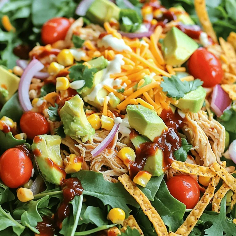 - 2 cups cooked chicken, shredded - 4 cups mixed salad greens - 1 cup cherry tomatoes - 1 cup corn - 1 ripe avocado - 1/2 cup red onion - 1 cup shredded cheddar cheese - 1/2 cup ranch dressing - BBQ sauce - Salt and freshly ground black pepper - Crispy tortilla strips, fresh cilantro leaves When making BBQ Ranch Chicken Salad, start with fresh, quality ingredients. The chicken brings protein and heartiness. I love using shredded chicken that is moist and flavorful. Mixed salad greens add crunch and color. You can choose your favorites like romaine, arugula, or baby spinach. Cherry tomatoes bring sweetness. Always cut them in half to make them easy to eat. Corn adds a pop of sweetness too, and you can use canned or fresh. I prefer fresh corn when it’s in season for the best taste. The avocado adds creaminess. A ripe avocado makes the salad smooth and rich. Red onion gives a nice bite. Keep it thinly sliced so it does not overpower. Shredded cheddar cheese adds a delightful sharpness, making each bite even tastier. The ranch dressing is creamy and tangy, tying everything together. Pair it with BBQ sauce for a smoky flavor boost. This combo is truly delicious. For seasoning, use salt and freshly ground black pepper. These simple touches really enhance the flavors. Lastly, crispy tortilla strips add a fun crunch. Fresh cilantro leaves not only look great but also add a fresh taste. You can find the full recipe [Full Recipe]. Enjoy mixing these ingredients for a vibrant, tasty salad! - Combine shredded chicken with BBQ sauce. - Use a large bowl for easy mixing. - Season with salt and black pepper to taste. - Mix until the chicken is fully coated. This step is key. The BBQ sauce gives the chicken a sweet and smoky flavor. It makes the salad pop with taste. - Create the salad base with mixed greens. - Spread the greens evenly in a large bowl. - Layer fresh ingredients: tomatoes, corn, avocado, and onion. - Arrange each ingredient for a colorful look. The vibrant colors make the salad appealing. Each bite brings a different taste, making it fun to eat! - Top with BBQ chicken and cheddar cheese. - Spoon the chicken evenly over the fresh veggies. - Drizzle with ranch dressing, adjusting to your liking. - Toss gently with clean hands or tongs to mix. This salad is now ready to impress! The creamy ranch dressing and savory chicken blend perfectly. Check the [Full Recipe] for more tips! To make your BBQ Ranch Chicken Salad shine, adjust the ranch dressing to your taste. If you love creamy flavors, add more dressing. For a lighter touch, use less. This lets you control how rich the salad feels. Make sure all ingredients mix well. This way, each bite has a bit of everything. An even spread of chicken, veggies, and cheese creates balance. For a lovely presentation, serve the salad in individual bowls or on a large platter. This makes it easy for everyone to take their share. Add some cilantro leaves and crispy tortilla strips on top. These toppings not only look great but also add flavor and crunch. A colorful display of greens and toppings makes the salad more appealing. Feel free to experiment with different seasonings. A dash of chili powder can add a nice kick. You might also try garlic powder or smoked paprika for depth. Also, think about adding extra ingredients for more variety. Black beans, diced peppers, or even fresh corn can bring new tastes. Each addition offers a chance to create your perfect salad blend. For more details on making this delicious salad, check out the Full Recipe. {{image_4}} You can easily change the protein in this salad. If you want a different taste, use pulled pork or tofu instead of chicken. Both options add great flavor. For a seafood twist, grilled shrimp works well. The shrimp adds a nice, light touch to the salad. While ranch dressing is a favorite, you can swap it out. Blue cheese dressing gives a strong flavor. A vinaigrette adds a tangy kick that brightens the salad. You can also make your own dressing blends. Mix yogurt with herbs for a fresh taste. Don't be afraid to add more veggies. Bell peppers, cucumbers, and radishes give a nice crunch. You can also roast vegetables like zucchini or carrots. Roasting adds a warm, rich taste that contrasts nicely with the cool salad. For a full recipe, check out the BBQ Ranch Chicken Salad with a Crunchy Twist. Store your BBQ Ranch Chicken Salad in an airtight container. This keeps it fresh and tasty. For best results, eat it within 2-3 days. The longer it sits, the soggier it may get. If you want to freeze some, consider freezing the chicken separately. This helps keep the chicken tasty when you eat it later. Avoid freezing the salad with dressing. The dressing makes the greens soggy, and nobody likes that! To refresh your leftovers, toss them with fresh greens. This adds crunch and makes it feel new again. If you want to reheat the BBQ chicken, do it separately. This keeps it warm without making the salad wilt. To make BBQ Ranch Chicken Salad, follow these simple steps: 1. Prepare the BBQ Chicken: Mix shredded chicken with BBQ sauce in a big bowl. Add salt and black pepper. Stir until the chicken is well coated. 2. Build the Salad Base: In another large bowl, spread the mixed greens evenly. This is your salad's base. 3. Layer Fresh Ingredients: Add halved cherry tomatoes, corn, diced avocado, and sliced red onion on top of the greens. This creates a colorful layer. 4. Top with BBQ Chicken: Spoon the BBQ chicken evenly over the fresh layers. This ensures every bite has flavor. 5. Add Creamy Cheese: Sprinkle shredded cheddar cheese over the salad. Let it melt slightly into the warm chicken. 6. Drizzle with Dressing: Pour ranch dressing over the salad. Adjust the amount to fit your taste. 7. Toss Gently: Use clean hands or tongs to mix everything. Make sure the ranch dressing coats all the ingredients. 8. Taste Test: Before serving, taste the salad. Add more salt or black pepper if needed. 9. Add Crunch and Garnish: Top with crispy tortilla strips and fresh cilantro for a nice finish. This process makes a delicious and colorful salad. For the complete recipe, check the Full Recipe above. Yes, you can prep this salad ahead of time. Here are some tips: - Cook the Chicken: You can cook and shred the chicken a day in advance. Store it in the fridge with BBQ sauce. - Chop Veggies: Cut the vegetables, like tomatoes and onions, a few hours before serving. Keep them in airtight containers. - Store Dressing Separately: Keep the ranch dressing separate until serving. This keeps the greens fresh and crisp. - Combine Before Serving: Mix everything together just before you eat. This keeps your salad from becoming soggy. This BBQ Ranch Chicken Salad goes great with several side dishes. Here are some ideas: - Crusty Bread: A nice loaf of bread pairs well and adds a hearty touch. - Chips: Tortilla chips or potato chips add crunch and fun. - Fruit Salad: A fresh fruit salad adds sweetness and a refreshing taste. - Grilled Veggies: Grilled vegetables complement the salad's flavors. - Coleslaw: A crunchy coleslaw gives a nice contrast to the salad. These sides enhance your BBQ Ranch Chicken Salad experience. Enjoy! We explored a tasty BBQ Ranch Chicken Salad. You learned about the main and optional ingredients, along with step-by-step instructions for making it. You also picked up tips for perfecting the salad and ideas for variations. Don’t forget to check the storage info for leftovers. This salad is easy to adjust, making it a fun dish for everyone. Enjoy this recipe and make it your own!