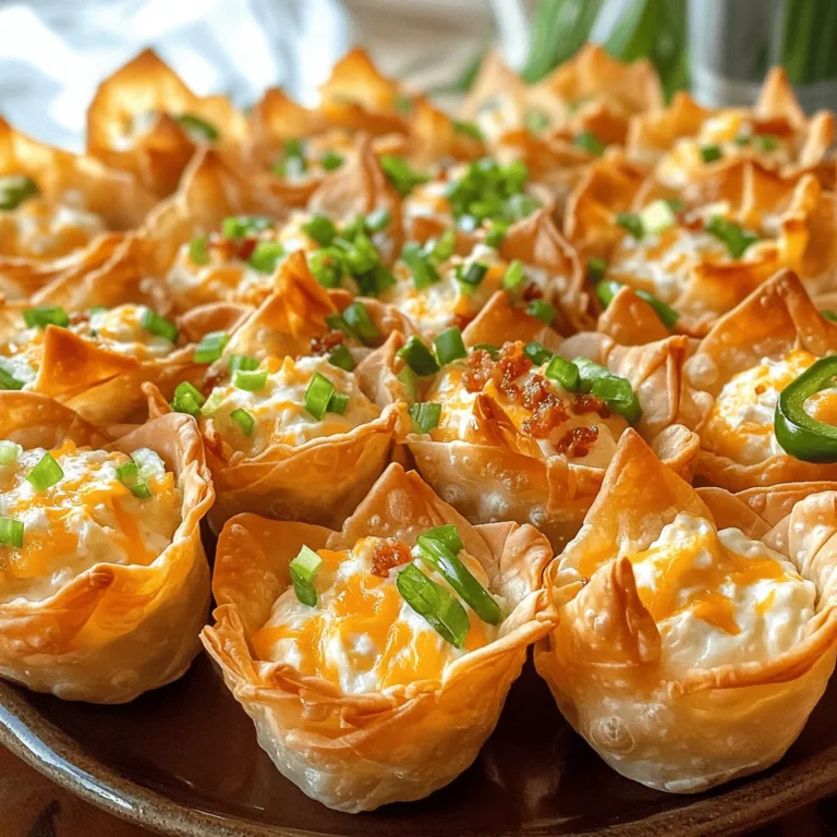 To make these tasty snacks, gather these key ingredients: - 1 package of wonton wrappers - 1 cup cream cheese, softened - 1/2 cup shredded sharp cheddar cheese - 1/4 cup diced jalapeños - 1/4 cup green onions, finely chopped - 1/2 teaspoon garlic powder - 1/2 teaspoon smoked paprika - Salt and pepper, to taste - Cooking spray or olive oil You can add fun twists to your wonton cups with these options: - Crumbled bacon for a savory touch - Extra cheese, like pepper jack for more spice - Chopped tomatoes for freshness - A sprinkle of cilantro for a bright flavor If you run out of something, here are some swaps: - Use ricotta or goat cheese instead of cream cheese. - Try mozzarella cheese in place of cheddar. - Use roasted red peppers if you want a different taste. - For a vegan option, choose plant-based cream cheese. For the full recipe, check out the details above. Enjoy making these fun and delicious jalapeno popper wonton cups! Start by preheating your oven to 375°F (190°C). This step is key for crispy wonton cups. While the oven heats, grab a muffin tin. Lightly spray it with cooking spray or brush it with olive oil. This will help the cups release easily after baking. Take each wonton wrapper and carefully press it into the greased muffin cups. Make sure it molds well to the shape. For extra strength, you can layer two wrappers in each cup. This will help them stay sturdy. Bake the wonton cups in the oven for about 8-10 minutes. Watch for them to turn golden brown. Once done, take them out and let them cool slightly. In a mixing bowl, combine the softened cream cheese, shredded cheddar, diced jalapeños, and chopped green onions. Add garlic powder, smoked paprika, salt, and pepper. Mix everything well until it’s smooth and creamy. This mixture is what makes the cups so tasty! Spoon the creamy filling generously into each baked wonton cup. Make sure to fill them to the top. Put the filled cups back in the oven for another 10-15 minutes. You want the cheese to melt and bubble. If you like, add crumbled bacon on top during the last few minutes for extra crunch. Once they’re done, cool them for a few minutes before serving. Enjoy this tasty party snack! For detailed steps, refer to the Full Recipe. Making Jalapeno Popper Wonton Cups is fun, but some common mistakes can happen. Here are a few to watch for: - Overfilling: Don't pack the filling too high. It can spill over during baking. - Underbaking the Cups: Bake until they are golden brown. This ensures they are crispy and not soggy. - Skipping the Grease: Always grease the muffin tin. This keeps the cups from sticking. To get those perfect crispy cups, follow these tips: - Layering Wrappers: Use two wonton wrappers per cup. This adds strength and helps them stay crisp. - Preheat the Oven: Always preheat your oven. A hot oven makes a big difference in baking. - Use Cooking Spray: Spray or brush oil on the wrappers. This helps them brown up nicely. Once your cups are baked, it's time to serve! Here are some fun ideas: - Garnish with Green Onions: Add chopped green onions on top for a fresh touch. - Serve with Dipping Sauce: Pair with ranch or sour cream for a cool contrast. - Display on a Platter: Arrange the cups on a big platter for a festive look. For the full recipe, check the detailed steps and enjoy making these tasty bites! {{image_4}} You can easily make these wonton cups vegetarian. Just skip the bacon. This change still keeps all the creamy goodness. Use the same filling recipe, and it will taste just as great. You might also add black beans or corn for extra texture and flavor. These additions make the cups hearty and filling. Cheese is key in these popper cups. While sharp cheddar is classic, feel free to mix it up. Try pepper jack for a spicy twist. Or go with mozzarella for a milder taste. Cream cheese blends well with many cheeses, so don’t hold back. You can even use a mix of cheeses. This makes each bite a new experience. Want to spice things up? Add more jalapeños or use spicy cheese. For a smoky flavor, try adding chipotle powder. You could also mix in some diced bell peppers for a crunch. If you love herbs, fresh cilantro or parsley can brighten up the filling. Experimenting with these ingredients can lead to fun new flavors. You can find more ideas in the Full Recipe to keep your snacks fresh and exciting. To keep your leftover wonton cups fresh, place them in a container. Use an airtight container to avoid sogginess. You can stack them, but separate layers with parchment paper. Store them in the fridge for up to three days. When you want to enjoy your leftover wonton cups, preheat your oven to 350°F (175°C). Place the cups on a baking sheet. Heat them for about 10 minutes, or until they are warm and crispy again. Avoid using the microwave, as it makes them soggy. You can freeze the unbaked wonton cups for later use. Just shape them and place them in a freezer-safe container. They can stay frozen for up to three months. To bake, thaw them in the fridge overnight. Then fill and bake according to the full recipe. Enjoy your tasty party snack anytime! Yes, you can prepare the filling ahead. Store it in the fridge for up to two days. Assemble the wonton cups just before baking. This keeps them crispy and fresh. If you bake them early, they may get soggy. Yes, you can find gluten-free wonton wrappers at many stores. Look for brands made with rice flour. This way, you can enjoy the same tasty flavors without gluten. Just remember to check the package for any allergens. These wonton cups are great alone, but some dips add more flavor. Sour cream or ranch dressing works well. You can also serve them with a spicy salsa or guacamole for a fun twist. Each dip complements the spicy and creamy filling nicely. To lower the spice, use fewer jalapeños. You can also substitute with mild peppers. If you want more heat, add diced serrano or habanero peppers. Another option is to add hot sauce to the cream cheese mixture. Adjust to suit your taste! In this article, I covered how to make Jalapeno Popper Wonton Cups. You learned about the key ingredients and some great variations. I shared step-by-step instructions to guide you through the cooking process. You also picked up tips for serving and storage. These wonton cups are fun to make and taste amazing. Experiment with flavors and enjoy the process! Whether for a party or a snack, you can't go wrong with this tasty treat. Happy cooking!