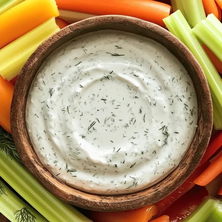 - 1 cup plain Greek yogurt - 1/4 cup creamy mayonnaise - 1 tablespoon freshly squeezed lemon juice - 1 teaspoon garlic powder - 1 teaspoon onion powder - 1 teaspoon dried dill weed - 1 teaspoon dried parsley - 1/2 teaspoon sea salt - 1/4 teaspoon freshly ground black pepper - 1/4 teaspoon smoked paprika - Assorted fresh vegetables (carrots, celery, bell peppers, cucumber) To make a delicious Creamy Greek Yogurt Ranch Dip, you need a few simple ingredients. Start with the main trio: Greek yogurt, creamy mayonnaise, and lemon juice. The yogurt gives the dip its rich and tangy base. The mayonnaise adds a smooth, creamy texture, while the lemon juice brightens the flavors. Next, you’ll want to gather your seasonings. Garlic powder and onion powder add a savory punch. Dried dill weed and parsley bring in that classic ranch flavor. Salt, black pepper, and smoked paprika round out the taste, adding depth and a hint of spice. Finally, think about what to dip. Fresh veggies like carrots, celery, bell peppers, and cucumber work perfectly. They add crunch and freshness, creating a balanced snack. For the full recipe, check out the details above. First, grab a medium-sized mixing bowl. In this bowl, add 1 cup of plain Greek yogurt and 1/4 cup of creamy mayonnaise. These two ingredients create a rich base for our dip. Use a whisk or spatula to blend them well until smooth. It should look creamy and inviting. Next, squeeze in 1 tablespoon of freshly squeezed lemon juice. This adds a nice tang to the dip. Now, sprinkle in the seasonings: 1 teaspoon each of garlic powder, onion powder, dried dill weed, and dried parsley. Add 1/2 teaspoon of sea salt, 1/4 teaspoon of freshly ground black pepper, and 1/4 teaspoon of smoked paprika. These flavors will come together beautifully. Now it's time to whisk everything together. Vigorously mix the ingredients until the dip is fully combined. It should be smooth and creamy, with a lovely thickness. Take a taste and adjust the seasonings as needed. If you want more flavor, feel free to add a pinch of salt or a few more herbs. Your taste buds will guide you. Once you're happy with the flavor, it's time to chill the dip. Cover the bowl with plastic wrap or transfer the dip to an airtight container. Place it in the refrigerator for at least 30 minutes. This step allows the flavors to meld and deepen. When you're ready to enjoy, take the dip out of the fridge. Serve it chilled with an assortment of fresh vegetables for dipping, like carrots, celery, bell peppers, and cucumber. This adds a vibrant touch and makes for a fun snack! For the complete recipe, check out the [Full Recipe]. To make your Creamy Greek Yogurt Ranch Dip even tastier, try using fresh herbs. Fresh chives, dill, or parsley can add great flavor. You can also adjust the lemon juice for more tanginess. A little extra juice can brighten the dip. If you want a thicker dip, add more Greek yogurt. It will make the dip creamier. You can also cut back on the mayonnaise for a lighter version. This keeps the flavor while reducing calories. This dip is perfect for parties and gatherings. It pairs well with crackers or pita chips. Serve it with an array of fresh veggies, like carrots or cucumbers. They make great dippers, adding crunch to your snack. For the full recipe, check the earlier sections. {{image_4}} You can easily change the herbs in this dip. Fresh herbs like chives or basil work great. They add a nice twist to the flavor. Dried herbs can also give you different tastes. Think about using oregano or thyme for a unique touch. If you love some heat, add a spicy twist. Incorporate hot sauce or cayenne pepper. This will give your dip a zesty kick. You can also add chopped jalapeños for extra spice. Just be careful with the amount; you want to enjoy the heat, not overpower it! For a vegan version, swap the yogurt and mayonnaise. Use a plant-based yogurt and vegan mayo. Make sure all seasonings are plant-based too. This way, you can enjoy the same creamy dip without any animal products. It's delicious and fits many diets! For the full recipe, check out the link above. To keep your creamy Greek yogurt ranch dip fresh, store it in an airtight container. This helps prevent any odors from other foods in your fridge. You can enjoy the dip for up to one week. Just make sure to seal it tightly. Freezing this dip is not recommended. The texture may change after thawing, making it watery. Only freeze if it is necessary. If you must, use a freezer-safe container. If you freeze the dip, place it in the refrigerator to thaw. This method gives you the best results. Once thawed, stir it well before serving again. This helps bring back the creamy texture. Yes, non-fat can be used for a lighter version. This choice keeps the dip creamy while cutting down on fat. The flavor remains rich and satisfying. The dip lasts up to one week in the refrigerator. Store it in an airtight container to keep it fresh. I find it gets even better after a day. Fresh veggies, crackers, pita chips, or pretzels are great options. Carrots, celery, and bell peppers work well. You can get creative with your dippers! Yes, all ingredients are gluten-free; verify brands to be sure. This makes it a perfect snack for anyone with gluten sensitivities. Yes, it’s recommended to make it a few hours ahead to enhance flavors. The longer it sits, the more the flavors blend. I often prepare it the night before. This blog post shared a tasty Greek yogurt dip recipe. We covered the key ingredients, easy steps, and tips to make it even better. You learned how to customize the dip, try vegan options, and store it correctly. Think of this dip for your next party or snack. It’s healthy, easy to make, and perfect with fresh veggies or chips. Enjoy your tasty dip and feel good about sharing it with friends!