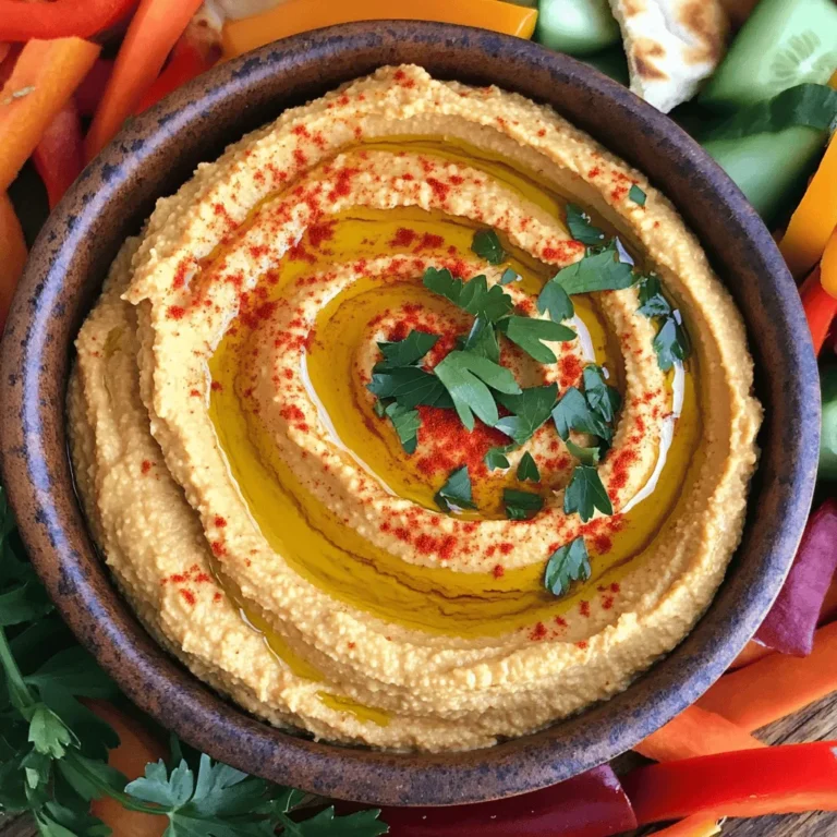 To make delicious roasted red pepper hummus, gather these key ingredients: - 1 cup canned chickpeas, drained and thoroughly rinsed - 1 large roasted red pepper (store-bought jarred or homemade) - 2 tablespoons tahini - 2 tablespoons extra virgin olive oil, plus more for drizzling - 2 tablespoons freshly squeezed lemon juice - 1 clove of garlic, finely minced - 1/2 teaspoon ground cumin - Salt, to taste These ingredients create a smooth and creamy dip. Each one plays a vital role. Chickpeas give it body. Roasted red pepper adds sweetness and depth. Tahini brings a nutty flavor, while olive oil adds richness. Lemon juice gives it brightness and balance. Garlic adds a punch, and cumin adds warmth. To make your hummus even better, you can add some garnishes: - Fresh parsley, finely chopped (for garnish, optional) - Paprika, for garnish (optional) These garnishes not only look nice but also enhance the taste. Fresh parsley adds a pop of color and freshness. Paprika gives a hint of smokiness and warmth. You can use these garnishes to personalize your hummus. For the full recipe, check the detailed instructions that guide you through preparation and blending for a perfect dip. Roasting Techniques (Oven & Grill) You can roast red peppers in two main ways. The oven is great for a consistent roast. Start by preheating your oven to 450°F (230°C). Place whole red peppers on a lined baking sheet. Roast them for 20-25 minutes. Turn them every few minutes until the skin is blistered and charred. If you prefer grilling, place the peppers directly on the grill. Turn them often until they are blackened all around. How to Steam and Peel After roasting, steaming helps peel the skin. Place the hot peppers in a heatproof bowl. Cover it tightly with plastic wrap for about 10 minutes. This traps steam, loosening the skin. Once cool enough to handle, peel off the blackened skin. Remove the seeds, and set the peppers aside. Food Processor Tips Using a food processor makes blending easy. Start with the chickpeas and roasted red pepper in the bowl. Add tahini, olive oil, lemon juice, minced garlic, and ground cumin. Blend on low speed first. Gradually increase to high until smooth. Achieving Creamy Consistency To get a creamy texture, you may need to add water. If the hummus is thick, add one tablespoon at a time while blending. Keep processing until it reaches your desired consistency. Importance of Seasoning Seasoning makes a big difference in taste. After blending, taste your hummus. Add salt slowly, mixing well after each addition. This helps to enhance the overall flavor. Customizing Thickness If you want a thinner hummus, keep adding water. Blend in small amounts until you reach the right thickness. Remember, you can always add more, but you can't take it out! - Experimenting with Spices: You can add spices to boost flavor. Try smoked paprika for a smoky taste. Or add a pinch of cayenne pepper for some heat. Each spice adds a unique twist to your hummus. - Using Fresh Ingredients: Fresh ingredients make a big difference. Fresh garlic brings a sharp bite. Choose ripe lemons for the best juice. They add zest and brightness to the dish. - Store-Bought Ingredient Options: If you're short on time, use store-bought roasted red peppers. They save you the hassle of roasting at home. Check the jar for quality; it should have no added sugars. - Quick Prep Hacks: Use canned chickpeas to save time. They are ready to go. Rinse them well to remove excess sodium. This step helps keep your hummus light and tasty. - Best Pairings for Hummus: Roasted red pepper hummus pairs well with fresh veggies. Carrot sticks, cucumber slices, and bell peppers create a colorful plate. You can also serve it with pita chips or crackers. - Creative Serving Ideas: For a fun twist, serve hummus in cute bowls. Drizzle olive oil on top for a glossy finish. Add a sprinkle of paprika and fresh parsley for color. It looks great and tastes even better. For the full recipe, check out the [Full Recipe]. {{image_4}} To make your hummus spicy, add fresh jalapeños or crushed red pepper flakes. Start with a small amount. Blend everything well and taste. Adjust the heat to your liking. For a balanced flavor, add a bit of honey or maple syrup. This sweetness can tone down the heat and enhance the taste. Fresh herbs give hummus a bright twist. Try adding basil, cilantro, or dill. Just chop them finely before blending. These herbs pair well with roasted red pepper. They add freshness and depth. You can also mix in some sun-dried tomatoes for a Mediterranean vibe. It brings a rich flavor that complements the hummus nicely. Want to make your hummus even healthier? Add superfoods like spinach or kale. They blend in well and boost nutrients. If you have dietary needs, this hummus is easy to adjust. It's naturally vegan and gluten-free. You can enjoy it without worry. Check the full recipe for more tips on adding these healthy ingredients. To keep your roasted red pepper hummus fresh, use an airtight container. Glass containers work best to avoid any odors. If you do not have glass, BPA-free plastic containers are also a good choice. This way, your hummus stays tasty and does not absorb other flavors in the fridge. Homemade hummus lasts up to one week in the fridge. Make sure to check for any signs of spoilage before eating. If it looks or smells off, it is best to toss it. You can freeze hummus for longer storage. First, place the hummus in a freezer-safe container. Leave some space at the top for expansion as it freezes. You can also use ice cube trays for smaller portions. To thaw, place the frozen hummus in the fridge overnight. This will help keep its texture smooth. If it seems a bit thick after thawing, simply add a splash of water and stir well. Enjoy your hummus in wraps, sandwiches, or with fresh veggies. - Start by gathering your ingredients. - Roast the red pepper and cool it. - Blend chickpeas, roasted pepper, tahini, olive oil, lemon juice, garlic, and cumin. - Add water for the right texture. - Season with salt and blend again. - Serve it with a drizzle of olive oil. Making roasted red pepper hummus is simple. You can easily prepare it at home. Follow the quick steps above, and you have a fresh dip ready in about 35 minutes. For the full recipe, check out the detailed instructions provided earlier. - Fresh veggie sticks (carrots, cucumbers, bell peppers) - Warm pita bread or pita chips - Crackers or breadsticks - Grilled meats or seafood - Salads as a dressing Roasted red pepper hummus is versatile. It pairs well with many foods. Fresh veggies make a crunchy, healthy option. You can also enjoy it with pita bread for a classic taste. - Local grocery stores often carry it. - Check health food stores for unique brands. - Look in the deli section for fresh options. - Popular brands include Tribe, Sabra, and Hope. If you prefer buying hummus, many stores have pre-made options. Check your local store's shelves or the deli section for fresh varieties. Each brand may offer a unique taste, so explore a few! - High in protein from chickpeas. - Contains healthy fats from olive oil and tahini. - Rich in vitamins from red peppers and garlic. - Low in saturated fat and cholesterol-free. Roasted red pepper hummus is a healthy snack. It offers many nutritional benefits. The chickpeas give protein, while olive oil adds healthy fats. This dip is not just tasty; it's good for you too! Roasted red pepper hummus is easy to make and packed with flavor. We discussed key ingredients like chickpeas, roasted red peppers, and tahini. You learned step-by-step how to prepare and blend, plus tips to enhance taste and texture. Explore variations by adding spices or herbs to fit your taste. Don't forget how to store your hummus for freshness. I hope this guide inspires you to create your own hummus and enjoy it!