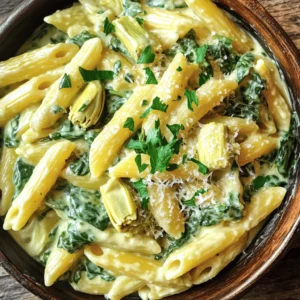 To make creamy spinach artichoke pasta, gather these ingredients: - 8 oz (225g) pasta of your choice (penne or fettuccine highly recommended) - 1 tablespoon extra virgin olive oil - 3 cloves garlic, finely minced - 1 cup fresh spinach, roughly chopped - 1 cup canned artichoke hearts, drained and coarsely chopped - 1 cup heavy cream - 1/2 cup cream cheese, softened to room temperature - 1/2 cup freshly grated Parmesan cheese, plus extra for serving - 1/2 teaspoon garlic powder - Salt and freshly cracked black pepper, to taste - Red pepper flakes, optional (for a spicy kick) - Fresh parsley, finely chopped, for garnish When choosing pasta, I suggest using penne or fettuccine. These shapes hold the creamy sauce well. Penne's tubular shape captures the sauce inside, while fettuccine offers a smooth and rich experience. You can also try spaghetti or rigatoni for a twist! If you need to swap out ingredients, here are some ideas: - Pasta: Use whole wheat or gluten-free pasta for a healthier option. - Cream Cheese: Greek yogurt or ricotta can replace cream cheese for a lighter dish. - Heavy Cream: Coconut cream or almond milk can offer a dairy-free alternative. - Spinach: Kale or arugula works well if you prefer different greens. Feel free to mix and match based on what you have at home! For the full recipe, check the section dedicated to it. First, you need to cook the pasta. Bring a large pot of salted water to a boil. Add 8 oz of your chosen pasta, like penne or fettuccine. Cook it until it is al dente, according to package directions. Once done, drain the pasta but save about 1/2 cup of the pasta water for later. Set the pasta aside. Next, let’s sauté our aromatics. Heat 1 tablespoon of extra virgin olive oil in a large skillet over medium heat. Once hot, add 3 cloves of finely minced garlic. Sauté for 1-2 minutes until the garlic smells good but is not browned. This step adds a lot of flavor! Now, it’s time to make the creamy sauce. Add 1 cup of roughly chopped spinach and 1 cup of drained and coarsely chopped artichoke hearts to the skillet. Cook for about 3-4 minutes until the spinach wilts. Lower the heat and pour in 1 cup of heavy cream and 1/2 cup of softened cream cheese. Stir until the cream cheese melts and the sauce becomes smooth. Take the cooked pasta and add it to your creamy sauce in the skillet. Toss everything gently until the pasta gets coated well. If the sauce looks too thick, mix in some of that reserved pasta water. This helps you get the perfect creamy texture. To finish, sprinkle in 1/2 cup of freshly grated Parmesan cheese and 1/2 teaspoon of garlic powder. Season with salt and freshly cracked black pepper. If you like spice, add red pepper flakes. Stir everything together until it's hot. Serve the creamy spinach artichoke pasta on plates, garnishing with finely chopped parsley and more Parmesan cheese if you want. Enjoy your delightful dinner dish! To make a creamy sauce, focus on a few key steps. Start with low heat. This helps the cream and cheese blend well. If your sauce is too thick, add pasta water slowly. This water adds flavor and helps thin out the sauce. Stir constantly while you add the water. This keeps the sauce smooth and creamy. This creamy spinach artichoke pasta pairs well with many sides. A simple green salad adds freshness. Garlic bread is a great choice too. If you want some protein, grilled chicken or shrimp works well. You can also serve it with roasted vegetables for a healthy touch. Store leftover pasta in an airtight container. It will stay fresh in the fridge for about three days. When you reheat, add a splash of cream or pasta water. This avoids drying the dish out. Heat it gently on the stove or in the microwave. Stir often to keep the sauce creamy. For best results, enjoy your pasta fresh. For the full recipe, refer to the earlier section. {{image_4}} If you want a meat-free meal, this pasta is perfect. You can add more veggies like mushrooms, bell peppers, or zucchini. These veggies give a nice texture and flavor. You could also swap the heavy cream with nut milk for a lighter option. This keeps it creamy while being plant-based. For a filling meal, add protein. Grilled chicken or shrimp are great choices. You can also use chickpeas or white beans for a plant-based protein. This helps you feel satisfied while enjoying the creamy taste. Just cook them separately and mix them in when you combine the pasta and sauce. If you need a gluten-free dish, choose gluten-free pasta. Many brands make pasta from rice or corn that tastes great. You can follow the same cooking instructions. The creamy sauce is already gluten-free, so you won't miss a thing. Enjoy your meal without worry! For the full recipe, check the detailed steps above. Yes, you can make creamy spinach artichoke pasta ahead of time. Just cook and cool the pasta and sauce separately. Store them in airtight containers in the fridge. When ready to eat, reheat the sauce and mix it with the pasta. This keeps the flavors fresh and delicious. If you want a different taste, you can use ricotta cheese or Greek yogurt. Both options add creaminess without the same flavor as cream cheese. You can also try mascarpone for a richer texture. Just remember, each option gives a unique taste to your dish. To add heat, sprinkle in red pepper flakes when cooking the sauce. You can also use diced jalapeños or a dash of hot sauce for extra spice. Adjust the amount based on your spice level. Taste as you go to find the perfect balance for you. Creamy spinach artichoke pasta is a rich and tasty dish. It combines fresh spinach and artichokes with a creamy sauce. You will love how easy it is to make. This dish is perfect for dinner or a special gathering. It feels fancy but is simple enough for any home cook. To make this dish shine, focus on a few key skills: - Sautéing: Start by heating olive oil and cooking garlic until it smells great. This step builds flavor. - Simmering: Lower the heat to let the sauce gently cook. This creates a smooth blend of cream and cheese. - Tossing: Mix the pasta and sauce carefully. You want every noodle coated nicely. If it gets thick, add some pasta water to loosen it up. Mastering these techniques will help you create a dish that looks and tastes amazing. This creamy dish packs a lot of flavor and nutrients. Here’s a quick look at what you get per serving: - Calories: About 600 - Protein: 20g - Fat: 35g - Carbohydrates: 50g - Fiber: 4g The fresh spinach adds vitamins, while the artichokes offer fiber. This meal is a great way to enjoy comfort food while getting some nutrients. In this article, we explored the key ingredients and steps for making creamy spinach artichoke pasta. We covered ingredient options, cooking methods, and common questions. Remember to try different pasta types and experiment with vegetarian or gluten-free choices. These small changes can make a big difference. Cooking is fun and allows for creativity. Enjoy each bite and share your tasty dish with friends!