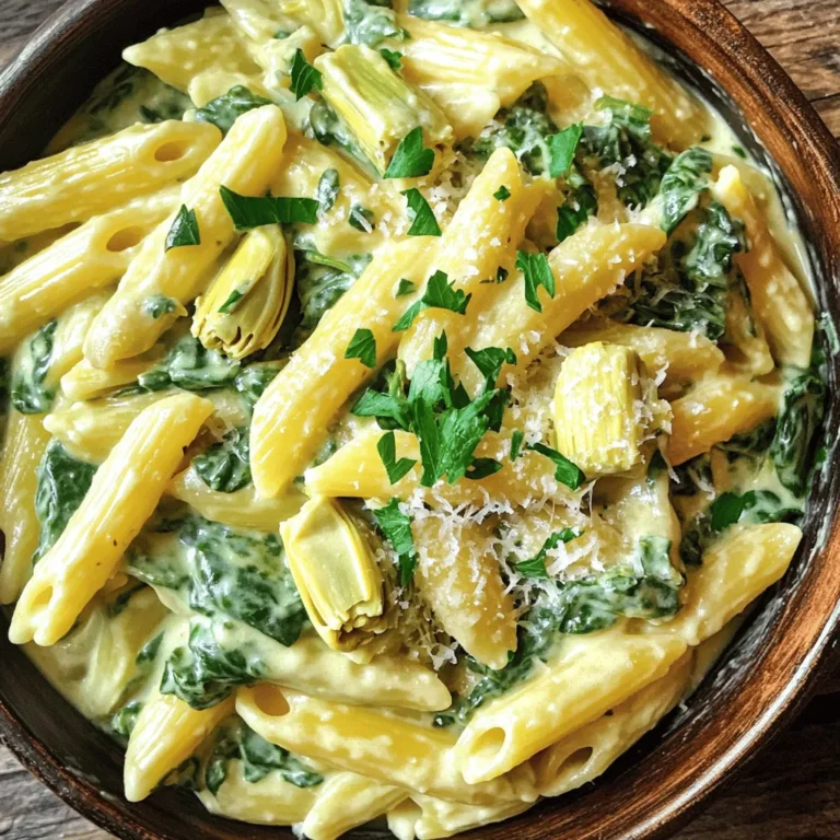 To make creamy spinach artichoke pasta, gather these ingredients: - 8 oz (225g) pasta of your choice (penne or fettuccine highly recommended) - 1 tablespoon extra virgin olive oil - 3 cloves garlic, finely minced - 1 cup fresh spinach, roughly chopped - 1 cup canned artichoke hearts, drained and coarsely chopped - 1 cup heavy cream - 1/2 cup cream cheese, softened to room temperature - 1/2 cup freshly grated Parmesan cheese, plus extra for serving - 1/2 teaspoon garlic powder - Salt and freshly cracked black pepper, to taste - Red pepper flakes, optional (for a spicy kick) - Fresh parsley, finely chopped, for garnish When choosing pasta, I suggest using penne or fettuccine. These shapes hold the creamy sauce well. Penne's tubular shape captures the sauce inside, while fettuccine offers a smooth and rich experience. You can also try spaghetti or rigatoni for a twist! If you need to swap out ingredients, here are some ideas: - Pasta: Use whole wheat or gluten-free pasta for a healthier option. - Cream Cheese: Greek yogurt or ricotta can replace cream cheese for a lighter dish. - Heavy Cream: Coconut cream or almond milk can offer a dairy-free alternative. - Spinach: Kale or arugula works well if you prefer different greens. Feel free to mix and match based on what you have at home! For the full recipe, check the section dedicated to it. First, you need to cook the pasta. Bring a large pot of salted water to a boil. Add 8 oz of your chosen pasta, like penne or fettuccine. Cook it until it is al dente, according to package directions. Once done, drain the pasta but save about 1/2 cup of the pasta water for later. Set the pasta aside. Next, let’s sauté our aromatics. Heat 1 tablespoon of extra virgin olive oil in a large skillet over medium heat. Once hot, add 3 cloves of finely minced garlic. Sauté for 1-2 minutes until the garlic smells good but is not browned. This step adds a lot of flavor! Now, it’s time to make the creamy sauce. Add 1 cup of roughly chopped spinach and 1 cup of drained and coarsely chopped artichoke hearts to the skillet. Cook for about 3-4 minutes until the spinach wilts. Lower the heat and pour in 1 cup of heavy cream and 1/2 cup of softened cream cheese. Stir until the cream cheese melts and the sauce becomes smooth. Take the cooked pasta and add it to your creamy sauce in the skillet. Toss everything gently until the pasta gets coated well. If the sauce looks too thick, mix in some of that reserved pasta water. This helps you get the perfect creamy texture. To finish, sprinkle in 1/2 cup of freshly grated Parmesan cheese and 1/2 teaspoon of garlic powder. Season with salt and freshly cracked black pepper. If you like spice, add red pepper flakes. Stir everything together until it's hot. Serve the creamy spinach artichoke pasta on plates, garnishing with finely chopped parsley and more Parmesan cheese if you want. Enjoy your delightful dinner dish! To make a creamy sauce, focus on a few key steps. Start with low heat. This helps the cream and cheese blend well. If your sauce is too thick, add pasta water slowly. This water adds flavor and helps thin out the sauce. Stir constantly while you add the water. This keeps the sauce smooth and creamy. This creamy spinach artichoke pasta pairs well with many sides. A simple green salad adds freshness. Garlic bread is a great choice too. If you want some protein, grilled chicken or shrimp works well. You can also serve it with roasted vegetables for a healthy touch. Store leftover pasta in an airtight container. It will stay fresh in the fridge for about three days. When you reheat, add a splash of cream or pasta water. This avoids drying the dish out. Heat it gently on the stove or in the microwave. Stir often to keep the sauce creamy. For best results, enjoy your pasta fresh. For the full recipe, refer to the earlier section. {{image_4}} If you want a meat-free meal, this pasta is perfect. You can add more veggies like mushrooms, bell peppers, or zucchini. These veggies give a nice texture and flavor. You could also swap the heavy cream with nut milk for a lighter option. This keeps it creamy while being plant-based. For a filling meal, add protein. Grilled chicken or shrimp are great choices. You can also use chickpeas or white beans for a plant-based protein. This helps you feel satisfied while enjoying the creamy taste. Just cook them separately and mix them in when you combine the pasta and sauce. If you need a gluten-free dish, choose gluten-free pasta. Many brands make pasta from rice or corn that tastes great. You can follow the same cooking instructions. The creamy sauce is already gluten-free, so you won't miss a thing. Enjoy your meal without worry! For the full recipe, check the detailed steps above. Yes, you can make creamy spinach artichoke pasta ahead of time. Just cook and cool the pasta and sauce separately. Store them in airtight containers in the fridge. When ready to eat, reheat the sauce and mix it with the pasta. This keeps the flavors fresh and delicious. If you want a different taste, you can use ricotta cheese or Greek yogurt. Both options add creaminess without the same flavor as cream cheese. You can also try mascarpone for a richer texture. Just remember, each option gives a unique taste to your dish. To add heat, sprinkle in red pepper flakes when cooking the sauce. You can also use diced jalapeños or a dash of hot sauce for extra spice. Adjust the amount based on your spice level. Taste as you go to find the perfect balance for you. Creamy spinach artichoke pasta is a rich and tasty dish. It combines fresh spinach and artichokes with a creamy sauce. You will love how easy it is to make. This dish is perfect for dinner or a special gathering. It feels fancy but is simple enough for any home cook. To make this dish shine, focus on a few key skills: - Sautéing: Start by heating olive oil and cooking garlic until it smells great. This step builds flavor. - Simmering: Lower the heat to let the sauce gently cook. This creates a smooth blend of cream and cheese. - Tossing: Mix the pasta and sauce carefully. You want every noodle coated nicely. If it gets thick, add some pasta water to loosen it up. Mastering these techniques will help you create a dish that looks and tastes amazing. This creamy dish packs a lot of flavor and nutrients. Here’s a quick look at what you get per serving: - Calories: About 600 - Protein: 20g - Fat: 35g - Carbohydrates: 50g - Fiber: 4g The fresh spinach adds vitamins, while the artichokes offer fiber. This meal is a great way to enjoy comfort food while getting some nutrients. In this article, we explored the key ingredients and steps for making creamy spinach artichoke pasta. We covered ingredient options, cooking methods, and common questions. Remember to try different pasta types and experiment with vegetarian or gluten-free choices. These small changes can make a big difference. Cooking is fun and allows for creativity. Enjoy each bite and share your tasty dish with friends!
