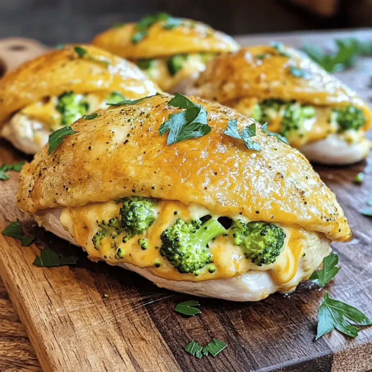 To make Broccoli Cheddar Stuffed Chicken, gather these simple ingredients: - 4 boneless, skinless chicken breasts - 1 cup steamed and finely chopped broccoli florets - 1 cup shredded sharp cheddar cheese - 1/2 cup softened cream cheese - 1/4 teaspoon garlic powder - 1/4 teaspoon onion powder - Salt and freshly cracked black pepper to taste - 1/2 cup plain breadcrumbs - 2 tablespoons extra virgin olive oil - Fresh parsley for garnish (optional) Each ingredient plays a key role in creating a flavorful dish. The chicken provides a juicy base. Broccoli adds nutrition and texture. Cheddar cheese brings a rich taste. Cream cheese makes the filling creamy and smooth. Spices like garlic and onion powder enhance the overall flavor. The breadcrumbs give the chicken a nice crunch when baked. Olive oil helps the breadcrumbs brown beautifully. Parsley is great for a pop of color and freshness. If you want specific measurements or cooking tips, check the Full Recipe! - Preheat the oven to 375°F (190°C). This step is key for even cooking. - Prepare the filling by mixing broccoli, cheeses, and seasonings in a bowl. The mix should be creamy and tasty. - Create pockets in each chicken breast. Use a sharp knife and cut carefully. - Fill the chicken pockets with the broccoli and cheese mixture. Press gently to keep the filling inside. - Coat the stuffed chicken with breadcrumbs. This adds a crispy texture. - Bake the chicken until it is fully cooked and browned. It should reach an internal temperature of 165°F (75°C). This method keeps the chicken juicy and the cheese melty. For the full recipe, check the section above. - Ensuring pockets are properly cut: Make sure to cut a pocket in the thickest part of the chicken breast. Be careful not to slice all the way through. You want to create a nice pouch that can hold the filling securely. A well-cut pocket helps keep the filling from spilling out during cooking. - Packing the filling securely: Once you have your filling ready, spoon it into the pocket. Press it in gently but firmly. This helps to ensure that the filling stays inside while baking. If it feels loose, you might want to add more filling. - Checking internal temperature accurately: Use a meat thermometer to check the chicken’s temperature. The chicken should reach 165°F (75°C) to be safe to eat. This step is key to avoid undercooked chicken. - Baking time adjustments for thicker chicken breasts: If your chicken breasts are thicker than usual, extend the baking time. Start with 30 minutes and check the temperature. Adjust as needed. Thicker pieces may need a few extra minutes in the oven. - Additional spices and herbs to consider: To add more flavor, consider using spices like paprika or herbs like thyme. A little lemon zest can also brighten the flavor. Experiment with what you like to make it your own. - Marinating options before baking: Marinating the chicken for a few hours can enhance its flavor. A simple mix of olive oil, lemon juice, and your choice of herbs works well. Just remember to pat the chicken dry before stuffing it, so the filling stays put. Following these tips will make your Broccoli Cheddar Stuffed Chicken even better. You can find the Full Recipe at the beginning of the article for complete guidance. Enjoy cooking! {{image_4}} You can change the filling to keep meals fresh and fun. One tasty option is spinach and feta cheese. Just swap the broccoli with 1 cup of finely chopped spinach and add 1 cup of crumbled feta cheese. This mix gives a rich taste and a nice green color. Another great choice is sun-dried tomatoes and mozzarella. Use 1 cup of chopped sun-dried tomatoes and 1 cup of shredded mozzarella cheese. This combo adds a burst of flavor and a Mediterranean twist to your dish. You can cook your stuffed chicken in different ways. Grilling gives a smoky flavor. Just heat your grill to medium-high. Cook the stuffed chicken for about 6-8 minutes on each side. Make sure it reaches 165°F (75°C) inside. Baking is simple and easy. Just follow the instructions in the full recipe. It takes about 25-30 minutes at 375°F (190°C). The air fryer is perfect for a quick option. Set it to 375°F (190°C) and cook for about 15-20 minutes. Check the chicken to ensure it’s cooked through. The air fryer gives a crispy outside while keeping the inside juicy. After enjoying your Broccoli Cheddar Stuffed Chicken, store any leftovers promptly. Place the chicken in an airtight container. It stays fresh in the fridge for about 3 to 4 days. To keep the flavors intact, make sure the container is sealed tightly. If you want to store it for longer, freeze the stuffed chicken. Wrap each piece in plastic wrap, then place it in a freezer bag. This method helps prevent freezer burn. You can freeze it for up to 3 months. When you're ready to enjoy your leftovers, you can reheat them easily. For the oven method, preheat it to 350°F (175°C). Place the chicken in a baking dish and cover it with foil. This keeps the chicken moist while it warms up. Heat it for about 20 to 25 minutes or until it’s hot throughout. If you prefer the microwave, place the chicken on a microwave-safe plate. Cover it with a damp paper towel to help retain moisture. Heat it in 30-second intervals, checking often. This method is quick, but it might not keep the chicken as juicy as the oven. Always check that the internal temperature reaches 165°F (75°C) before serving. Enjoy your delicious meal again! Can I use chicken thighs instead of breasts? Yes, chicken thighs work well in this recipe. They are juicier and flavorful. Just make sure to adjust the cooking time, as thighs may need a bit longer to reach 165°F. How can I make this recipe ahead of time? You can prepare the stuffed chicken and store it in the fridge. Cover it tightly with plastic wrap or foil. Bake it the next day when you're ready to eat. What are the best side dishes to serve with Broccoli Cheddar Stuffed Chicken? I love serving this chicken with roasted vegetables or a fresh salad. Garlic bread also pairs nicely, adding a nice crunch and flavor. Breakdown of calories and macronutrients per serving Each serving has about 400 calories. It contains 30g of protein, 25g of fat, and 10g of carbs. This dish is rich in protein, making it great for muscle health. Dietary considerations for those with allergies or dietary restrictions This recipe contains dairy and chicken. For a dairy-free option, use dairy-free cheese and cream cheese. If you're vegetarian, try using tofu or mushrooms instead of chicken. You learned how to make delicious Broccoli Cheddar Stuffed Chicken. You can use simple ingredients and follow step-by-step instructions to create an easy meal. Remember to add your favorite spices or try new fillings like spinach or feta. Store any leftovers properly for later. This dish is sure to impress anyone. With a few tips, your chicken will turn out juicy and flavorful every time. Enjoy your cooking and have fun experimenting with different flavors!