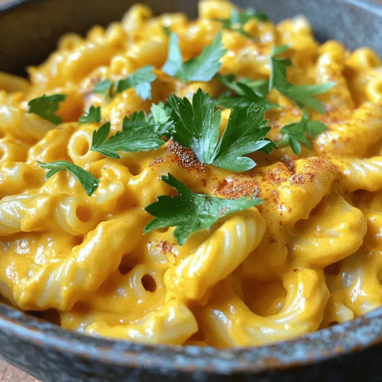 - 8 ounces elbow macaroni - 1 cup pumpkin puree - 1/2 cup nutritional yeast - 1 cup unsweetened almond milk - 2 tablespoons olive oil - 1 tablespoon lemon juice - 1 teaspoon garlic powder - 1 teaspoon onion powder - 1/2 teaspoon smoked paprika - Salt and pepper to taste - Fresh parsley or chives for garnish Pumpkin puree is the star of this dish. It brings warmth and creaminess. It is rich in vitamins and minerals. Nutritional yeast adds a cheesy flavor without dairy. It is also a great source of protein and B vitamins. Unsweetened almond milk gives a light, creamy base. It is low in calories and dairy-free. Using these ingredients not only makes the dish tasty but also healthy. This vegan pumpkin mac and cheese is a great meal for everyone. You can find the full recipe above to guide you through the cooking process. First, grab a large pot and fill it with water. Add a good amount of salt to the water. This helps flavor the pasta. Bring the water to a boil over high heat. Once boiling, toss in 8 ounces of elbow macaroni. Cook it according to the package instructions until it is al dente. This usually takes about 7 to 10 minutes. When the pasta is ready, drain it in a colander. Rinse it briefly under cold water to stop the cooking process. Set the pasta aside for later. In a medium saucepan, pour in 2 tablespoons of olive oil. Heat it over medium heat. Once the oil is warm, add 1 cup of pumpkin puree. Stir it well. Next, add 1/2 cup of nutritional yeast, 1 cup of unsweetened almond milk, and 1 tablespoon of lemon juice. Add 1 teaspoon of garlic powder, 1 teaspoon of onion powder, and 1/2 teaspoon of smoked paprika. These ingredients will make a creamy and flavorful sauce. Use a whisk to mix everything together until it is smooth. Let the sauce simmer gently for about 3 to 5 minutes. Stir occasionally to keep it from sticking. Now it's time to bring it all together! Add the drained pasta to the saucepan with the cheese sauce. Gently stir the pasta into the sauce. You want to make sure every noodle is coated in that creamy goodness. Let the mix cook on low heat for 2 to 3 minutes. This helps the pasta absorb some of the flavor from the sauce. When it is heated through, it is ready to serve. For the full recipe, check the complete guide above. To make your sauce just right, you can adjust the thickness easily. If it feels too thick, simply add a splash of almond milk. Stir it in slowly until you reach your desired creaminess. The key is to keep a close eye on the texture as you mix. Flavor is just as important as texture. You can customize your sauce by adding spices. Try extra garlic powder or a pinch of cayenne for heat. Each spice will give your sauce a unique twist. Experiment until you find your favorite blend. When you serve your vegan pumpkin mac and cheese, think about how it looks. Use colorful bowls to make the dish pop. A sprinkle of nutritional yeast on top adds a nice touch. You can also add a dash of smoked paprika for extra color. For garnish, fresh parsley or chives work well. They not only add color but also enhance the flavor. Just chop them finely and sprinkle them over your dish. This simple step makes your meal look fancy and inviting. If you want to save time, you can make this dish ahead of time. Store the mac and cheese in the fridge for up to three days. Just keep it in an airtight container to keep it fresh. When reheating, use a low heat to keep the sauce creamy. Add a little almond milk when warming it up. This helps the sauce stay smooth and tasty. Enjoy your creamy delight any day of the week with these simple tips. {{image_4}} You can make this dish even better by adding vegetables. Spinach is a great choice. It adds color and nutrients. Just stir in a handful of fresh spinach when mixing the pasta and sauce. It will wilt nicely and blend in. Broccoli is another option. Steam it until tender, then chop it into small pieces. Fold it into the mac and cheese before serving for a crunchy texture. Want something colorful? Add bell peppers. Dice them small and sauté with the pumpkin sauce. This brings a sweet taste and extra crunch. To make this dish heartier, consider adding vegan protein sources. Chickpeas are an easy choice. Just rinse and drain a can, then mix them in with the pasta. This adds both protein and fiber. Lentils work well too. You can use cooked lentils for this recipe. They blend nicely and add some earthiness. Just fold them into the dish right before serving. Let your taste buds explore! You can enhance flavors by trying different spices. Add a pinch of cumin for a warm, earthy tone. A dash of cayenne pepper can give a little heat, if you like spice. Flavored plant-based milks can also change the game. Use coconut milk for a creamier texture and a hint of sweetness. Or try oat milk for a smooth finish. For all the details on making this dish, check the Full Recipe. To keep your Easy Vegan Pumpkin Mac and Cheese fresh, store it in an airtight container. This helps to keep moisture in and odors out. You can enjoy your leftovers for up to three days. When you want to eat it, just reheat it on the stove or microwave. To freeze your mac and cheese, first let it cool down completely. Then, scoop portions into freezer-safe bags or containers. Make sure to remove as much air as possible to prevent freezer burn. You can freeze it for about two months. When ready to eat, thaw it overnight in the fridge. To reheat, warm it gently on the stove. Add a splash of almond milk to revive the creaminess. There are many fun ways to use leftover mac and cheese. Try adding it to a baked potato for a hearty meal. You can also mix in some veggies or beans for extra nutrition. Another idea is to use it as a filling for vegan tacos or burritos. For a twist, make a mac and cheese casserole by layering it with veggies and baking until golden. These options keep your meals exciting and reduce waste! For the full recipe, check out the Easy Vegan Pumpkin Mac and Cheese. Yes, you can. To make this dish gluten-free, use gluten-free pasta. Look for brands that offer elbow macaroni made from rice, quinoa, or lentils. These options cook well and taste great. You may also try chickpea pasta for added protein. Cooking this vegan mac and cheese is quick and simple. - Prep time: 10 minutes - Cook time: 10 minutes - Total time: 20 minutes This includes boiling the pasta and making the creamy sauce. Absolutely! You can customize this dish to fit your taste. - Add veggies: Spinach, broccoli, or bell peppers work well. - Mix in spices: Try adding cayenne for heat or Italian herbs for flavor. - Protein options: Consider adding black beans or chickpeas for a protein boost. Feel free to experiment and make it your own! For the full recipe, check out the full recipe link. This blog post shared a tasty vegan mac and cheese recipe. We covered ingredients, cooking steps, and tips for perfecting the dish. You learned how to boost nutrition and add flavor with veggies and spices. I hope you're excited to try making this creamy, plant-based delight. Enjoy creating your own version and make it your own! Remember, cooking is all about experimenting and having fun in the kitchen.