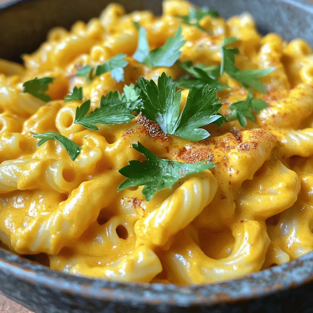 - 8 ounces elbow macaroni - 1 cup pumpkin puree - 1/2 cup nutritional yeast - 1 cup unsweetened almond milk - 2 tablespoons olive oil - 1 tablespoon lemon juice - 1 teaspoon garlic powder - 1 teaspoon onion powder - 1/2 teaspoon smoked paprika - Salt and pepper to taste - Fresh parsley or chives for garnish Pumpkin puree is the star of this dish. It brings warmth and creaminess. It is rich in vitamins and minerals. Nutritional yeast adds a cheesy flavor without dairy. It is also a great source of protein and B vitamins. Unsweetened almond milk gives a light, creamy base. It is low in calories and dairy-free. Using these ingredients not only makes the dish tasty but also healthy. This vegan pumpkin mac and cheese is a great meal for everyone. You can find the full recipe above to guide you through the cooking process. First, grab a large pot and fill it with water. Add a good amount of salt to the water. This helps flavor the pasta. Bring the water to a boil over high heat. Once boiling, toss in 8 ounces of elbow macaroni. Cook it according to the package instructions until it is al dente. This usually takes about 7 to 10 minutes. When the pasta is ready, drain it in a colander. Rinse it briefly under cold water to stop the cooking process. Set the pasta aside for later. In a medium saucepan, pour in 2 tablespoons of olive oil. Heat it over medium heat. Once the oil is warm, add 1 cup of pumpkin puree. Stir it well. Next, add 1/2 cup of nutritional yeast, 1 cup of unsweetened almond milk, and 1 tablespoon of lemon juice. Add 1 teaspoon of garlic powder, 1 teaspoon of onion powder, and 1/2 teaspoon of smoked paprika. These ingredients will make a creamy and flavorful sauce. Use a whisk to mix everything together until it is smooth. Let the sauce simmer gently for about 3 to 5 minutes. Stir occasionally to keep it from sticking. Now it's time to bring it all together! Add the drained pasta to the saucepan with the cheese sauce. Gently stir the pasta into the sauce. You want to make sure every noodle is coated in that creamy goodness. Let the mix cook on low heat for 2 to 3 minutes. This helps the pasta absorb some of the flavor from the sauce. When it is heated through, it is ready to serve. For the full recipe, check the complete guide above. To make your sauce just right, you can adjust the thickness easily. If it feels too thick, simply add a splash of almond milk. Stir it in slowly until you reach your desired creaminess. The key is to keep a close eye on the texture as you mix. Flavor is just as important as texture. You can customize your sauce by adding spices. Try extra garlic powder or a pinch of cayenne for heat. Each spice will give your sauce a unique twist. Experiment until you find your favorite blend. When you serve your vegan pumpkin mac and cheese, think about how it looks. Use colorful bowls to make the dish pop. A sprinkle of nutritional yeast on top adds a nice touch. You can also add a dash of smoked paprika for extra color. For garnish, fresh parsley or chives work well. They not only add color but also enhance the flavor. Just chop them finely and sprinkle them over your dish. This simple step makes your meal look fancy and inviting. If you want to save time, you can make this dish ahead of time. Store the mac and cheese in the fridge for up to three days. Just keep it in an airtight container to keep it fresh. When reheating, use a low heat to keep the sauce creamy. Add a little almond milk when warming it up. This helps the sauce stay smooth and tasty. Enjoy your creamy delight any day of the week with these simple tips. {{image_4}} You can make this dish even better by adding vegetables. Spinach is a great choice. It adds color and nutrients. Just stir in a handful of fresh spinach when mixing the pasta and sauce. It will wilt nicely and blend in. Broccoli is another option. Steam it until tender, then chop it into small pieces. Fold it into the mac and cheese before serving for a crunchy texture. Want something colorful? Add bell peppers. Dice them small and sauté with the pumpkin sauce. This brings a sweet taste and extra crunch. To make this dish heartier, consider adding vegan protein sources. Chickpeas are an easy choice. Just rinse and drain a can, then mix them in with the pasta. This adds both protein and fiber. Lentils work well too. You can use cooked lentils for this recipe. They blend nicely and add some earthiness. Just fold them into the dish right before serving. Let your taste buds explore! You can enhance flavors by trying different spices. Add a pinch of cumin for a warm, earthy tone. A dash of cayenne pepper can give a little heat, if you like spice. Flavored plant-based milks can also change the game. Use coconut milk for a creamier texture and a hint of sweetness. Or try oat milk for a smooth finish. For all the details on making this dish, check the Full Recipe. To keep your Easy Vegan Pumpkin Mac and Cheese fresh, store it in an airtight container. This helps to keep moisture in and odors out. You can enjoy your leftovers for up to three days. When you want to eat it, just reheat it on the stove or microwave. To freeze your mac and cheese, first let it cool down completely. Then, scoop portions into freezer-safe bags or containers. Make sure to remove as much air as possible to prevent freezer burn. You can freeze it for about two months. When ready to eat, thaw it overnight in the fridge. To reheat, warm it gently on the stove. Add a splash of almond milk to revive the creaminess. There are many fun ways to use leftover mac and cheese. Try adding it to a baked potato for a hearty meal. You can also mix in some veggies or beans for extra nutrition. Another idea is to use it as a filling for vegan tacos or burritos. For a twist, make a mac and cheese casserole by layering it with veggies and baking until golden. These options keep your meals exciting and reduce waste! For the full recipe, check out the Easy Vegan Pumpkin Mac and Cheese. Yes, you can. To make this dish gluten-free, use gluten-free pasta. Look for brands that offer elbow macaroni made from rice, quinoa, or lentils. These options cook well and taste great. You may also try chickpea pasta for added protein. Cooking this vegan mac and cheese is quick and simple. - Prep time: 10 minutes - Cook time: 10 minutes - Total time: 20 minutes This includes boiling the pasta and making the creamy sauce. Absolutely! You can customize this dish to fit your taste. - Add veggies: Spinach, broccoli, or bell peppers work well. - Mix in spices: Try adding cayenne for heat or Italian herbs for flavor. - Protein options: Consider adding black beans or chickpeas for a protein boost. Feel free to experiment and make it your own! For the full recipe, check out the full recipe link. This blog post shared a tasty vegan mac and cheese recipe. We covered ingredients, cooking steps, and tips for perfecting the dish. You learned how to boost nutrition and add flavor with veggies and spices. I hope you're excited to try making this creamy, plant-based delight. Enjoy creating your own version and make it your own! Remember, cooking is all about experimenting and having fun in the kitchen.