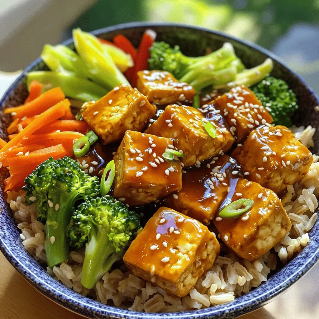 - Firm tofu (1 block, pressed and cut into 1-inch cubes) - Brown rice (1 cup) - Sesame oil (2 tablespoons) - Fresh broccoli florets (1 cup) - Red bell pepper (1, thinly sliced) - Medium carrot (1, julienned) - Green onions (3, finely sliced) - Garlic (2 cloves, minced) - Fresh ginger (1-inch piece, grated) - Soy sauce (1/4 cup, low sodium if desired) - Honey or maple syrup (2 tablespoons) - Rice vinegar (1 tablespoon) - Cornstarch (1 tablespoon mixed with 2 tablespoons cold water) - Sesame seeds Each ingredient plays a special role in making your Teriyaki Tofu Bowls flavorful and wholesome. The firm tofu gives a nice texture and absorbs the rich teriyaki sauce. Brown rice serves as a hearty base, adding fiber and nutrients. The sesame oil adds a nutty richness that elevates the dish. The fresh vegetables, like broccoli, bell pepper, and carrot, not only add vibrant color but also pack in vitamins. They keep their crunch and bring a fresh taste that balances the savory sauce. For the sauce, garlic and ginger add depth and warmth, while soy sauce brings umami. Honey or maple syrup sweetens it, and rice vinegar adds a tangy kick. The cornstarch thickens the sauce to coat your tofu and veggies beautifully. Don't forget the sesame seeds for garnish! They provide a delightful crunch and a lovely finish to your dish. For the complete recipe, check out the Full Recipe section. - Cook brown rice according to package instructions. - Fluff and set aside to keep warm. - Combine soy sauce, honey (or maple syrup), vinegar, garlic, and ginger. - Whisk until well mixed and set aside. - Heat sesame oil in a skillet over medium heat. - Cook cubed tofu until golden brown, about 8-10 minutes. - Add broccoli, bell pepper, and carrot; stir-fry for about 5 minutes. - Pour teriyaki sauce over the tofu and vegetables. - Simmer gently to combine flavors. - Gradually add cornstarch mixture to thicken the sauce. - Assemble rice in serving bowls. - Top with the teriyaki tofu and vegetable mixture. - Garnish with green onions and sesame seeds. This dish is fun to make and enjoyable to eat. The sweet and salty sauce pairs well with the tofu and veggies. You can find the Full Recipe for more details to help you out. - Press tofu properly for better texture. This helps remove excess water. - Use a non-stick skillet to prevent sticking. It makes cooking easier. - Adjust sweetness by varying honey or maple syrup. Sweetness can change the taste. - Add chili flakes for a spicy kick. This adds nice heat to the dish. - Use colorful bowls for serving. Bright colors make the meal more appealing. - Drizzle extra sesame oil and add a lime wedge. This enhances the flavor and look. When you follow these tips, you’ll create a dish that looks and tastes amazing! The Full Recipe will guide you through the process step by step. Enjoy your cooking journey! {{image_4}} You can easily make this dish fully vegan. Just swap honey for maple syrup. This small change keeps the sweet flavor while keeping it plant-based. Maple syrup adds a nice touch of richness. It also makes the dish friendly for those who avoid animal products. For a gluten-free version, use tamari instead of regular soy sauce. Tamari has a similar taste but does not contain wheat. This makes it a great choice for those with gluten sensitivity. The dish will still taste amazing, and you won’t miss the soy sauce at all. Feel free to get creative with your veggies. You can try adding snap peas or zucchini. Both of these options add a nice crunch. They also bring vibrant colors and extra nutrients to the meal. Mix and match your favorite vegetables to make it your own! Store leftovers in an airtight container in the refrigerator for up to 3 days. This keeps the tofu and veggies fresh. Make sure they cool down before sealing. Proper storage helps maintain flavor and texture. You can freeze the tofu before adding the sauce. It will last for up to 1 month. To freeze, place the tofu cubes in a container. This method helps to keep the tofu's texture. Just remember to thaw it in the fridge before cooking. Reheat thoroughly in a skillet or microwave before serving. If using a skillet, heat on medium until hot. Stir to ensure even warming. In the microwave, use a microwave-safe dish and cover it. Heat in 30-second intervals until hot. Enjoy your meal just like when it was fresh! You can easily make teriyaki sauce at home. Here’s a simple recipe: - 1/4 cup soy sauce - 2 tablespoons honey or maple syrup - 1 tablespoon rice vinegar - 2 cloves garlic, minced - 1-inch piece ginger, grated Mix all these ingredients in a bowl. Whisk until well combined. This sauce adds a sweet and savory taste to your dish. You can adjust the sweetness as you like. Yes, you can switch tofu for chicken or tempeh. For chicken, cut it into bite-sized pieces. Cook it until golden brown like the tofu. Tempeh is another great option. It has a nutty flavor and adds protein. Use the same cooking steps as with tofu. Cooked tofu keeps well in the fridge. Store it in an airtight container. It will stay fresh for about three days. If you want to keep it longer, consider freezing it. Pressing tofu helps remove excess water. This gives it a better texture for cooking. You can wrap the tofu in a clean towel. Place a heavy object on top, like a cast-iron pan. Let it sit for about 15 to 30 minutes. Yes, teriyaki tofu is a healthy choice. Tofu is high in protein and low in calories. It contains iron and calcium too. The vegetables add fiber and vitamins. This dish is a balanced meal packed with nutrients. For the full recipe, check the earlier sections. In this article, I shared a delicious teriyaki tofu recipe. We covered key ingredients like firm tofu, brown rice, and colorful veggies. I guided you through making the sauce, cooking the dish, and serving ideas. Don’t forget the handy tips for flavor and presentation. This dish is easy to customize, vegan-friendly, and perfect for meal prep. Enjoy creating your tasty teriyaki tofu feast!