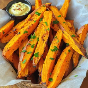 To make crispy baked sweet potato fries, you need just a few simple ingredients. Here’s what you’ll need: - 2 large sweet potatoes - 2 tablespoons extra-virgin olive oil - 1 teaspoon cornstarch - 1 teaspoon smoked paprika - 1/2 teaspoon garlic powder - 1/2 teaspoon onion powder - 1/4 teaspoon cayenne pepper (optional) - Salt and freshly ground black pepper - Fresh parsley for garnish These ingredients combine to create a flavorful and fun side dish. Sweet potatoes give a natural sweetness. Olive oil helps with that crispy texture. The cornstarch is the secret for extra crunch. Smoked paprika adds a nice depth of flavor. Garlic and onion powder bring warmth. Cayenne pepper can spice things up if you like it hot. Finally, salt and pepper enhance everything. Using fresh parsley on top not only looks nice but adds a fresh taste. This is the perfect mix for a tasty treat. You can find the full recipe in the recipe section to make it easy for you. 1. Preheat your oven to 425°F (220°C). It’s key for crispiness. 2. Line a large baking sheet with parchment paper. This helps fries not stick. 3. Take 2 large sweet potatoes. Rinse and cut them into even-sized fries. Try to keep them similar in size for even cooking. 4. Place the fries in a mixing bowl. Drizzle 2 tablespoons of olive oil over them. Mix well to coat each fry evenly. 1. Sprinkle 1 teaspoon of cornstarch over the fries. This helps them get that crispy texture. 2. Add spices: 1 teaspoon of smoked paprika, 1/2 teaspoon of garlic powder, 1/2 teaspoon of onion powder, and 1/4 teaspoon of cayenne pepper if you like spice. 3. Season with salt and black pepper to taste. Toss the fries gently to make sure they are all coated well with the seasonings. 1. Arrange the seasoned fries on your baking sheet. Make sure they are in a single layer. This allows air to flow and makes them crispy. 2. Bake in the preheated oven for 25 to 30 minutes. Flip the fries halfway through. This helps them brown evenly. 3. When they turn golden and crispy, they are ready. Let them cool for a few minutes before serving. Enjoy these crispy baked sweet potato fries with your favorite dips! For the full recipe, check out the detailed instructions. To get the best crispy fries, air circulation is key. When you spread the fries out on the baking sheet, make sure they aren't touching. This allows hot air to flow all around them. If your fries aren’t crispy enough, try adding a few extra minutes to the cooking time. Keep an eye on them to avoid burning. You can customize the spice levels based on your taste. If you like more heat, add more cayenne pepper. For a milder flavor, leave it out. You can also swap the spices for other favorites like chili powder or Italian herbs. Mix and match to find your perfect blend. An eye-catching way to serve your fries is in a cone or a basket with parchment paper. This makes them look fun and inviting. Pair your fries with tasty dipping sauces like spicy mayo, creamy ranch, or classic ketchup. It adds more flavor and makes the meal special. Enjoy your crispy baked sweet potato fries from the [Full Recipe]. {{image_4}} You can easily change the taste of your sweet potato fries. For a sweet and spicy option, drizzle them with maple syrup before baking. This will add a nice glaze and a kick of flavor. If you prefer herbs, try adding fresh rosemary or thyme. These herbs bring a savory touch that pairs well with the natural sweetness of the potatoes. Using an air fryer is a fantastic way to make crispy fries. Set your air fryer to 400°F (200°C) and cook them for about 15-20 minutes. Shake the basket halfway through to ensure even cooking. If you enjoy grilling, you can also grill sweet potato fries. Slice them thicker, brush with olive oil, and grill over medium heat for about 5-7 minutes on each side. This gives a nice smoky flavor. Sweet potato fries are great on their own, but you can elevate your meal. Pair them with grilled chicken, fish, or a fresh salad for a balanced dish. They also work well in meal prep. You can make a batch and store them in the fridge. Just reheat them for a quick snack or side dish. For a fun twist, serve them in a cone with a side of your favorite dipping sauce. Try creamy ranch, spicy mayo, or classic ketchup for added flavor. For the full recipe, check out the full recipe link! To keep your crispy baked sweet potato fries fresh, store them in the fridge. Place them in an airtight container. This helps maintain their flavor and texture. They can last for up to three days in the fridge. If you want to keep them longer, freezing is a great option. Place the fries in a freezer-safe bag. Remove as much air as you can before sealing. This prevents freezer burn and keeps them tasty. When you're ready to enjoy your leftovers, reheating is key. For crispy fries, use the oven. Preheat your oven to 400°F (200°C). Spread the fries in a single layer on a baking sheet. Heat for about 10 to 15 minutes, flipping halfway through. This method keeps the fries crispy. You can also use an air fryer. Set it to 380°F (193°C) and heat for about 5 to 7 minutes. Avoid using a microwave, as it can make the fries soggy. In the fridge, your fries can last about three days. In the freezer, they can last up to three months. When you store them correctly, you can enjoy them later without losing flavor or texture. Just remember to check for any signs of freezer burn if they are in the freezer for a while. How can I make sweet potato fries even crispier? To make your sweet potato fries crispier, soak them in cold water. Do this for at least 30 minutes. This helps remove excess starch. After soaking, dry them well with a towel. Also, use cornstarch before baking to create a crisp outer layer. Can I use regular potatoes instead? Yes, you can use regular potatoes. They will taste different but can still be delicious. You might need to adjust the cooking time. Regular potatoes may cook faster than sweet potatoes. What's the nutritional value of sweet potato fries? Sweet potato fries are high in vitamins A and C. They are also a good source of fiber. Compared to regular fries, they have fewer calories and more nutrients. This makes them a healthier choice for a snack or side dish. What is the optimal temperature for baking sweet potato fries? The best temperature for baking sweet potato fries is 425°F (220°C). This high heat helps them cook evenly and get crispy. How long should I bake them for the best results? Bake the fries for 25 to 30 minutes. Be sure to flip them halfway through to get an even golden color. They should look crispy and slightly browned when done. Can I use a different oil? Yes, you can use other oils like avocado oil or canola oil. Each oil has a different flavor, but all will work well for baking. What if I don't have cornstarch? If you don't have cornstarch, you can use potato starch or even flour. Both will help create a crisp texture. Just use the same amount as the cornstarch in the recipe. Making sweet potato fries is simple and fun. You learned the key ingredients and steps to create crispy fries. I shared tips for seasoning and presentation to elevate your meal. You can also explore variations and alternative cooking methods. Storing and reheating properly ensures you can enjoy leftovers without losing quality. Incorporate your favorite flavors and get creative. Remember, these fries are a tasty, healthy option for any meal. Enjoy your cooking adventure!
