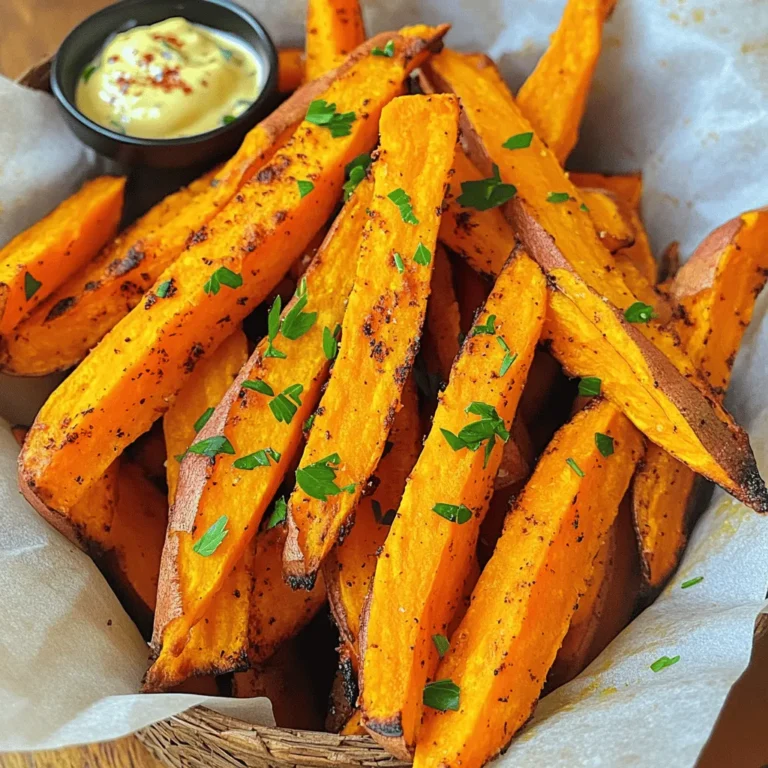To make crispy baked sweet potato fries, you need just a few simple ingredients. Here’s what you’ll need: - 2 large sweet potatoes - 2 tablespoons extra-virgin olive oil - 1 teaspoon cornstarch - 1 teaspoon smoked paprika - 1/2 teaspoon garlic powder - 1/2 teaspoon onion powder - 1/4 teaspoon cayenne pepper (optional) - Salt and freshly ground black pepper - Fresh parsley for garnish These ingredients combine to create a flavorful and fun side dish. Sweet potatoes give a natural sweetness. Olive oil helps with that crispy texture. The cornstarch is the secret for extra crunch. Smoked paprika adds a nice depth of flavor. Garlic and onion powder bring warmth. Cayenne pepper can spice things up if you like it hot. Finally, salt and pepper enhance everything. Using fresh parsley on top not only looks nice but adds a fresh taste. This is the perfect mix for a tasty treat. You can find the full recipe in the recipe section to make it easy for you. 1. Preheat your oven to 425°F (220°C). It’s key for crispiness. 2. Line a large baking sheet with parchment paper. This helps fries not stick. 3. Take 2 large sweet potatoes. Rinse and cut them into even-sized fries. Try to keep them similar in size for even cooking. 4. Place the fries in a mixing bowl. Drizzle 2 tablespoons of olive oil over them. Mix well to coat each fry evenly. 1. Sprinkle 1 teaspoon of cornstarch over the fries. This helps them get that crispy texture. 2. Add spices: 1 teaspoon of smoked paprika, 1/2 teaspoon of garlic powder, 1/2 teaspoon of onion powder, and 1/4 teaspoon of cayenne pepper if you like spice. 3. Season with salt and black pepper to taste. Toss the fries gently to make sure they are all coated well with the seasonings. 1. Arrange the seasoned fries on your baking sheet. Make sure they are in a single layer. This allows air to flow and makes them crispy. 2. Bake in the preheated oven for 25 to 30 minutes. Flip the fries halfway through. This helps them brown evenly. 3. When they turn golden and crispy, they are ready. Let them cool for a few minutes before serving. Enjoy these crispy baked sweet potato fries with your favorite dips! For the full recipe, check out the detailed instructions. To get the best crispy fries, air circulation is key. When you spread the fries out on the baking sheet, make sure they aren't touching. This allows hot air to flow all around them. If your fries aren’t crispy enough, try adding a few extra minutes to the cooking time. Keep an eye on them to avoid burning. You can customize the spice levels based on your taste. If you like more heat, add more cayenne pepper. For a milder flavor, leave it out. You can also swap the spices for other favorites like chili powder or Italian herbs. Mix and match to find your perfect blend. An eye-catching way to serve your fries is in a cone or a basket with parchment paper. This makes them look fun and inviting. Pair your fries with tasty dipping sauces like spicy mayo, creamy ranch, or classic ketchup. It adds more flavor and makes the meal special. Enjoy your crispy baked sweet potato fries from the [Full Recipe]. {{image_4}} You can easily change the taste of your sweet potato fries. For a sweet and spicy option, drizzle them with maple syrup before baking. This will add a nice glaze and a kick of flavor. If you prefer herbs, try adding fresh rosemary or thyme. These herbs bring a savory touch that pairs well with the natural sweetness of the potatoes. Using an air fryer is a fantastic way to make crispy fries. Set your air fryer to 400°F (200°C) and cook them for about 15-20 minutes. Shake the basket halfway through to ensure even cooking. If you enjoy grilling, you can also grill sweet potato fries. Slice them thicker, brush with olive oil, and grill over medium heat for about 5-7 minutes on each side. This gives a nice smoky flavor. Sweet potato fries are great on their own, but you can elevate your meal. Pair them with grilled chicken, fish, or a fresh salad for a balanced dish. They also work well in meal prep. You can make a batch and store them in the fridge. Just reheat them for a quick snack or side dish. For a fun twist, serve them in a cone with a side of your favorite dipping sauce. Try creamy ranch, spicy mayo, or classic ketchup for added flavor. For the full recipe, check out the full recipe link! To keep your crispy baked sweet potato fries fresh, store them in the fridge. Place them in an airtight container. This helps maintain their flavor and texture. They can last for up to three days in the fridge. If you want to keep them longer, freezing is a great option. Place the fries in a freezer-safe bag. Remove as much air as you can before sealing. This prevents freezer burn and keeps them tasty. When you're ready to enjoy your leftovers, reheating is key. For crispy fries, use the oven. Preheat your oven to 400°F (200°C). Spread the fries in a single layer on a baking sheet. Heat for about 10 to 15 minutes, flipping halfway through. This method keeps the fries crispy. You can also use an air fryer. Set it to 380°F (193°C) and heat for about 5 to 7 minutes. Avoid using a microwave, as it can make the fries soggy. In the fridge, your fries can last about three days. In the freezer, they can last up to three months. When you store them correctly, you can enjoy them later without losing flavor or texture. Just remember to check for any signs of freezer burn if they are in the freezer for a while. How can I make sweet potato fries even crispier? To make your sweet potato fries crispier, soak them in cold water. Do this for at least 30 minutes. This helps remove excess starch. After soaking, dry them well with a towel. Also, use cornstarch before baking to create a crisp outer layer. Can I use regular potatoes instead? Yes, you can use regular potatoes. They will taste different but can still be delicious. You might need to adjust the cooking time. Regular potatoes may cook faster than sweet potatoes. What's the nutritional value of sweet potato fries? Sweet potato fries are high in vitamins A and C. They are also a good source of fiber. Compared to regular fries, they have fewer calories and more nutrients. This makes them a healthier choice for a snack or side dish. What is the optimal temperature for baking sweet potato fries? The best temperature for baking sweet potato fries is 425°F (220°C). This high heat helps them cook evenly and get crispy. How long should I bake them for the best results? Bake the fries for 25 to 30 minutes. Be sure to flip them halfway through to get an even golden color. They should look crispy and slightly browned when done. Can I use a different oil? Yes, you can use other oils like avocado oil or canola oil. Each oil has a different flavor, but all will work well for baking. What if I don't have cornstarch? If you don't have cornstarch, you can use potato starch or even flour. Both will help create a crisp texture. Just use the same amount as the cornstarch in the recipe. Making sweet potato fries is simple and fun. You learned the key ingredients and steps to create crispy fries. I shared tips for seasoning and presentation to elevate your meal. You can also explore variations and alternative cooking methods. Storing and reheating properly ensures you can enjoy leftovers without losing quality. Incorporate your favorite flavors and get creative. Remember, these fries are a tasty, healthy option for any meal. Enjoy your cooking adventure!