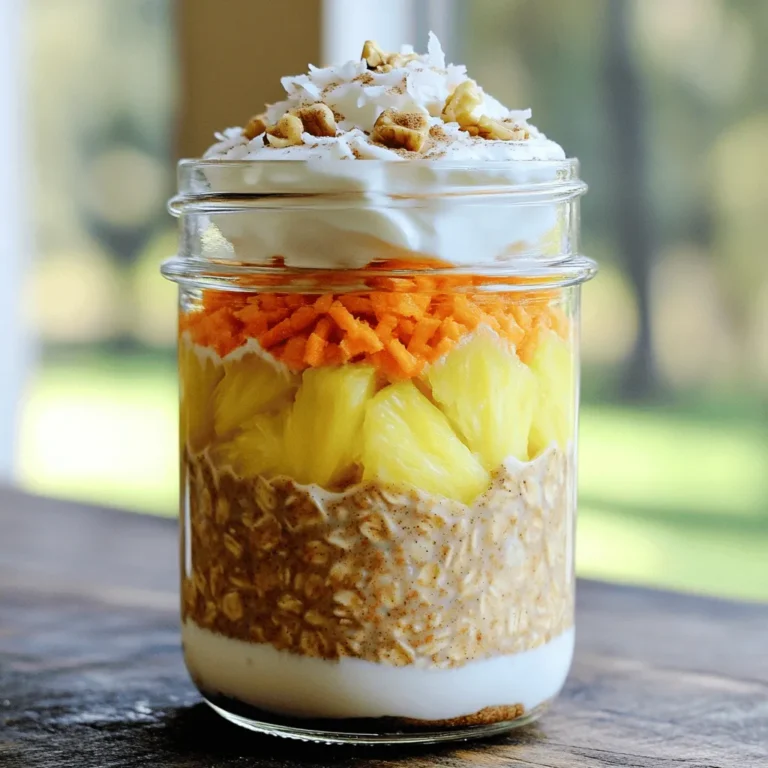 To make carrot cake overnight oats, you need fresh and simple ingredients. Each one adds flavor and texture. Here’s a detailed list of what you will need: - 1 cup rolled oats - 1 ½ cups almond milk (or any milk of your choice) - 1 medium carrot, finely grated - 1 tablespoon chia seeds - 1 tablespoon maple syrup (or honey for sweetness) - ½ teaspoon ground cinnamon - ¼ teaspoon ground nutmeg - ¼ cup crushed pineapple, thoroughly drained - 2 tablespoons raisins - 2 tablespoons chopped walnuts (optional, for added crunch) - Pinch of salt - Greek yogurt for a creamy topping (optional) - Shredded coconut for a decorative garnish (optional) Each ingredient plays a key role. The rolled oats form the base. Almond milk gives a creamy texture. Finely grated carrot gives that classic flavor. Chia seeds thicken the mix. Maple syrup or honey adds sweetness. Ground cinnamon and nutmeg bring warmth and spice. Crushed pineapple gives a juicy twist. Raisins add chewiness, while walnuts offer crunch. A pinch of salt enhances all the flavors. Greek yogurt makes it creamy, and shredded coconut adds a fun touch on top. For the full recipe, check out the Carrot Cake Overnight Oats 🥕 section. - In a large bowl, mix the rolled oats and almond milk. - Add the finely grated carrot, chia seeds, and maple syrup. - Sprinkle in the ground cinnamon, nutmeg, and pinch of salt. - Stir until the mixture is well blended and smooth. - Fold in the drained crushed pineapple, raisins, and walnuts. - Carefully divide the mixture into two jars or containers. - Seal the containers tightly to keep them fresh. - Place them in the fridge overnight, or for at least six hours. - When ready to eat, top with Greek yogurt for creaminess. - Sprinkle shredded coconut on top for a fun touch. - If you want more flavor, add walnuts or raisins. - If the oats are too thick, add a splash of almond milk. - Stir well to achieve your preferred consistency. - Enjoy these tasty carrot cake oats chilled as breakfast or a snack! For the full recipe, check out the details above. Soaking the oats overnight is key. This allows them to absorb the liquid and soften. The longer they soak, the creamier they get. You can adjust the liquid to get your favorite thickness. If you like it thicker, use less milk. For a runnier mix, add more milk before serving. Get creative with spices! You can add more cinnamon or try ginger for a twist. Vanilla extract also works well. Honey and maple syrup add sweetness. If you want less sugar, use less syrup. Balance is important for the best flavor. Layering adds fun! Start with oats, then add yogurt, and top with fruit. Use jars for a pretty look. Colorful toppings, like berries or nuts, make it pop. You can even sprinkle coconut for a tropical feel. A visually appealing dish makes breakfast even better! For the full recipe, refer to the Carrot Cake Overnight Oats section. {{image_4}} If you want to skip the nuts, there are great options. Instead of walnuts, try seeds. Sunflower seeds or pumpkin seeds add a nice crunch. You can also use toasted coconut for a fun texture. For a nut-free topping, use extra raisins or even some granola. These swaps keep your carrot cake overnight oats tasty without any nuts. To make this recipe vegan, choose plant-based milk. Almond milk is a great choice, but you can use oat milk or coconut milk too. For toppings, skip the Greek yogurt or use a dairy-free yogurt. You can also add more fruit, like banana slices or berries, for extra creaminess and flavor. This way, you keep it vegan while still enjoying a delicious meal. You can easily change the flavors based on the season. In fall, add chopped apples or pears. Cinnamon pairs well with these fruits for a cozy taste. In winter, consider using spices like ginger or cardamom. These spices warm up the flavor and make it special for cold months. Experimenting with different fruits and spices can keep your carrot cake overnight oats fresh and exciting all year round! To keep your carrot cake overnight oats fresh, store them in airtight containers. This will prevent any unwanted odors from your fridge. The oats will last up to five days in the fridge. However, the longer they sit, the softer they become. You may want to enjoy these tasty oats within the first three days for the best texture. Yes, you can freeze carrot cake overnight oats! Just make sure to use freezer-safe containers. They can last up to three months in the freezer. When you are ready to eat, take them out and thaw them overnight in the fridge. If you need them fast, you can thaw them in the microwave on low power. Stir well before serving to get the right consistency. I recommend using glass jars for storage. They are better for the environment and keep your food fresh. Glass does not absorb odors or stains like plastic. If you prefer plastic, choose BPA-free options. Make sure the containers are airtight to keep your oats safe and tasty. You can use quick oats, but the texture changes. Quick oats cook faster and get mushy. Rolled oats stay chewy and absorb flavors better. For carrot cake overnight oats, I prefer rolled oats for that satisfying bite. Soak the oats for at least six hours. This time lets the oats absorb the liquid. You can soak them overnight for the best flavor. The longer they soak, the creamier they become. Yes! You can prepare these oats in advance. Just mix everything and store in jars. They last for up to five days in the fridge. This makes busy mornings easier and tastier. Enjoy a gourmet meal without the rush. For the full recipe, check the earlier section. This blog post covered a fun and tasty recipe for carrot cake overnight oats. You learned about every ingredient and how they come together to create a healthy dish. I shared tips to achieve the best texture and flavor, along with ideas for variety and storage. These oats are great for breakfast or a snack. With the right tweaks, you can make them fit your taste. Enjoy your oats and get creative with toppings!